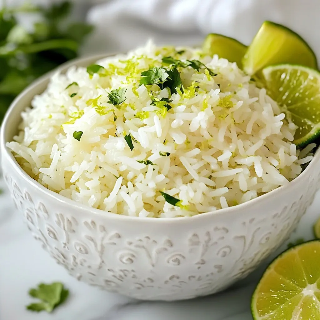 - 1 cup jasmine rice - 1 cup coconut milk - 1/2 cup water - Zest of 1 lime - 2 tablespoons freshly squeezed lime juice - 1 tablespoon light brown sugar - 1/2 teaspoon sea salt - Fresh cilantro - Lime wedges Using fresh and simple ingredients makes your coconut lime rice shine. I love jasmine rice for its fragrant aroma and fluffy texture. Coconut milk gives the dish a rich, creamy feel. Fresh lime adds a zesty kick. Light brown sugar balances the flavors with a hint of sweetness. Sea salt enhances the taste and brings everything together. For garnishes, I always recommend fresh cilantro. It adds a bright green touch and fresh flavor. Lime wedges on the side let you add more zing to your rice if you wish. This dish is all about fresh, vibrant flavors that transport you to a tropical paradise. Enjoy the simple joy of these ingredients as they come together for a delightful meal. {{ingredient_image_2}} Start by rinsing the jasmine rice thoroughly under cold running water. Rinsing helps remove excess starch. This step is key to avoid sticky rice. Keep rinsing until the water runs clear. After rinsing, drain the rice well to remove any excess moisture. Next, grab a medium saucepan. Pour in 1 cup of coconut milk and 1/2 cup of water. Add the zest of 1 lime, 2 tablespoons of lime juice, 1 tablespoon of light brown sugar, and 1/2 teaspoon of sea salt. Stir the mixture gently over medium heat. Keep stirring until it just begins to warm up and reaches a gentle boil. Once boiling, carefully stir in the rinsed jasmine rice. Lower the heat to low and cover the saucepan tightly. Allow the rice to simmer for about 15 to 18 minutes. Check that the rice grains are tender and the liquid has fully absorbed. After cooking, take the saucepan off the heat but leave the lid on. Let the rice sit for 5 minutes. This resting time helps the rice become fluffy. Once rested, gently fluff the rice using a fork. Be careful not to mash the grains. Taste the rice; if you wish, adjust the flavor with a pinch more salt or an extra squeeze of lime juice. Transfer the coconut lime rice to a serving dish or individual bowls. Garnish with fresh cilantro leaves for a pop of color. Serve lime wedges on the side for an extra burst of citrus. Enjoy your delicious coconut lime rice! Rinsing rice is key to great texture. It removes extra starch, so the rice doesn’t clump. Rinse it under cold water until the water runs clear. This step keeps the rice fluffy. For cooking time, aim for 15 to 18 minutes on low heat. This allows the rice to absorb all the flavors. Adjust the lime juice and salt to your taste. Start with what the recipe says, then add more if needed. Using organic lime gives a zestier flavor. The zest adds brightness, while the juice balances sweetness from the brown sugar. Coconut lime rice pairs well with many proteins. Try it alongside grilled chicken, shrimp, or tofu. For a fun twist, serve it with fish tacos or as a bed for stir-fried veggies. You can also use it as a base for a tropical bowl with fresh fruit. Enjoy experimenting with how you serve this dish! Pro Tips Rinse the Rice: Thoroughly rinsing the jasmine rice helps to remove excess starch, resulting in a fluffier texture that won’t clump together. Use Fresh Ingredients: For the best flavor, opt for fresh lime juice and organic limes. Fresh ingredients enhance the overall taste of the dish. Let it Rest: After cooking, allow the rice to sit covered for a few minutes. This steaming process ensures a light and fluffy texture. Adjust Flavors: Taste the rice before serving and feel free to adjust with more lime juice or salt to suit your personal preference. {{image_4}} You can easily add ingredients to coconut lime rice for more flavor. - Incorporating vegetables: Try adding diced bell peppers, carrots, or peas. These add color and crunch. Cook them with the rice or steam them lightly before mixing. - Mixing in nuts or seeds: Chopped cashews or toasted sesame seeds can add a delightful crunch. Stir them in after cooking for a tasty twist. Switching the type of rice can change the dish's texture and flavor. - Using brown rice: Brown rice gives a nuttier flavor and is more nutritious. Just remember, it takes longer to cook, about 40-45 minutes. - Alternative grains like quinoa: Quinoa is a great gluten-free option. It cooks faster than brown rice and adds a fluffy texture. Use a 2:1 water ratio for best results. You can play with flavors to make coconut lime rice your own. - Experimenting with different citrus zest: Try orange or lemon zest for a different citrus kick. Each brings a unique flavor profile to the dish. - Adding spices like cumin or ginger: A pinch of cumin adds warmth, while fresh ginger gives a bright, spicy note. Mix these in during the cooking phase for the best flavor fusion. To keep your coconut lime rice fresh, use proper storage containers. I recommend airtight glass containers. They prevent moisture loss and keep flavors intact. Let the rice cool down to room temperature before storing. This helps avoid condensation inside the container. After cooling, seal the container and place it in the fridge. Coconut lime rice stays good for up to four days in the refrigerator. When it's time to enjoy your leftovers, reheating properly is key. Use a microwave or stovetop for the best results. If using a microwave, place the rice in a bowl. Add a splash of water to keep it moist. Cover the bowl with a damp paper towel. Heat it in short bursts, stirring in between. If you use the stovetop, warm the rice over low heat. Stir in a little water to avoid stickiness. This method helps keep the rice fluffy and delicious. Yes, you can use other rice types. Here are some alternative rice options: - Basmati rice: This rice adds a nice aroma. - Brown rice: It offers a nuttier flavor and more fiber. - Wild rice: This gives a chewy texture and earthy taste. - Quinoa: A gluten-free option packed with protein. Each option may change the cooking time and texture. Adjust the water ratios as needed for best results. To make coconut lime rice vegan, ensure all ingredients are plant-based. Here’s how: - Use coconut milk: It’s naturally vegan. - Choose light brown sugar or a vegan alternative. - Ensure no animal-based products are in any added flavors. This way, you can enjoy a creamy and zesty dish without animal products. Coconut lime rice pairs well with many dishes. Here are some suggested pairings: - Grilled chicken: The rice complements the smoky flavor. - Fish tacos: The zesty rice balances the spices. - Stir-fried vegetables: Adds color and nutrition. - Black beans: A hearty, protein-rich option. Try these pairings to create a delicious meal that shines! In this article, I covered how to make delicious coconut lime rice. I discussed key ingredients like jasmine rice, coconut milk, and fresh lime. You learned easy steps for preparation and cooking, plus tips to enhance flavor. I shared fun variations, storage tips, and answers to common questions. Coconut lime rice is not just tasty; it's also flexible. You can customize it to fit any meal. Enjoy your cooking journey, and have fun trying new flavors!