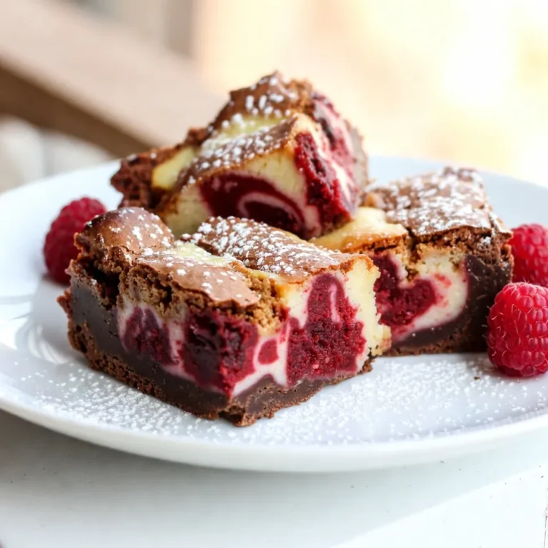 - 1 cup unsalted butter, melted - 1 ½ cups granulated sugar - 1 teaspoon vanilla extract - 4 large eggs - 1 ¾ cups all-purpose flour - ¼ cup unsweetened cocoa powder - 1 teaspoon baking powder - ½ teaspoon salt - 1 tablespoon red food coloring - 8 oz cream cheese, softened to room temperature - ½ cup powdered sugar - 1 teaspoon vanilla extract (for cheesecake layer) When I make red velvet cheesecake brownies, I love using fresh and high-quality ingredients. The unsalted butter gives the brownies a rich flavor. The granulated sugar balances the cocoa’s bitterness. Vanilla extract adds warmth. Eggs keep the brownies fluffy and moist. All-purpose flour provides structure. Unsweetened cocoa powder gives a deep chocolate taste. Baking powder helps them rise. A pinch of salt boosts flavor. Red food coloring gives them that iconic look! For the creamy cheesecake layer, I use softened cream cheese and powdered sugar. This mix adds a delightful tang. I also add more vanilla to this layer for extra flavor. - Fresh raspberries - Whipped cream - Powdered sugar for dusting For a fun touch, I love to add fresh raspberries on top. Their tart flavor pairs well with the sweet brownies. A dollop of whipped cream adds creaminess. Dusting with powdered sugar makes the dish look fancy. These garnishes make the brownies even more tempting! {{ingredient_image_2}} - Preheat oven to 350°F (175°C). - Grease a 9x13 inch baking pan with butter or non-stick spray. - In a large bowl, combine melted butter and granulated sugar. - Add 1 teaspoon of vanilla extract and mix until smooth. - Crack in 4 large eggs, mixing well after each one. - In a separate bowl, sift together flour, cocoa powder, baking powder, and salt. - Gradually add the dry mix to the wet mix, stirring gently. - Add 1 tablespoon of red food coloring and mix until vibrant. - In a clean bowl, beat 8 oz of cream cheese until smooth. - Gradually mix in ½ cup powdered sugar and 1 teaspoon vanilla extract. - Carefully spread this cheesecake mixture over the brownie batter in the pan. - Pour the remaining brownie batter over the cheesecake layer. - Use a knife to gently swirl the layers for a marbled effect. - Bake for 30-35 minutes. Check doneness with a toothpick; it should have a few moist crumbs. - Let the brownies cool in the pan for about 15 minutes. - Transfer them to a wire rack to cool completely before cutting into squares. To get light and fluffy brownies, mixing is key. Start by blending the wet ingredients well. This helps air mix in, giving you that nice lift. Once you add the dry ingredients, stir gently. Overmixing can make brownies dense and heavy. Just mix until you see no dry flour. Storing brownies correctly keeps them fresh. Let them cool completely before storage. Place brownies in an airtight container. They stay good for up to a week at room temperature. You can also refrigerate them for longer shelf life, about two weeks. For a great look, serve brownies on a nice plate. Dust with powdered sugar for a sweet touch. Add fresh raspberries for color. You can also serve them with whipped cream on the side. This makes a simple dessert feel fancy and fun! Pro Tips Use Room Temperature Ingredients: Ensure that your eggs and cream cheese are at room temperature before mixing. This helps create a smoother batter and cheesecake layer. Don’t Overmix the Batter: When combining wet and dry ingredients, mix until just combined. Overmixing can lead to dense brownies. Perfect Swirl Technique: Use a knife or skewer to create a gentle swirl between the brownie and cheesecake layers. This will enhance the visual appeal and flavor. Cool Completely Before Cutting: Allow the brownies to cool completely on a wire rack before cutting. This helps them set up nicely and prevents them from falling apart. {{image_4}} You can make these brownies even more fun. Try adding nuts or chocolate chips. Chopped walnuts or pecans add a nice crunch. Chocolate chips can make the brownies extra chocolatey. Just fold them into the batter before baking. You can also explore alternative flavorings. For a twist, use almond extract instead of vanilla. This adds a sweet, nutty touch. You could even mix in some mint extract for a fresh flavor. If you need gluten-free options, you can use gluten-free flour. It works well in this recipe. Just replace the all-purpose flour with a gluten-free blend. Your brownies will still taste great. For vegan alternatives, swap the eggs with flaxseed meal or applesauce. Use dairy-free cream cheese for the cheesecake layer. These changes keep the brownies delicious and friendly for everyone. You can serve these brownies in fun ways. Mini brownie bites are perfect for parties. Use a small scoop to create bite-sized treats. They are easy to share and look cute on a platter. Layered dessert cups make a lovely presentation. Create layers of brownie and cheesecake in clear cups. Top with whipped cream and berries for a colorful treat. This style turns a simple brownie into an eye-catching dessert! Red velvet brownies stand out due to their unique flavor and color. They have a light cocoa taste and a slight tang from the cream cheese. The vibrant red color makes them visually striking. Regular brownies often taste richer and darker since they use more cocoa. The red velvet version feels festive, perfect for special occasions. You can make these brownies ahead of time. Bake them and let them cool completely. Then, store them in an airtight container. They stay fresh for about three days at room temperature. For longer storage, you can freeze them. Just wrap them tightly in plastic wrap and foil. Thaw them in the fridge when you're ready to enjoy. To check if your brownies are done, use a toothpick. Insert it into the center of the brownies. If it comes out with a few moist crumbs, they are perfect. If the toothpick is wet, bake them a little longer. Keep an eye on them, as overbaking can lead to dry brownies. The prep time for these red velvet cheesecake brownies is just 15 minutes. You will then bake them for 30 to 35 minutes. This makes the total time about 1 hour from start to finish. This recipe serves about 12 to 16 squares. You can cut them smaller for bite-sized treats or larger for a big dessert. Each brownie square has around 250 calories. The exact numbers can change based on the size of your squares and any toppings you add. This blog post covered how to make delicious red velvet brownies. You learned about the key ingredients, simple steps, and helpful tips. I shared ideas for flavor variations and ways to serve. Baking these brownies can be fun and rewarding. You can impress others with your skill. Try your own twists and enjoy the process. Happy baking!