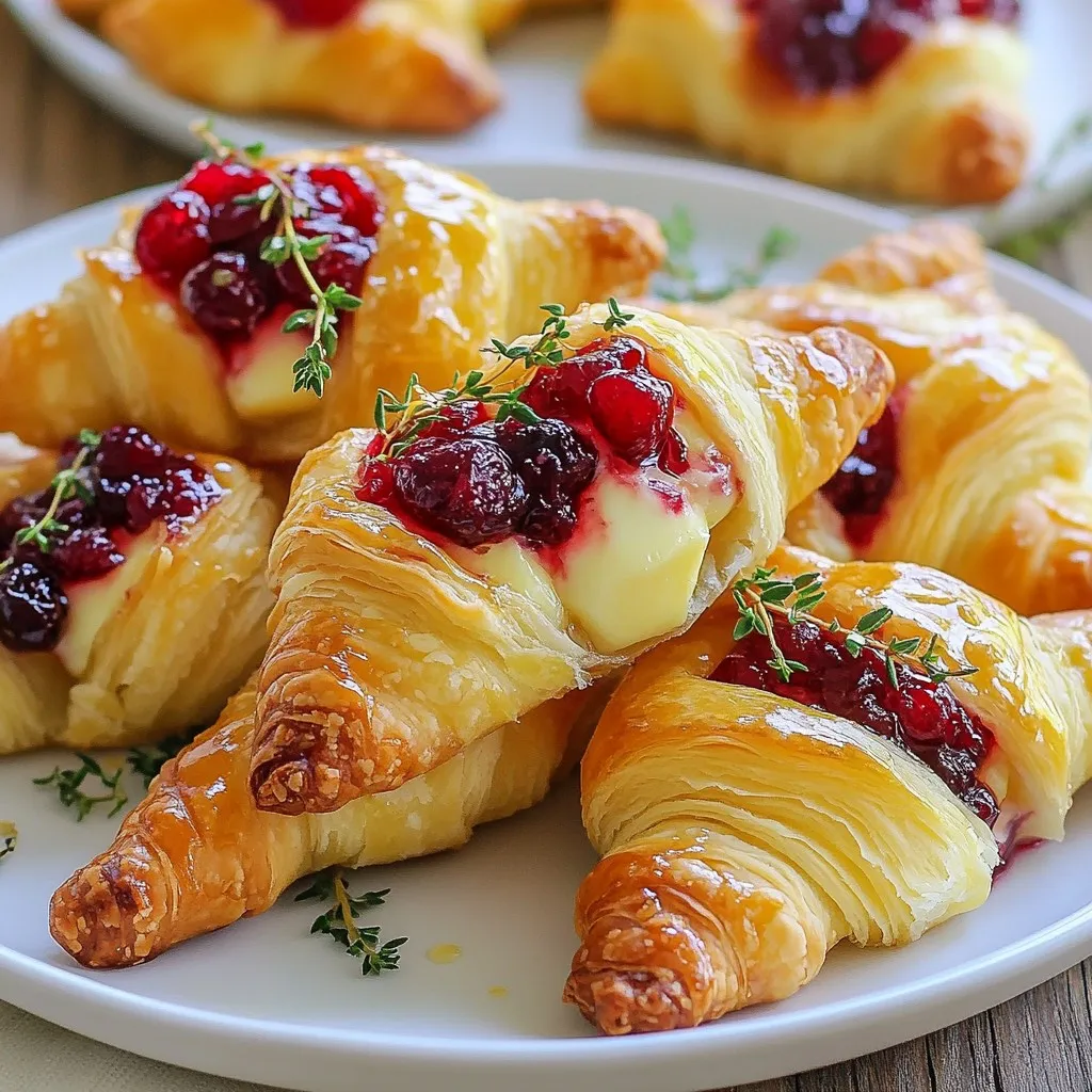- 1 package (8 oz) refrigerated crescent roll dough - 1 cup brie cheese, cut into small cubes - 1 cup cranberry sauce (homemade or store-bought) - 1 tablespoon honey - 1 teaspoon fresh thyme leaves (optional) - 1 egg, beaten (for egg wash) - Sea salt, for sprinkling - Additional garnishes (optional) The key to making great Cranberry Brie Crescent Bites lies in the ingredients. First, you need the crescent roll dough. This dough gives a flaky and soft base. Next, the brie cheese adds a creamy, rich flavor. You can cut it into small cubes for easy handling. Cranberry sauce is next. You can use homemade or store-bought, but I love making my own. The sweetness of the cranberry sauce pairs perfectly with the brie. Adding honey boosts the sweetness and brings out the flavors even more. Fresh thyme leaves can add a nice touch, but it's optional. They give a fresh taste that balances the richness of the cheese. To make the bites shiny, we will use a beaten egg for the egg wash. Finally, sprinkle some sea salt on top before baking. This enhances the flavor and adds a nice crunch. Feel free to add any extra garnishes that you like. Fresh thyme sprigs or more cranberry sauce make great options. The right ingredients set the stage for an amazing holiday treat! {{ingredient_image_2}} - Preheat your oven to 375°F (190°C). - Prepare a baking sheet with parchment paper. - Separate and roll out the crescent dough triangles. - Add brie cheese, cranberry sauce, and honey to each triangle. - Optionally add thyme leaves for flavor. - Roll up the triangles starting from the wide end. - Brush with egg wash and sprinkle with sea salt. - Bake until golden brown (12-15 minutes) and serve warm. When you start, preheating your oven is key. Set it to 375°F (190°C) for perfect bites. Next, grab a baking sheet and line it with parchment paper. This helps each bite crisp up and makes cleanup easy. For the dough, unroll the crescent roll package. Carefully separate the triangles. Make sure not to tear the dough. Take your time; this is where the magic begins. Now, let's fill those triangles! Place a small cube of brie at the wide end of each triangle. Then, add a spoonful of cranberry sauce on top of the brie. This sweet and tart sauce pairs well with the creamy cheese. Drizzle a bit of honey over the sauce to enhance the flavors. If you want to add a touch of herbs, sprinkle some thyme leaves on top. Next, roll each triangle from the wide end to the pointed end. Tuck in the filling as you roll. This keeps everything inside and helps the bites hold their shape. Once rolled, place them on your baking sheet. Make sure to leave space between each bite for even baking. To give them a nice shine, brush the tops with a beaten egg. This golden color will make them look extra tasty. Sprinkle a little sea salt on top for added flavor and crunch. Now, it’s time to bake! Place the sheet in the oven and set a timer for 12-15 minutes. Watch them closely until they turn golden brown. Your kitchen will smell amazing. When they are done, take them out and let them cool for a few minutes. Enjoy these warm, or let them sit for a bit if you prefer. How to select the best brie cheese. When choosing brie, look for a creamy texture and a white rind. The cheese should feel soft but not runny. A good brie will have a fresh, earthy smell. Try to find a cheese made from raw milk for a richer taste. Recommendations for ideal cranberry sauce options. You can use homemade or store-bought cranberry sauce. If you make your own, include sugar, orange zest, and spices for depth. A smooth sauce spreads easily, while a chunky one adds texture. Choose a sauce that balances sweet and tart flavors for the best results. Tips for plating and garnishing your Crescent Bites. Serve your bites on a rustic wooden platter or bright-colored plate. For a nice touch, add sprigs of fresh thyme or rosemary around the bites. You can also drizzle some extra honey on top for a glossy finish. Suggestions for serving with complementary dips. Pair your bites with a side of extra cranberry sauce or a sweet mustard dip. A tangy yogurt dip can also work well. These dips add new flavors and make your snack even more fun to enjoy! Pro Tips Use High-Quality Brie: Opt for a good quality brie cheese for a creamier texture and richer flavor in your bites. Customize the Filling: Feel free to experiment with different jams or preserves, such as fig or raspberry, for a unique twist on the classic flavor. Keep Dough Chilled: If the crescent roll dough gets warm while working with it, it may become difficult to handle. Keep it chilled until ready to use. Serve with Dipping Sauce: Pair these bites with a side of warm cranberry sauce or a honey balsamic reduction for an extra layer of flavor. {{image_4}} You can change the flavor of your Cranberry Brie Crescent Bites by swapping some ingredients. For a twist, try using goat cheese instead of brie. Goat cheese has a tangy taste that pairs well with cranberry. It adds a new layer of flavor while still being creamy. Another fun option is to switch up the fruit preserves. Instead of cranberry sauce, use apricot jam or fig chutney. These options provide a sweet and unique taste that complements the cheese nicely. Try different combinations to find your favorite! If you need gluten-free options, look for gluten-free crescent roll dough. Many brands offer great alternatives that taste good and work well in this recipe. For a vegan version, skip the brie cheese and use plant-based cheese. There are many tasty vegan cheeses available today. You can also replace the egg wash with a splash of plant-based milk. This will help the bites get that lovely golden color while keeping everything vegan-friendly. To keep your Cranberry Brie Crescent Bites fresh, place them in an airtight container. Make sure they cool down to room temperature first. Store them in the refrigerator. They will last for about 3 days. When ready to eat, you can reheat them. Just pop them in the oven at 350°F (175°C) for about 10 minutes. This way, they will regain their crispy texture. You can freeze these bites either before or after baking. If you freeze them before baking, roll them up and place them on a baking sheet. Then, freeze them for about an hour. After they are firm, transfer them to a freezer bag. They will last up to 3 months. To bake from frozen, add a few extra minutes to the baking time. If you freeze them after baking, let them cool completely first. Wrap each bite in plastic wrap and place them in a freezer bag. To reheat, let them thaw in the fridge overnight and then warm them in the oven. This keeps them tasty and fresh! Yes, you can make these bites ahead of time. Prepare them up to the baking step. Cover them and store in the fridge for up to 24 hours. When ready to bake, just pop them in the oven. They will be just as tasty! If you want to swap honey, try maple syrup or agave nectar. Both add a nice sweetness. You can also use brown sugar for a different flavor. Just adjust the amount to taste. Absolutely! You can use cream cheese for a milder taste. Goat cheese also works well, offering a tangy flavor. Cheddar or gouda can add a rich twist too. Choose what you love best! Look for a golden brown color on the bites. They should puff up nicely. A light, crispy texture means they are ready. Trust your nose; they will smell amazing when done! These Cranberry Brie Crescent Bites are simple to make and delicious. You learned how to prepare them with key ingredients, step-by-step instructions, and helpful tips. Remember, you can easily customize flavors and store leftovers. Whether you make these for a party or just a snack, they will impress anyone. Enjoy your cooking and let your creativity shine in the kitchen.