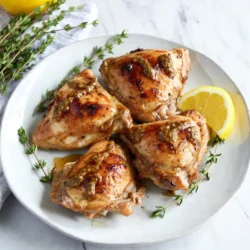 - 4 boneless, skinless chicken thighs - 1/4 cup pure maple syrup - 2 tablespoons Dijon mustard - 1 tablespoon soy sauce (or tamari for gluten-free) - 2 cloves garlic, minced - 1 teaspoon fresh thyme leaves (or 1/3 teaspoon dried thyme) - Salt and pepper to taste - 1 tablespoon olive oil - Lemon slices, for garnish (optional) When I make Maple Dijon Chicken Thighs, I love the mix of sweet and tangy. The chicken thighs are juicy and full of flavor. The maple syrup adds a rich sweetness. The Dijon mustard brings a nice bite. Together, they create a tasty marinade that makes the chicken shine. - Fresh thyme sprigs - Lemon slices - Chopped parsley Garnishes make the dish pop. Fresh thyme adds color and flavor. Lemon slices brighten the meal. You can also use chopped parsley for a fresh touch. - Use chicken breasts instead of thighs for a leaner option. - Try honey in place of maple syrup for a different sweet flavor. - Use apple cider vinegar instead of soy sauce for a tangy twist. - Swap garlic cloves with garlic powder if needed. These substitutions keep the dish flexible. You can mix it up to suit your taste or what you have on hand. This makes the recipe fun and easy to adapt. {{ingredient_image_2}} To start, grab a large mixing bowl. Add 1/4 cup of pure maple syrup. Next, add 2 tablespoons of Dijon mustard. Pour in 1 tablespoon of soy sauce. Then, toss in 2 minced garlic cloves and 1 teaspoon of fresh thyme. Season with salt and pepper. Whisk this mixture until it blends well. This marinade gives the chicken a sweet and tangy flavor. Now, it's time to marinate the chicken. Place 4 boneless, skinless chicken thighs into the bowl. Make sure each thigh gets a good coat of the marinade. Cover the bowl tightly with plastic wrap or a lid. Place the bowl in the fridge for at least 30 minutes. If you want a stronger flavor, let it sit for up to 2 hours. Preheat your oven to 400&deg;F (200&deg;C) before removing the chicken. Heat 1 tablespoon of olive oil in an oven-safe skillet over medium-high heat. When the oil shimmers, take the chicken out of the marinade. Let any extra marinade drip off. Place the chicken thighs in the skillet, searing each side for about 4-5 minutes. Look for a nice golden-brown crust. After searing, pour the leftover marinade over the chicken. Transfer the skillet to the oven. Bake for 20-25 minutes until the chicken reaches 165&deg;F (75&deg;C). Once done, take the skillet out. Cover the chicken loosely with foil for 5 minutes. This resting time keeps it juicy. Marinating is key for great flavor. Here are my tips: - Use a glass or plastic bowl for marinating. Avoid metal, as it can react with the marinade. - Make sure to cover your bowl tightly. This keeps the flavors in and prevents spills. - For the best taste, marinate for at least 30 minutes. If you have time, marinate for up to 2 hours. - Flip the chicken halfway through. This helps the marinade coat all sides evenly. Searing gives the chicken a nice crust. Here&rsquo;s how to do it: - Heat your skillet until it shimmers. This means it&rsquo;s hot enough for searing. - Do not overcrowd the skillet. Cook in batches if needed to avoid steaming. - Let the chicken sear without moving it for 4-5 minutes. This helps form a golden crust. - Flip the chicken gently. Use tongs to avoid tearing the meat. Cooking chicken properly is vital for safety. Follow these steps: - Use a meat thermometer. The chicken should reach 165&deg;F (75&deg;C) in the thickest part. - After baking, let the chicken rest for about 5 minutes. This keeps the juices inside. - Check for clear juices. If the juices run clear, the chicken is cooked through. - If unsure, cut into the thickest part. The meat should be opaque with no pink inside. Pro Tips Marination Time: The longer you marinate the chicken, the deeper the flavor will be. Aim for at least 2 hours, or even overnight for maximum taste. Searing Technique: Ensure the skillet is hot enough before adding the chicken to get a perfect sear. This adds a delicious crust and locks in moisture. Resting Period: Let the chicken rest after baking. This allows the juices to redistribute, resulting in a juicier, more flavorful dish. Serving Suggestions: Pair this dish with roasted vegetables or a fresh salad to balance the sweetness of the maple syrup and the tanginess of the Dijon mustard. {{image_4}} You can change the flavor of your Maple Dijon Chicken Thighs with a few simple tweaks. Try adding a splash of apple cider vinegar for a tangy twist. You can also mix in some crushed red pepper flakes for heat. If you like herbs, fresh rosemary or oregano work great. For a sweeter touch, add a bit of brown sugar to the marinade. Each of these options can make your dish unique and exciting. You don&rsquo;t have to stick to the oven for this recipe. You can use a grill instead. Just preheat your grill and cook the marinated thighs for 6-8 minutes on each side. Ensure they reach the right temperature. An air fryer is another great choice. Set it to 375&deg;F (190&deg;C) and cook for about 20 minutes. This method gives you crispy skin with less oil. Each appliance adds a new flavor and texture to the chicken. Pair your chicken thighs with sides that complement their sweet and savory taste. Roasted vegetables like carrots and Brussels sprouts work well. You can also serve them with rice or quinoa to soak up the delicious sauce. A fresh salad with a light vinaigrette adds a nice crunch. For something hearty, mashed potatoes or sweet potato wedges are great options. Each side can enhance your meal and make it even more enjoyable. To keep your Maple Dijon chicken thighs fresh, place them in an airtight container. Make sure to let them cool down to room temperature before sealing. Store them in the fridge for up to 3 days. This way, you can enjoy the flavors later without losing taste or texture. When you're ready to eat the leftovers, preheat your oven to 350&deg;F (175&deg;C). Place the chicken thighs on a baking tray. Cover them with foil to keep moisture in. Heat for about 15-20 minutes, or until they are warm throughout. You can also use a microwave if you're in a rush. Just heat in short bursts, checking often. If you want to save some for later, freezing is a great option. First, let the chicken cool completely. Then, wrap each thigh in plastic wrap or foil. Place them in a freezer-safe bag or container. They can last for up to 3 months in the freezer. When you're ready to eat, thaw them in the fridge overnight before reheating. This helps keep the chicken juicy and tasty. Yes, you can use bone-in chicken thighs. They add more flavor and moisture. Just increase the cooking time. Aim for 30-35 minutes in the oven. Always check that the chicken reaches 165&deg;F. To marinate chicken, mix your marinade in a bowl. Place the chicken in the marinade and coat it well. Cover the bowl tightly. Let it sit in the fridge for at least 30 minutes. For more flavor, marinate for up to 2 hours. You can keep leftovers in the fridge for about 3-4 days. Store them in an airtight container. This keeps the chicken fresh and tasty. If you want to keep it longer, consider freezing it. This article covered how to cook chicken perfectly. We discussed ingredients, marinating, and cooking methods. I shared tips for better marinating and ensuring your chicken is juicy. You also learned about fun variations and storage tips. In summary, good preparation and careful cooking make a big difference. Follow these steps for tasty meals every time. Enjoy your cooking journey!