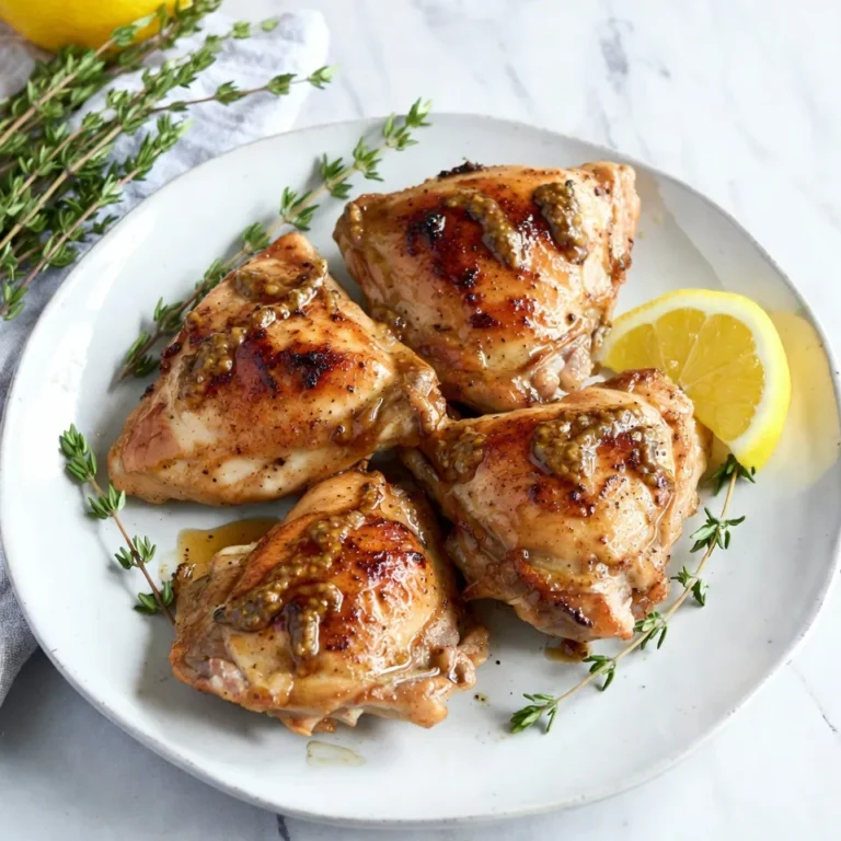 - 4 boneless, skinless chicken thighs - 1/4 cup pure maple syrup - 2 tablespoons Dijon mustard - 1 tablespoon soy sauce (or tamari for gluten-free) - 2 cloves garlic, minced - 1 teaspoon fresh thyme leaves (or 1/3 teaspoon dried thyme) - Salt and pepper to taste - 1 tablespoon olive oil - Lemon slices, for garnish (optional) When I make Maple Dijon Chicken Thighs, I love the mix of sweet and tangy. The chicken thighs are juicy and full of flavor. The maple syrup adds a rich sweetness. The Dijon mustard brings a nice bite. Together, they create a tasty marinade that makes the chicken shine. - Fresh thyme sprigs - Lemon slices - Chopped parsley Garnishes make the dish pop. Fresh thyme adds color and flavor. Lemon slices brighten the meal. You can also use chopped parsley for a fresh touch. - Use chicken breasts instead of thighs for a leaner option. - Try honey in place of maple syrup for a different sweet flavor. - Use apple cider vinegar instead of soy sauce for a tangy twist. - Swap garlic cloves with garlic powder if needed. These substitutions keep the dish flexible. You can mix it up to suit your taste or what you have on hand. This makes the recipe fun and easy to adapt. {{ingredient_image_2}} To start, grab a large mixing bowl. Add 1/4 cup of pure maple syrup. Next, add 2 tablespoons of Dijon mustard. Pour in 1 tablespoon of soy sauce. Then, toss in 2 minced garlic cloves and 1 teaspoon of fresh thyme. Season with salt and pepper. Whisk this mixture until it blends well. This marinade gives the chicken a sweet and tangy flavor. Now, it's time to marinate the chicken. Place 4 boneless, skinless chicken thighs into the bowl. Make sure each thigh gets a good coat of the marinade. Cover the bowl tightly with plastic wrap or a lid. Place the bowl in the fridge for at least 30 minutes. If you want a stronger flavor, let it sit for up to 2 hours. Preheat your oven to 400°F (200°C) before removing the chicken. Heat 1 tablespoon of olive oil in an oven-safe skillet over medium-high heat. When the oil shimmers, take the chicken out of the marinade. Let any extra marinade drip off. Place the chicken thighs in the skillet, searing each side for about 4-5 minutes. Look for a nice golden-brown crust. After searing, pour the leftover marinade over the chicken. Transfer the skillet to the oven. Bake for 20-25 minutes until the chicken reaches 165°F (75°C). Once done, take the skillet out. Cover the chicken loosely with foil for 5 minutes. This resting time keeps it juicy. Marinating is key for great flavor. Here are my tips: - Use a glass or plastic bowl for marinating. Avoid metal, as it can react with the marinade. - Make sure to cover your bowl tightly. This keeps the flavors in and prevents spills. - For the best taste, marinate for at least 30 minutes. If you have time, marinate for up to 2 hours. - Flip the chicken halfway through. This helps the marinade coat all sides evenly. Searing gives the chicken a nice crust. Here’s how to do it: - Heat your skillet until it shimmers. This means it’s hot enough for searing. - Do not overcrowd the skillet. Cook in batches if needed to avoid steaming. - Let the chicken sear without moving it for 4-5 minutes. This helps form a golden crust. - Flip the chicken gently. Use tongs to avoid tearing the meat. Cooking chicken properly is vital for safety. Follow these steps: - Use a meat thermometer. The chicken should reach 165°F (75°C) in the thickest part. - After baking, let the chicken rest for about 5 minutes. This keeps the juices inside. - Check for clear juices. If the juices run clear, the chicken is cooked through. - If unsure, cut into the thickest part. The meat should be opaque with no pink inside. Pro Tips Marination Time: The longer you marinate the chicken, the deeper the flavor will be. Aim for at least 2 hours, or even overnight for maximum taste. Searing Technique: Ensure the skillet is hot enough before adding the chicken to get a perfect sear. This adds a delicious crust and locks in moisture. Resting Period: Let the chicken rest after baking. This allows the juices to redistribute, resulting in a juicier, more flavorful dish. Serving Suggestions: Pair this dish with roasted vegetables or a fresh salad to balance the sweetness of the maple syrup and the tanginess of the Dijon mustard. {{image_4}} You can change the flavor of your Maple Dijon Chicken Thighs with a few simple tweaks. Try adding a splash of apple cider vinegar for a tangy twist. You can also mix in some crushed red pepper flakes for heat. If you like herbs, fresh rosemary or oregano work great. For a sweeter touch, add a bit of brown sugar to the marinade. Each of these options can make your dish unique and exciting. You don’t have to stick to the oven for this recipe. You can use a grill instead. Just preheat your grill and cook the marinated thighs for 6-8 minutes on each side. Ensure they reach the right temperature. An air fryer is another great choice. Set it to 375°F (190°C) and cook for about 20 minutes. This method gives you crispy skin with less oil. Each appliance adds a new flavor and texture to the chicken. Pair your chicken thighs with sides that complement their sweet and savory taste. Roasted vegetables like carrots and Brussels sprouts work well. You can also serve them with rice or quinoa to soak up the delicious sauce. A fresh salad with a light vinaigrette adds a nice crunch. For something hearty, mashed potatoes or sweet potato wedges are great options. Each side can enhance your meal and make it even more enjoyable. To keep your Maple Dijon chicken thighs fresh, place them in an airtight container. Make sure to let them cool down to room temperature before sealing. Store them in the fridge for up to 3 days. This way, you can enjoy the flavors later without losing taste or texture. When you're ready to eat the leftovers, preheat your oven to 350°F (175°C). Place the chicken thighs on a baking tray. Cover them with foil to keep moisture in. Heat for about 15-20 minutes, or until they are warm throughout. You can also use a microwave if you're in a rush. Just heat in short bursts, checking often. If you want to save some for later, freezing is a great option. First, let the chicken cool completely. Then, wrap each thigh in plastic wrap or foil. Place them in a freezer-safe bag or container. They can last for up to 3 months in the freezer. When you're ready to eat, thaw them in the fridge overnight before reheating. This helps keep the chicken juicy and tasty. Yes, you can use bone-in chicken thighs. They add more flavor and moisture. Just increase the cooking time. Aim for 30-35 minutes in the oven. Always check that the chicken reaches 165°F. To marinate chicken, mix your marinade in a bowl. Place the chicken in the marinade and coat it well. Cover the bowl tightly. Let it sit in the fridge for at least 30 minutes. For more flavor, marinate for up to 2 hours. You can keep leftovers in the fridge for about 3-4 days. Store them in an airtight container. This keeps the chicken fresh and tasty. If you want to keep it longer, consider freezing it. This article covered how to cook chicken perfectly. We discussed ingredients, marinating, and cooking methods. I shared tips for better marinating and ensuring your chicken is juicy. You also learned about fun variations and storage tips. In summary, good preparation and careful cooking make a big difference. Follow these steps for tasty meals every time. Enjoy your cooking journey!