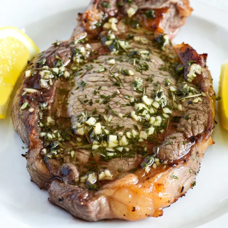 - 2 ribeye steaks (approximately 1 inch thick) - 2 tablespoons extra-virgin olive oil - 4 tablespoons unsalted butter (preferably at room temperature) - 6 cloves garlic, finely minced - 1 teaspoon fresh rosemary, finely chopped - 1 teaspoon fresh thyme, finely chopped - 1 tablespoon fresh parsley, finely chopped - Lemon wedges for serving - Salt - Freshly cracked black pepper The ribeye steaks are the star of this dish. They have rich marbling, which adds flavor and juiciness. The olive oil helps to sear the meat and gives a nice crust. Unsalted butter adds a creamy texture and depth to the flavor. Fresh garlic brings a strong aroma and taste that pairs well with the steak. The herbs—rosemary, thyme, and parsley—add a burst of freshness. Lemon wedges are a must, as they brighten each bite with acidity. For seasoning, you only need salt and freshly cracked black pepper. These simple ingredients enhance the natural flavors of the steak. Make sure to season well for the best taste. This combination of ingredients creates a delicious and simple meal. Enjoy cooking with these fresh flavors! {{ingredient_image_2}} - First, season both sides of the ribeye steaks with salt and freshly cracked black pepper. - Let the steaks sit at room temperature for about 30 minutes. This helps the flavors sink in. It also helps the meat cook evenly. - Next, heat a large cast-iron skillet over medium-high heat. - Pour in the olive oil and wait for it to shimmer. This means it's hot enough. - Carefully place the seasoned steaks in the skillet. Don’t move them for 4 to 5 minutes. This lets a nice brown crust form. - Once the crust looks good, flip the steaks using tongs. - Immediately add the unsalted butter, minced garlic, chopped rosemary, thyme, and parsley to the skillet. - As the butter melts, use a spoon to baste the steaks. This adds a garlicky herb flavor that’s hard to resist. - For medium-rare, cook for another 4 to 5 minutes. Keep basting with the herb butter. - Check the internal temperature. It should be 130°F for medium-rare and 145°F for medium. - After cooking, remove the steaks and let them rest for 5 to 10 minutes. This keeps them juicy and tender. For perfect doneness, know your cooking times. - Medium-rare: Cook for 4-5 minutes per side. - Medium: Cook for 5-6 minutes per side. Use a meat thermometer for accuracy. Aim for 130°F for medium-rare and 145°F for medium. This ensures juicy, tender steak every time. To boost that garlic and herb flavor, use fresh ingredients. - Chop herbs finely to release their oils. - Mince garlic well to infuse its essence into the butter. Let the meat rest for 5-10 minutes before serving. This helps the juices stay in the steak, making it more tender and tasty. A good skillet makes a big difference. - Use a cast-iron skillet for great heat retention. - Ensure the skillet is hot before adding the steak. This helps form a nice crust. Keep the skillet at medium-high heat. This allows for even cooking and prevents the steak from steaming. Pro Tips Resting is Key: Allowing the steaks to rest after cooking lets the juices redistribute, ensuring every bite is tender and juicy. Use a Meat Thermometer: To achieve perfect doneness, use a meat thermometer. For medium-rare, aim for an internal temperature of 130°F. Don't Rush the Sear: Creating a good crust is essential for flavor. Resist the urge to move the steaks around in the skillet; let them sear undisturbed. Add a Touch of Acidity: Serving lemon wedges alongside the steak enhances the flavors and cuts through the richness of the butter. {{image_4}} You can use other cuts of meat for this recipe. Here are some great options: - Sirloin steak: Lean and flavorful, it cooks well in a skillet. - Filet mignon: Tender and buttery, it’s perfect for a special treat. - Pork chops: A tasty non-red meat alternative that works well with the same herb butter. - Chicken breast: For a lighter option, chicken absorbs those great flavors, too. Feel free to play with herbs and spices. Here are some ideas: - Oregano: Adds a warm, earthy flavor. - Basil: Gives a sweet and aromatic touch. - Chili flakes: If you want some heat, add a pinch. - Cumin: This spice can add a unique, savory kick to your dish. You can try different cooking methods for your steak. Here are two great options: - Oven-baking: After searing, place the skillet in the oven. This helps cook the steak evenly. - Grilling: If you prefer smoky flavors, grilling adds a delicious twist while keeping the meat juicy. Experimenting with these variations can make your Garlic Herb Butter Steak Skillet even more exciting! How do you store leftover steak? First, let your steak cool to room temperature. Then, wrap it tightly in plastic wrap or aluminum foil. This helps keep the moisture in. You can also use an airtight container. These methods keep the steak fresh for up to three days in the fridge. Recommended storage containers include glass or plastic containers with tight seals. These containers help prevent air from getting in and drying out the meat. Always label your containers with the date for easy tracking. What are the best methods for reheating steak? The oven is a great choice. Preheat it to 250°F (120°C). Place the steak on a baking tray and cover it with foil. This keeps moisture in. Heat it for about 20-30 minutes until warm. You can also use a skillet. Heat it over low heat and add a bit of oil. Cook the steak for a few minutes on each side. This keeps the steak juicy. How can you avoid overcooking when reheating? Always use a meat thermometer. Aim for an internal temperature of 130°F (54°C) for medium-rare. Check it often to prevent overcooking. What steps should you take for freezing cooked steaks? First, let the steak cool completely. Then, wrap it tightly in plastic wrap or foil. After that, place it in a freezer-safe bag. Make sure to remove as much air as possible. This will help prevent freezer burn. How do you thaw and reheat frozen steak? The best way to thaw is in the fridge overnight. If you're short on time, you can use the microwave on the defrost setting. Just be careful not to start cooking it. Once thawed, you can reheat it using the oven or skillet methods mentioned earlier. Enjoy your flavorful steak even days later! Let the steak rest for 5-10 minutes after cooking. This time helps the juices stay inside. If you skip this step, your steak may dry out when you cut it. Resting allows the meat to relax, making it more tender and juicy. You can use salted butter, but it may change the taste. Unsalted butter helps control salt levels in your dish. If you choose salted butter, reduce the salt you add to the steak. This way, you keep the flavors balanced. A few great side dishes are: - Garlic mashed potatoes - Roasted vegetables - Creamy coleslaw - Simple green salad These sides complement the rich flavors of the steak and add freshness to your meal. To check for medium-rare, use a meat thermometer. The internal temperature should be 130°F. You can also use the touch test. Press the steak; it should feel soft and springy. With practice, you will learn to tell by eye as well. Yes, you can use vegetables! Try portobello mushrooms or thick slices of eggplant. Season them like the steak and cook until tender. The garlic herb butter will still add great flavor to your veggie dish. Enjoy the same rich taste with a healthy twist! You learned how to make a delicious Garlic Herb Butter Steak Skillet. We covered key ingredients like ribeye steaks and fresh herbs, plus tips for perfect doneness. I shared cooking techniques to enhance flavor and ensure juiciness. You also got options for variations, storage, and reheating. Remember, great steak is all about quality ingredients and attention to detail. Follow these steps, and enjoy a tasty meal that impresses. Keep experimenting with flavors and techniques for even more fun!