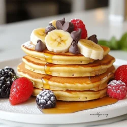 To make Chocolate Chip Banana Pancake Skewers, you need simple ingredients. Here&rsquo;s what you'll need: - 1 cup all-purpose flour - 2 tablespoons granulated sugar - 2 teaspoons baking powder - 1/2 teaspoon baking soda - 1/4 teaspoon fine sea salt - 1 cup buttermilk (or substitute with regular milk mixed with 1 tablespoon lemon juice) - 1 large egg, beaten - 2 ripe bananas, mashed until smooth - 1/3 cup semi-sweet chocolate chips - Butter or vegetable oil (for cooking) - Fresh berries (for garnish) - Maple syrup (for serving) Each ingredient plays a key role. The flour gives structure, while the sugar adds a touch of sweetness. Baking powder and baking soda help the pancakes rise and stay fluffy. Buttermilk makes them tender and moist. The bananas not only sweeten but also add flavor and moisture. The chocolate chips create little pockets of happiness in every bite. Use fresh berries and maple syrup for a bright finish! This recipe is perfect for brunch or a fun breakfast treat. You can adjust it as you like. Want to add nuts? Go for it! Want to swap the chocolate chips for something else? The choice is yours! Let your creativity shine! {{ingredient_image_2}} First, grab a large mixing bowl. Add 1 cup of all-purpose flour. Then, add 2 tablespoons of granulated sugar. Next, include 2 teaspoons of baking powder, 1/2 teaspoon of baking soda, and 1/4 teaspoon of fine sea salt. Whisk these dry ingredients until they mix well and are free of lumps. This blend sets a great base for our pancakes. In another bowl, combine 1 cup of buttermilk with 1 large beaten egg. Add in 2 ripe bananas that you have mashed until smooth. Mix this wet mixture well until it looks creamy. This blend brings moisture and sweetness to your pancakes. Now it's time to cook. Preheat your non-stick skillet over medium heat. Add a small amount of butter or vegetable oil to coat the surface. Pour about 1/4 cup of batter into the skillet for each pancake. Leave space between them so they can spread. Cook until you see bubbles forming and the edges look set, about 2-3 minutes. Flip the pancakes gently and cook for another 1-2 minutes until they turn golden brown. Transfer them to a wire rack to cool slightly. This step keeps them from getting soggy. Once the pancakes cool, it&rsquo;s assembly time! Take a skewer and stack two pancakes together. Place a slice of banana between them for extra flavor. You can also sprinkle mini chocolate chips in between for more sweetness. Before serving, drizzle the skewers with maple syrup and add fresh berries to make them look nice. Enjoy your delicious and fun pancake skewers! To make the best pancakes, you must avoid overmixing. When you combine wet and dry ingredients, mix just until they come together. Small lumps are okay. This keeps the pancakes fluffy and light. If you overmix, your pancakes will be dense and tough. Remember, gentle folding is key! The ideal skillet temperature is medium heat. If it&rsquo;s too hot, your pancakes may burn. If it&rsquo;s too cool, they will take too long to cook. Pour about 1/4 cup of batter for each pancake. Watch for bubbles to form on the surface. This takes about 2-3 minutes. After flipping, cook for another 1-2 minutes until golden brown. For a fun look, stack pancakes on skewers. Use two pancakes with a slice of banana in between. You can add mini chocolate chips for extra sweetness. Drizzle maple syrup on top and garnish with fresh berries. This makes your dish bright and appetizing! Pro Tips Use Ripe Bananas: The riper the bananas, the sweeter and more flavorful your pancakes will be. Look for bananas with plenty of brown spots for the best results. Don't Overmix: When combining wet and dry ingredients, mix just until you see no dry flour. Overmixing can lead to tough pancakes. Keep Pancakes Warm: If making a large batch, keep cooked pancakes warm in an oven set to low (around 200&deg;F or 93&deg;C) while you finish cooking the rest. Experiment with Add-ins: Feel free to add nuts, coconut flakes, or even spices like cinnamon to enhance the flavor of your pancakes. {{image_4}} You can make your chocolate chip banana pancake skewers even more tasty. Add nuts like walnuts or pecans for a crunchy bite. You can also mix in spices like cinnamon or nutmeg. These flavors add warmth and depth to the pancakes. Just be sure to chop the nuts small so they blend well. The toppings can change the whole dish. Try using fresh fruits like strawberries, blueberries, or slices of kiwi. These will add color and fresh flavor. You can also switch up the syrup. Instead of maple syrup, use honey or agave syrup. This will give a unique twist to your skewers. If you need a gluten-free option, use gluten-free flour. This will keep the pancakes light and fluffy. For a dairy-free choice, substitute the buttermilk with almond milk or coconut milk mixed with lemon juice. These swaps make it easy for everyone to enjoy these delicious skewers. To keep your leftover pancakes fresh, store them properly. First, let them cool completely. This step stops steam from making them soggy. Then, stack the pancakes with parchment paper between each one. This method prevents sticky pancakes. Place the stack in an airtight container or a zip-top bag. You can keep them in the fridge for up to three days. For longer storage, freeze the pancakes. Use the same parchment method. They will stay fresh for up to two months in the freezer. When you&rsquo;re ready to enjoy your leftover pancakes, it's time to reheat. For the best texture, use the oven. Preheat your oven to 350&deg;F (175&deg;C). Place the pancakes on a baking sheet and cover them with foil. Heat for about 10 minutes. This method keeps them soft and warm. You can also use a microwave. Place a pancake on a microwave-safe plate. Heat for 20-30 seconds. If you want them crispy, use a skillet. Heat a little butter in the skillet. Add the pancakes and cook for about 1-2 minutes on each side. This way, they will taste like fresh pancakes! Yes, you can make the batter ahead. Prepare the batter and store it in a sealed container. Keep it in the fridge for up to 24 hours. When ready to cook, just stir it gently before using. This helps keep the pancakes light and fluffy. If you don&rsquo;t have buttermilk, mix regular milk with lemon juice. Use one cup of milk and add one tablespoon of lemon juice. Let it sit for about five minutes. This will give you a similar tangy flavor for your pancakes. You can replace eggs with mashed bananas or applesauce. Use one ripe banana, about 1/4 cup, or 1/4 cup of applesauce for each egg. This keeps the pancakes moist and adds natural sweetness. This recipe covers everything you need for tasty pancake skewers. You learned the right mix of dry and wet ingredients, plus how to cook them perfectly. I shared tips for better batter and fun ways to present your dish. You can make tasty variations and store leftovers with ease. Remember, you can adapt this recipe to fit your needs. Now, gather your ingredients and enjoy making these delicious skewers!