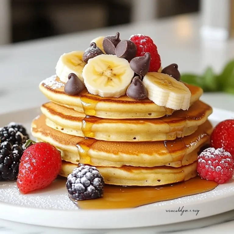 To make Chocolate Chip Banana Pancake Skewers, you need simple ingredients. Here’s what you'll need: - 1 cup all-purpose flour - 2 tablespoons granulated sugar - 2 teaspoons baking powder - 1/2 teaspoon baking soda - 1/4 teaspoon fine sea salt - 1 cup buttermilk (or substitute with regular milk mixed with 1 tablespoon lemon juice) - 1 large egg, beaten - 2 ripe bananas, mashed until smooth - 1/3 cup semi-sweet chocolate chips - Butter or vegetable oil (for cooking) - Fresh berries (for garnish) - Maple syrup (for serving) Each ingredient plays a key role. The flour gives structure, while the sugar adds a touch of sweetness. Baking powder and baking soda help the pancakes rise and stay fluffy. Buttermilk makes them tender and moist. The bananas not only sweeten but also add flavor and moisture. The chocolate chips create little pockets of happiness in every bite. Use fresh berries and maple syrup for a bright finish! This recipe is perfect for brunch or a fun breakfast treat. You can adjust it as you like. Want to add nuts? Go for it! Want to swap the chocolate chips for something else? The choice is yours! Let your creativity shine! {{ingredient_image_2}} First, grab a large mixing bowl. Add 1 cup of all-purpose flour. Then, add 2 tablespoons of granulated sugar. Next, include 2 teaspoons of baking powder, 1/2 teaspoon of baking soda, and 1/4 teaspoon of fine sea salt. Whisk these dry ingredients until they mix well and are free of lumps. This blend sets a great base for our pancakes. In another bowl, combine 1 cup of buttermilk with 1 large beaten egg. Add in 2 ripe bananas that you have mashed until smooth. Mix this wet mixture well until it looks creamy. This blend brings moisture and sweetness to your pancakes. Now it's time to cook. Preheat your non-stick skillet over medium heat. Add a small amount of butter or vegetable oil to coat the surface. Pour about 1/4 cup of batter into the skillet for each pancake. Leave space between them so they can spread. Cook until you see bubbles forming and the edges look set, about 2-3 minutes. Flip the pancakes gently and cook for another 1-2 minutes until they turn golden brown. Transfer them to a wire rack to cool slightly. This step keeps them from getting soggy. Once the pancakes cool, it’s assembly time! Take a skewer and stack two pancakes together. Place a slice of banana between them for extra flavor. You can also sprinkle mini chocolate chips in between for more sweetness. Before serving, drizzle the skewers with maple syrup and add fresh berries to make them look nice. Enjoy your delicious and fun pancake skewers! To make the best pancakes, you must avoid overmixing. When you combine wet and dry ingredients, mix just until they come together. Small lumps are okay. This keeps the pancakes fluffy and light. If you overmix, your pancakes will be dense and tough. Remember, gentle folding is key! The ideal skillet temperature is medium heat. If it’s too hot, your pancakes may burn. If it’s too cool, they will take too long to cook. Pour about 1/4 cup of batter for each pancake. Watch for bubbles to form on the surface. This takes about 2-3 minutes. After flipping, cook for another 1-2 minutes until golden brown. For a fun look, stack pancakes on skewers. Use two pancakes with a slice of banana in between. You can add mini chocolate chips for extra sweetness. Drizzle maple syrup on top and garnish with fresh berries. This makes your dish bright and appetizing! Pro Tips Use Ripe Bananas: The riper the bananas, the sweeter and more flavorful your pancakes will be. Look for bananas with plenty of brown spots for the best results. Don't Overmix: When combining wet and dry ingredients, mix just until you see no dry flour. Overmixing can lead to tough pancakes. Keep Pancakes Warm: If making a large batch, keep cooked pancakes warm in an oven set to low (around 200°F or 93°C) while you finish cooking the rest. Experiment with Add-ins: Feel free to add nuts, coconut flakes, or even spices like cinnamon to enhance the flavor of your pancakes. {{image_4}} You can make your chocolate chip banana pancake skewers even more tasty. Add nuts like walnuts or pecans for a crunchy bite. You can also mix in spices like cinnamon or nutmeg. These flavors add warmth and depth to the pancakes. Just be sure to chop the nuts small so they blend well. The toppings can change the whole dish. Try using fresh fruits like strawberries, blueberries, or slices of kiwi. These will add color and fresh flavor. You can also switch up the syrup. Instead of maple syrup, use honey or agave syrup. This will give a unique twist to your skewers. If you need a gluten-free option, use gluten-free flour. This will keep the pancakes light and fluffy. For a dairy-free choice, substitute the buttermilk with almond milk or coconut milk mixed with lemon juice. These swaps make it easy for everyone to enjoy these delicious skewers. To keep your leftover pancakes fresh, store them properly. First, let them cool completely. This step stops steam from making them soggy. Then, stack the pancakes with parchment paper between each one. This method prevents sticky pancakes. Place the stack in an airtight container or a zip-top bag. You can keep them in the fridge for up to three days. For longer storage, freeze the pancakes. Use the same parchment method. They will stay fresh for up to two months in the freezer. When you’re ready to enjoy your leftover pancakes, it's time to reheat. For the best texture, use the oven. Preheat your oven to 350°F (175°C). Place the pancakes on a baking sheet and cover them with foil. Heat for about 10 minutes. This method keeps them soft and warm. You can also use a microwave. Place a pancake on a microwave-safe plate. Heat for 20-30 seconds. If you want them crispy, use a skillet. Heat a little butter in the skillet. Add the pancakes and cook for about 1-2 minutes on each side. This way, they will taste like fresh pancakes! Yes, you can make the batter ahead. Prepare the batter and store it in a sealed container. Keep it in the fridge for up to 24 hours. When ready to cook, just stir it gently before using. This helps keep the pancakes light and fluffy. If you don’t have buttermilk, mix regular milk with lemon juice. Use one cup of milk and add one tablespoon of lemon juice. Let it sit for about five minutes. This will give you a similar tangy flavor for your pancakes. You can replace eggs with mashed bananas or applesauce. Use one ripe banana, about 1/4 cup, or 1/4 cup of applesauce for each egg. This keeps the pancakes moist and adds natural sweetness. This recipe covers everything you need for tasty pancake skewers. You learned the right mix of dry and wet ingredients, plus how to cook them perfectly. I shared tips for better batter and fun ways to present your dish. You can make tasty variations and store leftovers with ease. Remember, you can adapt this recipe to fit your needs. Now, gather your ingredients and enjoy making these delicious skewers!