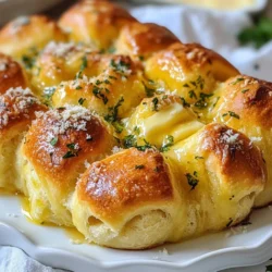 To make Garlic Herb Pull-Apart Bread, you need: - 4 cups all-purpose flour - 1 packet (2 &frac14; teaspoons) active dry yeast - 1 teaspoon sugar - 1 &frac12; teaspoons salt - 1 &frac12; cups warm water (about 110&deg;F) - 6 tablespoons unsalted butter, melted, plus extra for greasing - 4 cloves garlic, finely minced - 2 tablespoons fresh parsley, finely chopped - 1 tablespoon fresh rosemary, finely chopped - 1 tablespoon fresh thyme leaves - 1 teaspoon garlic powder - &frac12; teaspoon onion powder - Optional: freshly grated Parmesan cheese for topping You can swap ingredients if needed. - Use bread flour instead of all-purpose flour for a chewier texture. - Instant yeast can replace active dry yeast without needing warm water. - Olive oil can replace melted butter for a different flavor. - Fresh herbs can be substituted with dried herbs; just use less. Fresh herbs make a big difference in flavor. They add bright, vibrant notes to the bread. - Fresh parsley helps it taste light and fresh. - Rosemary gives a warm, earthy taste. - Thyme adds a hint of sweetness. Using dried herbs can work, but fresh herbs bring the dish to life. Fresh herbs also provide color and make the bread look appealing. A beautiful dish always looks more appetizing! {{ingredient_image_2}} Start by mixing warm water, yeast, and sugar in a small bowl. Use water that is about 110&deg;F. This warmth helps the yeast wake up. Let it sit for 5-10 minutes. You will see bubbles form when the yeast activates. This shows that your yeast is alive and ready to work. In a large bowl, whisk together the flour and salt. Create a well in the center. Pour in the activated yeast mixture and three tablespoons of melted butter. Stir until a dough starts to form. It should look rough at first. Don&rsquo;t worry; this is normal! Transfer the dough to a floured surface. Knead the dough for about 5-7 minutes. Press and fold it until it becomes smooth and elastic. Once done, grease a large bowl lightly. Place the dough inside and turn it to coat all sides. Cover the bowl with a towel. Let it rise in a warm spot for about 1 hour, or until it doubles in size. This step is key for fluffy bread! To get the right texture, focus on kneading. Knead your dough for about 5-7 minutes. This builds gluten, which gives the bread its structure. The dough should feel smooth and elastic. If it feels sticky, add a bit more flour. When the dough rises, it will become fluffy. Make sure to let it double in size for the best result. For more flavor, use fresh herbs. Fresh parsley, rosemary, and thyme make a big difference. You can also add cheese. Grated Parmesan on top adds a nice touch. Don't forget to coat each dough ball in the herb butter well. This ensures every bite bursts with flavor. You can even mix in spices like red pepper flakes for some heat. If your bread doesn&rsquo;t rise, check your yeast. It should be frothy after mixing with water and sugar. If it&rsquo;s not, the yeast might be dead. If your bread is too dense, it may have too much flour. Measure carefully. For an uneven bake, rotate the pan halfway through cooking. This helps the bread cook evenly. If the top browns too fast, cover it with foil. This prevents burning while the inside cooks. Pro Tips Activate Your Yeast: Ensure your warm water is around 110&deg;F for optimal yeast activation. Too hot can kill the yeast, while too cold won't activate it. Knead with Care: Knead the dough until it is smooth and elastic. This develops the gluten, which gives the bread its structure and chewiness. Perfectly Portion: Use a kitchen scale to ensure all dough balls are the same size for even baking. Each piece should weigh approximately 2 ounces. Flavor Boost: For extra flavor, let the dough rise in a bowl covered with a damp cloth infused with herbs or garlic before baking. {{image_4}} You can make this bread even more exciting by adding cheese. Try using mozzarella or cheddar for a gooey center. To do this, take a small piece of dough and flatten it. Place a cube of cheese in the center and fold the dough around it. Seal it well and then dip it in the herb butter. Arrange these stuffed balls in your pan for a cheesy surprise. Add your favorite herbs and spices to change the flavor. You can mix in basil, oregano, or even chili flakes for a kick. Experiment with different combinations! Just remember to keep the balance right. Too much spice can overpower the garlic and herb flavor that makes this bread special. You can customize your bread with toppings. Try adding sun-dried tomatoes or olives for a Mediterranean twist. You can also sprinkle crushed red pepper for some heat. If you want a sweeter touch, add a few drops of honey or some caramelized onions. Get creative and make it your own! If you have leftover Garlic Herb Pull-Apart Bread, store it in an airtight container. Wrap the bread tightly in plastic wrap, then place it in the container. It stays fresh for up to three days in the fridge. Make sure to let it cool completely before wrapping it. This helps keep it from getting soggy. To freeze the bread, wrap it tightly in plastic wrap or aluminum foil. Place it in a freezer-safe bag or container. It can last in the freezer for up to three months. When you are ready to enjoy it, thaw it overnight in the fridge. This keeps the bread moist and tasty. To reheat the bread, preheat your oven to 350&deg;F (175&deg;C). Place the bread on a baking sheet. Cover it loosely with foil to prevent burning. Heat for about 10-15 minutes, or until warmed through. If you like, you can also reheat individual pieces in the microwave for about 15-20 seconds. Enjoy it warm for the best flavor! Garlic herb pull-apart bread lasts for about 2-3 days at room temperature. Keep it in an airtight container. For longer storage, you can freeze it. Make sure to wrap it well in plastic wrap and foil. It stays good in the freezer for up to 3 months. Yes, you can make the dough in advance. After kneading, let it rise until it doubles in size. Then, punch it down and wrap it tightly. Store it in the fridge for up to 24 hours. When you're ready, let it come to room temperature before shaping. This helps the dough rise better. This bread pairs well with many dishes. Here are some ideas: - Soups: Try it with tomato soup or creamy potato soup. - Salads: Serve it alongside a fresh green salad. - Dips: Offer a bowl of olive oil or warm butter for dipping. - Cheese: Add a cheese platter for a fun appetizer. Enjoy this bread with your favorite meals! This post covered the essential ingredients for Garlic Herb Pull-Apart Bread. We explored required items, substitutions, and the role of fresh herbs. Next, I shared step-by-step instructions for preparing the yeast, mixing dough, and kneading. Tips helped you perfect texture and troubleshoot problems. We also looked at tasty variations and proper storage methods. In closing, making this bread is a fun and rewarding project. Enjoy your tasty creation with family and friends.