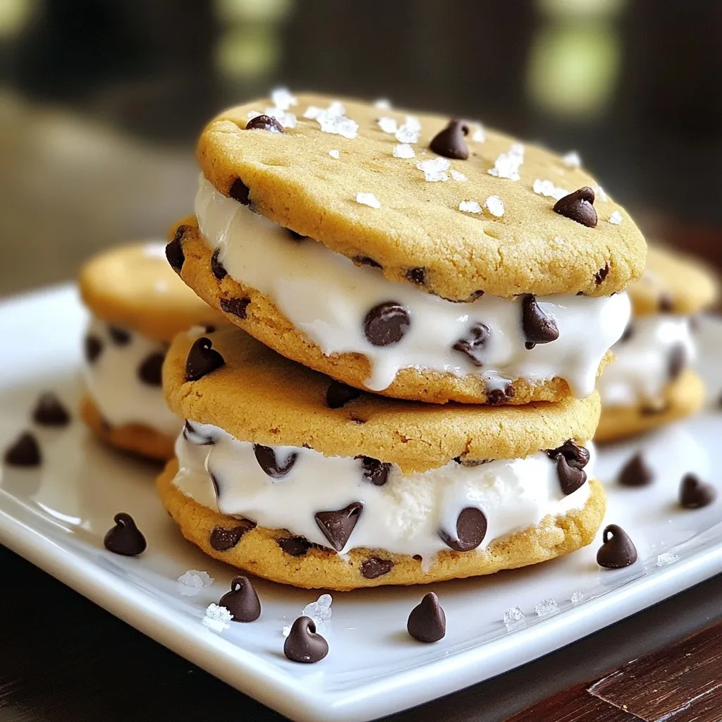 Here’s what you need to make these cookie dough ice cream sandwiches: - 1 cup unsalted butter, softened - 3/4 cup packed brown sugar - 3/4 cup granulated sugar - 1 teaspoon pure vanilla extract - 2 large eggs, at room temperature - 2 cups all-purpose flour - 1/2 teaspoon baking soda - 1/2 teaspoon fine salt - 1 cup mini chocolate chips - 2 cups vanilla ice cream (or your preferred flavor) - Sea salt flakes (optional) These ingredients create a rich cookie dough with a sweet, creamy filling. The butter gives a nice texture, while the sugars add sweetness. Using room-temperature eggs helps the dough blend smoothly. The flour and baking soda are key to the cookies’ soft and chewy nature. Mini chocolate chips add delightful bursts of chocolate in every bite. You can choose any ice cream flavor you love for the filling. Adding a sprinkle of sea salt gives a nice contrast to the sweet ice cream. {{ingredient_image_2}} - Preheat the oven to 350°F (175°C). - Line baking sheets with parchment paper. This step keeps cookies from sticking. - Cream butter and sugars until light and fluffy. Use a mixer on medium speed for about 2-3 minutes. - Incorporate eggs and vanilla extract. Add eggs one by one, mixing well after each addition. - Mix dry ingredients. In a separate bowl, whisk flour, baking soda, and salt together. - Add dry mixture to wet mixture. Mix on low speed until just combined. - Fold in chocolate chips gently. Ensure they are evenly spread through the dough. - Scoop dough onto sheets. Use a tablespoon or cookie scoop, leaving space for spreading. - Bake for 8-10 minutes. Look for lightly golden edges. Cookies should remain soft in the center. - Cool cookies completely. Let them sit on wire racks for even cooling. - Assemble using ice cream. Place a scoop of ice cream on one cookie. Top with another cookie, flat side down. - Optionally sprinkle with sea salt. This adds a delightful flavor. - Freeze assembled sandwiches for 30 minutes. This helps them hold their shape. To make the best cookie dough, start with room temperature ingredients. This helps the butter cream well with the sugars. Room temperature eggs also mix better, giving you a smooth dough. Avoid overmixing the dough. Once you add the dry ingredients, mix just until combined. Overmixing can make cookies tough. You want a soft, chewy texture. You can switch up the cookie types for fun! Try peanut butter cookies or oatmeal cookies instead. Each type adds a new twist to your sandwich. For ice cream flavors, the sky's the limit. Vanilla is classic, but you can use chocolate, mint, or even fruity flavors. Each choice brings a unique taste to your dessert. Serve your ice cream sandwiches on colorful plates. This adds a fun touch to your dessert. You can drizzle chocolate syrup or sprinkle extra chocolate chips around the plate for a nice finish. Consider adding toppings too. Crushed cookies or nuts can add crunch. A sprinkle of sea salt can enhance the sweet flavors and give a gourmet touch. Enjoy your creative dessert! Pro Tips Chill the Dough: For thicker cookies, chill the dough for at least 30 minutes before baking. This helps the cookies retain their shape and prevents excessive spreading. Use Quality Ice Cream: Choose high-quality ice cream for the best flavor and texture in your sandwiches. Experiment with unique flavors to elevate your dessert. Customize Your Cookies: Feel free to add nuts, dried fruit, or different types of chocolate chips to the cookie dough for a personalized touch. Serve Fresh: For the best experience, serve the ice cream sandwiches immediately after assembly. If making ahead, store them in an airtight container to prevent freezer burn. {{image_4}} You can switch up your cookie base for fun. Here are two great choices: - Peanut butter cookies: Use creamy peanut butter instead of butter. It adds a rich, nutty flavor. - Oatmeal chocolate chip cookies: Mix oats with chocolate chips. This gives a chewy texture and a heartier bite. Both options make tasty ice cream sandwiches. They offer unique flavors that stand out. The ice cream you choose can change everything. Explore these flavors for variety: - Mint chocolate chip: This adds a refreshing twist. The mint cools your mouth while the chocolate satisfies. - Cookies and cream: This classic flavor blends cookie bits in creamy vanilla. It pairs well with any cookie. - Strawberry or fruit sorbets: These fruity options bring a light feel. They contrast nicely with rich cookies. Mix and match to find your favorite combo! Want a guilt-free treat? Try these healthier alternatives: - Gluten-free cookie dough: Use gluten-free flour instead of all-purpose flour. This way, everyone can enjoy the fun. - Dairy-free ice cream alternatives: Choose almond or coconut milk ice cream. These options are creamy without the dairy. These choices let you enjoy your ice cream sandwich while sticking to your dietary needs. To keep your ice cream sandwiches fresh, freeze them right after making. Place each sandwich in an airtight container. You can also wrap them in plastic wrap for extra protection. This helps prevent freezer burn. For best taste, enjoy your sandwiches within one month. They will stay good in the freezer for up to three months. When you're ready to eat, take a sandwich from the freezer. Let it sit at room temperature for about 5-10 minutes. This will help the ice cream soften a bit. If you want a quicker method, you can microwave it for about 10 seconds. Just be careful not to melt the ice cream too much. Enjoy your cookie dough ice cream sandwich once it’s soft enough to bite into! To make cookie dough ice cream sandwiches, follow these steps: 1. Preheat the oven: Start by preheating your oven to 350°F (175°C). Line two baking sheets with parchment paper to keep cookies from sticking. 2. Cream butter and sugars: In a large bowl, mix 1 cup of softened butter, 3/4 cup brown sugar, and 3/4 cup granulated sugar. Beat until creamy. 3. Incorporate eggs and vanilla: Add 2 large eggs, one at a time, and 1 teaspoon of vanilla extract. Mix until smooth. 4. Mix dry ingredients: In another bowl, whisk together 2 cups of flour, 1/2 teaspoon baking soda, and 1/2 teaspoon salt. Slowly add to the wet mix. 5. Fold in chocolate chips: Gently mix in 1 cup of mini chocolate chips. Be careful not to overwork the dough. 6. Scoop the dough: Use a scoop to drop dough balls onto your baking sheets, spacing them apart. 7. Bake the cookies: Bake for 8-10 minutes until the edges are golden and the centers are soft. Let them cool. 8. Assemble the sandwiches: Once cool, put a scoop of ice cream on one cookie, then top with another cookie. Press gently. 9. Freeze the sandwiches: Place the sandwiches on a tray and freeze for at least 30 minutes to firm up. Yes, you can use store-bought cookie dough. Pros: - Saves time and effort. - Consistent results each time. Cons: - May lack the same flavor as homemade dough. - Limited customization options for flavors or mix-ins. Homemade ice cream sandwiches last about 2-3 weeks in the freezer. For best results, wrap each sandwich in plastic wrap or store in an airtight container. This keeps them fresh and prevents freezer burn. Yes, you can make these sandwiches in advance. To prepare ahead of time: - Bake the cookies and let them cool. - Assemble the sandwiches and freeze them. - You can store them for up to 3 weeks, making them perfect for parties or quick treats. Making ice cream sandwiches is fun and easy. We covered the key steps, from gathering ingredients to baking cookies. I shared tips to make your dough perfect and ideas for tasty variations. Remember that using fresh ingredients and careful baking leads to great results. Store your sandwiches well for tasty treats later. Whether you're a novice or expert, enjoy creating delicious desserts your friends and family will love!