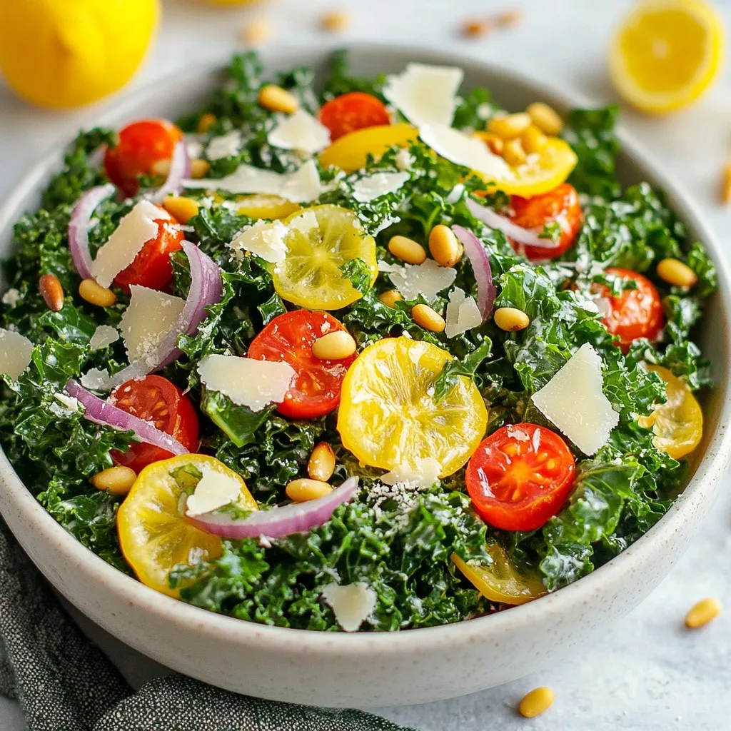 - 1 bunch of fresh kale, stems removed and leaves chopped into bite-sized pieces - 1/2 cup freshly grated Parmesan cheese - 1/4 cup toasted pine nuts - 1/2 cup cherry tomatoes, halved - 1/4 cup red onion, very thinly sliced - 1 medium lemon (zested and juiced) - 3 tablespoons extra virgin olive oil - 1 teaspoon honey (or maple syrup for a vegan option) - Salt and freshly ground black pepper, to taste Kale is a superfood. It is packed with vitamins A, C, and K. These vitamins boost your immune system and support healthy bones. Parmesan cheese adds flavor and protein. It also gives calcium, which helps keep bones strong. Pine nuts offer healthy fats and protein. They can help keep you full longer. Cherry tomatoes are low in calories but high in vitamins. They add a sweet burst of flavor. Olive oil is a good fat that benefits heart health. Lemon juice brightens the salad and adds vitamin C. If you don’t have kale, you can use spinach or Swiss chard. For a nut-free version, try sunflower seeds instead of pine nuts. If you can’t find Parmesan, you can use pecorino or nutritional yeast for a vegan option. For those who dislike red onion, green onions work well too. You can swap cherry tomatoes for diced bell peppers for a different taste. {{ingredient_image_2}} Start by chopping the kale into bite-sized pieces. Remove all the tough stems. Place the chopped kale in a large mixing bowl. Add a pinch of salt to the kale. Now, it’s time to massage the leaves. Use your hands to gently squeeze and rub the kale for about 3-5 minutes. This step softens the leaves and helps bring out their flavor. You will notice the kale turning darker and shinier as you massage it. In a small bowl, mix together the lemon juice and zest. Add the extra virgin olive oil to the bowl. Then, add the honey, salt, and black pepper. Use a whisk to combine all the ingredients. Whisk until the dressing looks smooth and well-blended. This homemade dressing is fresh and bright, adding a zesty kick to the salad. Drizzle your dressing over the massaged kale. Use tongs or salad servers to toss everything together. Make sure the kale is evenly coated with the dressing. Let the salad sit for about 10 minutes. This waiting time helps the flavors blend nicely. After that, gently fold in the halved cherry tomatoes, thinly sliced red onion, and freshly grated Parmesan cheese. For a crunchy finish, toast the pine nuts in a dry skillet over medium heat. Stir them for 3-4 minutes until they are golden. Finally, sprinkle the toasted pine nuts on top just before serving. Enjoy your fresh and flavorful Lemon Parmesan Kale Salad! Massaging kale is key for great texture. Start with fresh kale, as it works best. Tear the leaves into bite-sized pieces and place them in a bowl. Add a pinch of salt before you begin. Use your hands to gently squeeze and rub the leaves. This process breaks down tough fibers. Do this for about 3 to 5 minutes. You'll notice the kale becomes softer and darker. This step makes the salad more enjoyable. To boost flavor, try adding roasted veggies. Carrots or bell peppers can add a nice touch. You might also consider avocados for creaminess. Fresh herbs like basil or parsley can brighten the dish. A sprinkle of red pepper flakes gives a hint of spice. You can adjust the lemon juice based on your taste. If you like a sweeter salad, add more honey or maple syrup. Experiment with flavors to find your perfect blend. This salad pairs well with grilled chicken or fish. You can also serve it with quinoa or brown rice for a filling meal. If you want a vegetarian option, add chickpeas or black beans. This adds protein and makes it heartier. For a light lunch, enjoy it with a slice of crusty bread. The salad's bright flavors complement many dishes. Mix and match to create your ideal meal! Pro Tips Massaging Kale: Don't skip the massaging step! It not only softens the kale but also enhances its flavor, making it more enjoyable to eat. Fresh Ingredients: Using fresh lemon juice and high-quality olive oil will elevate the taste of your salad significantly. Always opt for the best ingredients you can find. Customize Your Nuts: Feel free to substitute pine nuts with other nuts like walnuts or almonds for a different flavor profile and crunch. Serving Suggestions: For a heartier meal, consider adding grilled chicken or chickpeas to the salad for added protein. {{image_4}} You can easily make this salad vegan. Simply swap the Parmesan cheese for a plant-based alternative. Nutritional yeast is a great choice. It adds a cheesy flavor without using dairy. You can also replace honey with maple syrup. This keeps your salad sweet and vegan-friendly. Feel free to adjust the ingredients to meet your needs. If you're nut-free, skip the pine nuts. You can use sunflower seeds instead for a similar crunch. For those avoiding gluten, this salad is already gluten-free. Just make sure any dressing you use is safe. If you're looking to cut calories, reduce the olive oil or cheese. The salad will still taste great! This salad shines in any season. In spring, add fresh peas or asparagus for a pop of color. In summer, toss in sliced radishes or cucumbers for a refreshing crunch. In fall, roasted butternut squash brings warmth and sweetness. In winter, add some sliced apples for brightness. These changes keep the salad exciting and flavorful all year long! After you enjoy your Lemon Parmesan Kale Salad, you may have some left. To keep it fresh, store the salad in an airtight container. This helps lock in moisture and flavor. Avoid adding toppings like pine nuts or cheese if you plan to store it. They may lose their crunch and texture. Instead, add these just before serving. When you want to eat leftover salad, freshening it up is easy. Start by taking it out of the fridge. If the kale looks wilted, give it a quick massage again. This helps revive its texture. You can also add a splash of lemon juice or a drizzle of olive oil. This will bring back the bright flavors. If you want warmth, you can quickly toss it in a pan for a minute, but keep it light! Once you mix all the ingredients, the salad is best eaten within 2 days. The kale can wilt and lose its crunch after this time. The cherry tomatoes may also get mushy. If you store it right, the flavors will still be good for a day or two. However, for the best taste and texture, enjoy it fresh! To make this salad gluten-free, simply avoid any gluten-containing ingredients. The main ingredients in this salad are naturally gluten-free. The Parmesan cheese, kale, cherry tomatoes, and pine nuts do not contain gluten. Just double-check that any dressing ingredients, like honey or maple syrup, are gluten-free. Yes, you can prepare this salad in advance, but do it with care. You can wash and chop the kale a day before. Keep it in the fridge in a sealed bag. You can also make the dressing ahead of time. Store it in a jar in the fridge. However, it’s best to mix the salad right before serving. This keeps the kale crisp and fresh. If you do mix it ahead of time, eat it within a few hours. Store ingredients separately to keep them fresh. Use airtight containers for each item. - Kale: Keep it dry in a container in the fridge. - Dressing: Store in a sealed jar in the fridge. - Cheese: Wrap in parchment paper and place in a container. - Veggies: Keep cherry tomatoes and onions in different containers. This way, each ingredient stays fresh for longer and you can mix them when you're ready to eat! This article covered how to make a Lemon Parmesan Kale Salad. We discussed each ingredient's benefits and even suggested swaps. I provided step-by-step instructions for making the salad and tips for enhancing flavors. In my final thoughts, remember that this salad is versatile and easy. You can enjoy it any time of year. With storing and serving tips, you can keep it fresh and tasty. Experiment with this recipe and make it your own!