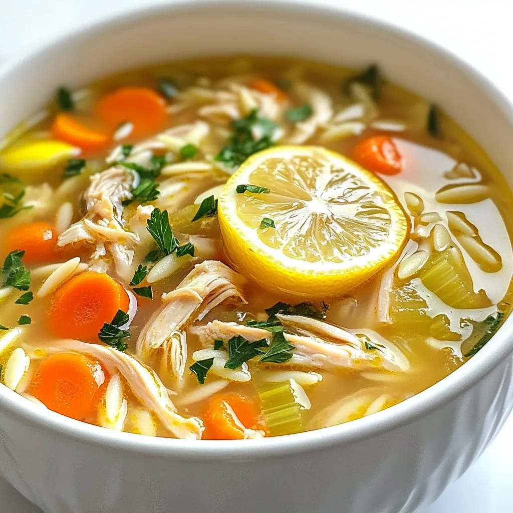 - 1 lb boneless, skinless chicken thighs - 6 cups chicken broth - 1 cup orzo pasta - 3 medium carrots, peeled and diced - 2 celery stalks, diced - 1 medium onion, chopped - 3 garlic cloves, minced - 2 large eggs - 1/4 cup fresh lemon juice (from about 2 large lemons) - Zest of 1 lemon - 1 teaspoon dried oregano - Salt and pepper to taste The main ingredients create a rich and hearty soup. The chicken thighs provide protein and flavor. The broth forms the base, infusing the soup with warmth. Carrots, celery, and onions add sweetness and texture. Garlic gives a punch of flavor. Orzo pasta makes it filling. Lemon juice and zest brighten up the dish, giving it a fresh taste. Dried oregano adds that classic Greek touch. - Fresh parsley - Lemon slices Garnishing is key to presentation. Fresh parsley adds color and a fresh taste. Lemon slices can enhance the lemon flavor. They also make the soup look inviting. - Caloric value per serving: Approximately 350 calories - Macronutrient breakdown: - Protein: 25g - Carbohydrates: 30g - Fats: 10g This soup is not just comforting but also nutritious. The protein from chicken helps in building muscles. Carbohydrates from orzo offer energy. Healthy fats contribute to satiety. Each serving provides a balance of essential nutrients. {{ingredient_image_2}} To start, grab a large pot. Pour in 6 cups of chicken broth. Next, add 1 pound of boneless, skinless chicken thighs. Chop 3 medium carrots and 2 celery stalks, then toss them into the pot. Don’t forget the chopped onion and minced garlic! Stir gently to mix everything well. Bring this mixture to a rolling boil over medium-high heat. Once it boils, lower the heat to a gentle simmer. Cover the pot and let it cook for about 20 minutes. The chicken should be tender and fully cooked. After 20 minutes, it’s time to check the chicken. Carefully remove it from the pot and place it on a cutting board. Use two forks to shred the chicken into bite-sized pieces. Avoid large chunks for an even texture. Return the shredded chicken back to the pot and stir everything together. Now, let’s add some texture! Incorporate 1 cup of orzo pasta into the pot along with 1 teaspoon of dried oregano. Stir the mixture to combine. Continue cooking for an additional 10 minutes. Keep an eye on the pasta and stir occasionally to ensure it reaches an al dente texture. While the soup cooks, let’s make the lemon egg mixture. In a separate bowl, whisk together 2 large eggs, 1/4 cup of fresh lemon juice, and the zest of 1 lemon. Make sure the mixture is smooth and well combined. Next, you need to temper the egg mixture. To do this, ladle about 1 cup of the hot broth into the egg mixture while whisking continuously. This step prevents the eggs from curdling. Slowly stir the tempered egg mixture back into the pot of soup. Be careful not to bring the soup back to a boil. This helps to maintain a smooth consistency. Allow it to cook for another 2-3 minutes, stirring gently. Finally, season the soup with salt and pepper to taste. Adjust as needed. Remove the pot from the heat and let it sit for a minute. This resting time allows the flavors to meld beautifully. To get the perfect creamy soup, you need to temper the eggs. Start by whisking the eggs with lemon juice and zest. Slowly add one cup of hot broth to this mix while whisking. This helps keep the eggs from cooking too fast and curdling. Once mixed well, stir it back into the pot. Remember, do not let the soup boil again after adding the eggs. This keeps your soup smooth and rich. Adding herbs and spices can boost the flavor of your soup. Dried oregano is a classic choice. Feel free to add fresh herbs like dill or thyme to give it more depth. Adjust the lemon juice to your taste, too. If you want it brighter, add a bit more lemon juice. This will make the soup fresh and zesty. For a lovely presentation, ladle the soup into bowls. Top each bowl with fresh parsley for a pop of color. You can also add lemon slices on the side for an extra touch. Pair this soup with a simple salad or crusty bread. These sides add nice texture and complete the meal. Pro Tips Fresh Ingredients: Use fresh herbs and vegetables for the best flavor. The quality of your ingredients can significantly enhance the taste of the soup. Orzo Cooking: To prevent the orzo from becoming mushy, make sure to stir occasionally and check for doneness a minute or two before the suggested cooking time. Egg Tempering: Always temper the eggs with hot broth before adding them to the soup. This prevents curdling and ensures a creamy texture in the final dish. Flavor Adjustments: Taste the soup before serving and adjust the seasoning with salt, pepper, or additional lemon juice to suit your preference. {{image_4}} You can easily change the protein in this soup. Instead of chicken thighs, try chicken breast or turkey. Both will work well and keep the soup tasty. If you want a different texture, swap the orzo pasta for rice or another small pasta. This gives you a new twist on the dish while keeping the same comforting feel. If you need a gluten-free option, use gluten-free pasta or rice. This small swap keeps your soup safe for those with gluten sensitivities. For those who follow a vegan diet, you can replace the chicken with chickpeas or tofu. Use vegetable broth instead of chicken broth, and skip the eggs. You can still enjoy a delicious soup without animal products. Greek cuisine has many styles. In some regions, you might find the soup with a richer flavor, using more spices or herbs. Feel free to explore local ingredients. Adding spinach or kale can boost nutrition and flavor. You might also try using lemon zest from different citrus fruits for a unique taste. These small changes can make the soup feel new and exciting every time you make it. To store your Greek lemon chicken soup, first let it cool. Once cool, pour it into airtight containers. This keeps the soup fresh in the fridge for up to four days. If you want to keep it longer, freezing is a great option. Use freezer-safe containers or bags. Make sure to leave some space at the top for expansion. You can freeze it for about three months. Just remember to label the containers with the date. When you're ready to enjoy your soup again, there are some simple steps. If it's frozen, let it thaw in the fridge overnight. For reheating, pour the soup into a pot and warm it over medium heat. Stir it gently to heat evenly. If the soup feels too thick, add a little chicken broth or water. Heat it until it's hot, but don’t let it boil. This keeps the flavors fresh and the eggs from curdling. In the fridge, your Greek lemon chicken soup lasts about four days. If you freeze it, you can enjoy it for up to three months. Just make sure to check for any off smells or changes in color before eating. If it looks or smells strange, it’s best to throw it out. Storing your soup properly keeps it safe and tasty for you and your family. Greek Lemon Chicken Soup, or Avgolemono, has roots in ancient Greece. It has survived through time, becoming a staple in Greek kitchens. This soup blends chicken, lemon, and eggs to create a creamy, tangy dish. Many families have their special recipes, often passed down through generations. The soup reflects the Mediterranean diet, rich in fresh ingredients. Its bright flavors warm the soul and comfort the body. Yes, you can make this soup ahead of time. To prep ahead, cook the soup without the orzo. Store it in the fridge for up to three days. When ready to serve, reheat the soup, then add the orzo. This keeps the pasta from getting mushy. You can also freeze the soup base without orzo. It stays fresh in the freezer for about three months. Greek Lemon Chicken Soup pairs well with many dishes. A simple green salad adds freshness to your meal. You can also serve crusty bread or pita on the side. For a heartier option, consider grilled vegetables or a light pasta salad. These sides complement the soup's flavors and enhance your dining experience. To adjust the sourness, you can add more or less lemon juice. Start with the recommended amount, then taste. If it is too sour, add a pinch of sugar. This can balance the flavors without losing that tangy kick. You can also dilute the soup with more broth for a milder taste. Experiment until you find your perfect balance. This blog post covered everything you need to make a delicious Greek Lemon Chicken Soup. We discussed the main ingredients and optional garnishes, along with nutritional information. You also learned step-by-step instructions, tips for a creamy texture, and variations to suit your taste. Experiment with flavors and ingredients to make this soup your own. Remember, cooking should be fun and creative! Enjoy your cooking journey, and savor each bite of your homemade soup.