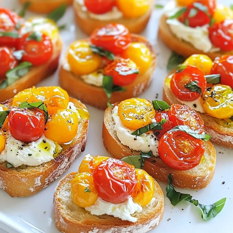 - 2 cups cherry tomatoes, halved - 1/4 cup fresh basil, roughly chopped - 1 clove garlic, finely minced - 2 tablespoons extra virgin olive oil - 1 teaspoon balsamic vinegar - Sea salt and freshly cracked black pepper, to taste - 1 French baguette, sliced into 1/2-inch thick pieces - Optional: 1/4 cup creamy ricotta cheese Gathering the right ingredients is key to a great bruschetta. For the fresh ingredients, I love using ripe cherry tomatoes. They are sweet and juicy, making them perfect for roasting. Fresh basil adds a bright flavor that pairs beautifully with the tomatoes. Garlic gives a nice kick to the dish. Now, let’s talk about the essential ingredients. Extra virgin olive oil is a must for its rich taste. Balsamic vinegar adds a touch of sweetness and tang. Sea salt enhances all the flavors, while black pepper adds depth. A French baguette is perfect for the base, as its crispiness complements the toppings. If you want a creamy touch, creamy ricotta cheese is a great option. - Additional basil leaves for garnish - Pairing with drinks like red wine or sparkling water When serving, I recommend garnishing with more fresh basil leaves. This adds a nice pop of color and flavor. For drinks, a good red wine or even sparkling water pairs well with the bruschetta. Enjoying this dish with friends or family creates a memorable experience. {{ingredient_image_2}} - Preheating the Oven Start by preheating your oven to 400°F (200°C). This step is key for roasting. - Mixing Ingredients In a large bowl, mix 2 cups of halved cherry tomatoes with 2 tablespoons of extra virgin olive oil. Add 1 clove of minced garlic, 1 teaspoon of balsamic vinegar, and sea salt with black pepper to taste. Toss everything gently. Ensure the tomatoes are well coated. - Spreading on Baking Sheet Place the seasoned tomatoes in a single layer on a baking sheet lined with parchment paper. This helps them roast evenly. - Roasting Duration and Tips Roast for 15-20 minutes. Check for tenderness and slight caramelization. This brings out their sweet flavor. - Preparing the Baguette Slices Slice a French baguette into 1/2-inch thick pieces. Lay them flat on another baking sheet. - Toasting Time Drizzle each slice with extra virgin olive oil. Toast in the oven for about 5-7 minutes until golden brown and crisp. Keep an eye on them to avoid burning. - Spreading the Ricotta (Optional) If you like, spread a small dollop of creamy ricotta cheese on each toasted baguette slice. This adds richness. - Topping with Tomato-Basil Mixture Spoon the roasted tomato-basil mixture on top of the ricotta. Let the flavors shine through. - Final Garnish Garnish each bruschetta with extra basil leaves and a light sprinkle of sea salt. Serve right away for the best taste. When picking tomatoes, look for ripe cherry tomatoes. They should feel firm and plump. The color should be bright and deep, without any green spots. Sweet, juicy tomatoes make the best bruschetta. Season matters too. Fresh tomatoes shine in summer. In winter, you might find good-quality canned tomatoes as a backup. Garlic adds a nice kick. To roast it well, chop it finely so the flavor spreads easily. Add it to your tomato mix right before roasting. This way, it gets soft and sweet. Balsamic vinegar balances the dish's acidity. Just a teaspoon brightens the taste. It’s best to use high-quality balsamic for maximum flavor. Baguette is classic, but don’t feel limited. Ciabatta or focaccia work great too. Choose bread with a good crust for extra crunch. If you prefer gluten-free, look for gluten-free baguettes or crusty rolls. They can still hold the toppings well and taste delicious. Pro Tips Choose Ripe Tomatoes: For the best flavor, select cherry tomatoes that are fully ripe. The natural sweetness enhances the overall taste of the bruschetta. Toasting the Bread: Keep an eye on the baguette slices while toasting; they can go from golden to burnt quickly. A light toast will provide the perfect crunch. Fresh Basil Matters: Use fresh basil instead of dried for a vibrant flavor. Add it after roasting the tomatoes to maintain its aromatic quality. Serving Tip: Serve the bruschetta immediately after assembling to ensure the bread remains crispy and the tomatoes stay juicy. {{image_4}} You can change up your bruschetta with different toppings. Seasonal vegetables add color and flavor. Try zucchini, bell peppers, or roasted corn. They bring freshness and crunch. You can also use other cheeses. Feta or goat cheese works well. They add creaminess and a tangy taste. Want a bolder taste? Add spices or herbs. A pinch of red pepper flakes gives heat. You can also mix in oregano or thyme for depth. If you like meat, try prosciutto or salami. They add a savory touch that pairs nicely with tomatoes. Make a bruschetta platter for sharing. Place different toppings on toasted bread for variety. You can also serve dips and spreads. Hummus or olive tapenade pairs nicely. They offer different flavors and textures to enjoy with your bruschetta. To keep your roasted tomato basil bruschetta fresh, first, let it cool down. Place it in an airtight container. This method helps keep the flavors intact. You can store it in the fridge for up to three days. After that, the tomatoes may lose their texture and taste. If you want the best flavor, eat it within the first day. When you reheat the bruschetta, use the oven for the best results. Preheat the oven to 350°F (175°C). Place the toasted bread on a baking sheet and warm it for about five minutes. This method keeps it crispy. For the tomato mixture, avoid reheating in the microwave. Instead, gently warm it on the stove over low heat. This keeps the freshness of the tomatoes and basil. Making bruschetta ahead can save time. You can roast the tomatoes and prepare the mixture a day before. Store it in the fridge until you're ready to serve. Just remember to toast the bread fresh before serving. Also, you can freeze the tomato mixture for up to three months. Thaw it in the fridge, then use it as needed. Enjoy this simple and tasty dish any time! The best tomatoes for bruschetta are ripe cherry tomatoes. They are sweet and juicy. They cook well, bringing out rich flavors. If cherry tomatoes are not available, you can use grape tomatoes. Just make sure they are bright and firm for the best taste. Yes, you can make bruschetta without garlic. If you prefer a milder taste, skip the garlic. The roasted tomatoes and basil will still shine through. You can add a splash more balsamic to enhance flavor without garlic. To store leftover bruschetta, keep the tomato mixture separate from the bread. Place the tomato mix in an airtight container in the fridge. The toast will get soggy if you store them together. You can store the tomato mix for up to three days. Traditional bruschetta is not gluten-free. The French baguette contains gluten. To make it gluten-free, use gluten-free bread. There are many great options available in stores today. You can prepare parts of bruschetta ahead of time. Roast the tomatoes and mix them with basil earlier. Store them in the fridge until ready to serve. Toast the bread just before serving for the best crunch. This blog post covered making delicious bruschetta from fresh ingredients like cherry tomatoes and basil. We explored each step, from roasting tomatoes to toasting baguette slices. Tips on flavor boosts and storage helped ensure your bruschetta is always tasty. Don't hesitate to try different toppings or serving styles. Each variation can bring a new twist to this classic dish. Enjoy your cooking, and remember to share your unique creations with friends!