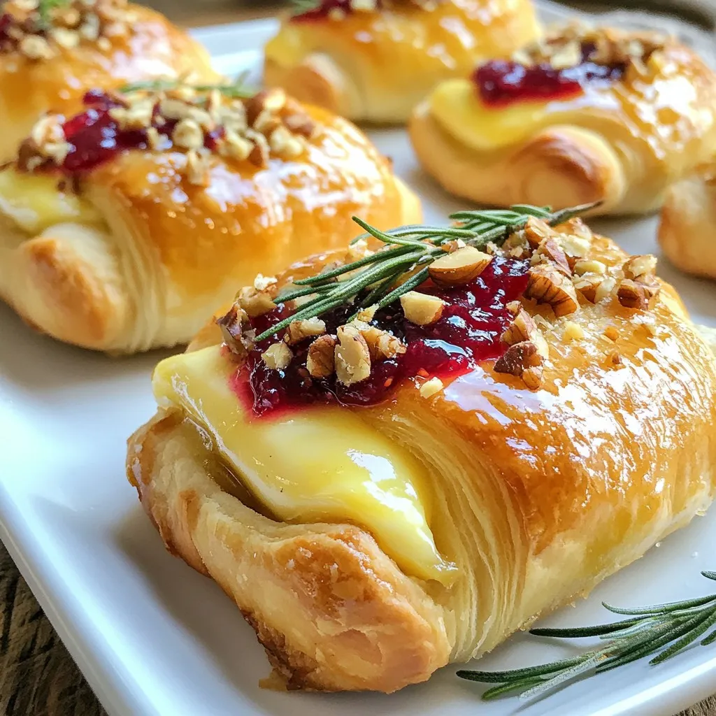 - Refrigerated crescent roll dough - Brie cheese - Cranberry sauce - Optional nuts for crunch - Fresh rosemary or dried rosemary - Egg for egg wash - Salt and pepper You need a few simple ingredients to make these bites. First, grab a package of refrigerated crescent roll dough. This dough is light and flaky, perfect for our bites. Next, use 8 ounces of Brie cheese. Cut it into small, bite-sized pieces. The creamy Brie melts beautifully and adds richness. You’ll also need 1 cup of cranberry sauce. You can use homemade or store-bought, so pick your favorite. If you want some crunch, add 1/4 cup of chopped walnuts or pecans. They give a nice texture. Fresh rosemary is a great herb to use, about 1 tablespoon finely chopped. If you don’t have fresh, dried rosemary works too. For a shiny finish, use 1 beaten egg for the egg wash. Finally, season with salt and pepper to taste. These ingredients come together to create a tasty treat that everyone will enjoy. {{ingredient_image_2}} 1. Preheat your oven to 375°F (190°C). This helps the bites bake evenly. 2. Unroll the crescent roll dough on a clean surface. Separate it into triangles as shown on the package. 1. Take a small piece of Brie cheese. Place it at the wide end of each triangle. 2. Spoon about 1 tablespoon of cranberry sauce over the Brie. Spread it gently. 3. If you like, add chopped walnuts or pecans on top of the cranberry. You can also sprinkle fresh rosemary for extra flavor. 1. Start at the wide end where your filling is. Carefully roll the dough towards the pointed end. Make sure the Brie and filling stay inside. 2. Arrange the rolled bites on a parchment-lined baking sheet. Leave space between each bite for them to expand. 3. Brush the tops of each bite with the beaten egg. This gives them a nice golden brown color. 1. Bake the bites in the preheated oven for 12-15 minutes. They should puff up and turn golden brown. 2. After baking, let the bites cool for a few moments. This helps the filling settle before you serve them. - Ensuring a tight roll: Make sure to roll the crescent dough tightly around the filling. This helps keep everything inside. Start with the wide end and gently roll towards the point. Press the edges to seal. - Achieving a golden brown color: Apply a thin layer of beaten egg on top before baking. This gives the bites a nice shine and color. Keep an eye on them. They should be golden in about 12 to 15 minutes. - How to store leftover ingredients: If you have extra Brie or cranberry sauce, wrap them well. Store leftover Brie in the fridge for up to a week. Keep the cranberry sauce covered in the fridge for about 1 to 2 weeks. - Suggestions for using leftover fillings: Use extra cranberry sauce on toast or as a dip. You can also mix it with yogurt for a tasty snack. If you have leftover nuts, add them to salads or snack mixes for a crunch. - Presentation tips: Serve the bites on a rustic wooden board. This adds charm. You can place fresh rosemary sprigs around the bites. It looks appealing and smells great. - Additional garnishes suggestions: Drizzle a little honey on top for sweetness. You can also sprinkle some extra chopped nuts for a nice texture. Consider adding a few slices of apple for color and crunch. Pro Tips Use Cold Brie: Ensure your Brie cheese is cold before cutting to maintain its shape and make it easier to handle. Experiment with Flavors: Try adding different jams or chutneys alongside the cranberry sauce for a unique twist. Perfect Egg Wash: For an even shinier finish, mix a little water or milk into the beaten egg before brushing. Watch the Baking Time: Keep an eye on the bites as they bake; ovens vary, and they can go from golden to burnt quickly! {{image_4}} You can switch up the cheese to make these bites even better. Try using goat cheese for a tangy twist. Cream cheese works well too if you prefer something milder. For the fruit sauce, cranberry isn’t your only option. Raspberry or apple sauce can add a fun flavor. Consider using a mix of fruits for a unique taste. If you need a gluten-free option, look for gluten-free crescent dough in stores. This way, everyone can enjoy these tasty bites. For those avoiding nuts, just leave out the walnuts or pecans. These bites still taste great without them. You can add extra herbs instead for more flavor. During the holidays, try adding a dash of cinnamon to the cranberry sauce. It gives a warm and festive touch. You can also use pumpkin puree in fall for a seasonal flavor. In spring, consider adding fresh berries along with the cheese. This adds a nice burst of color and flavor. Each season brings a chance to create something new! To keep your leftover bites fresh, place them in an airtight container. Refrigerate them right away. They taste best within three days. For reheating, preheat your oven to 350°F (175°C). Place the bites on a baking sheet. Heat for about 10 minutes until warm. This helps keep the crust crispy. You can freeze uncooked bites. After assembling them, place them on a baking sheet. Make sure they don’t touch. Freeze them for about 1-2 hours, then transfer to a freezer bag. For cooked bites, let them cool completely. Place them in an airtight container or freezer bag. They can stay frozen for up to three months. To reheat, bake from frozen at 350°F (175°C) for about 15-20 minutes. Enjoy them anytime! Yes, you can prepare these bites in advance. To do this, follow these steps: - Assemble the bites as usual, but do not bake them yet. - Place the uncooked bites on a parchment-lined baking sheet. - Cover them tightly with plastic wrap or foil. - Store them in the fridge for up to 24 hours. When you are ready to bake, just preheat the oven and bake them straight from the fridge. This saves time and helps you enjoy more time with guests. You can use either store-bought or homemade cranberry sauce. - Store-bought: It saves time and is often tasty. - Homemade: It allows for more control over sweetness and flavor. If you want to make it at home, combine fresh cranberries, sugar, and water. Cook until the cranberries burst and thicken the sauce. Both options work well in these bites. Absolutely! If you want to try different flavors, consider these alternatives: - Camembert: It has a similar creamy texture and taste. - Goat cheese: This adds a tangy kick. - Cream cheese: It works well if you want a milder flavor. Each cheese will change the taste, making it fun to experiment. Cooked bites last about 3-4 days in the fridge. - Store them in an airtight container to keep them fresh. - If you notice the cheese or dough getting dry, they may not taste as good. For the best quality, enjoy them within the first few days after baking. You now have all the steps to make delicious crescent bites with Brie and cranberry. We covered the key ingredients, cooking steps, and clever tips to ensure your bites shine. You can even try different flavors and dietary adaptations to suit your taste. Remember, these bites are great for parties or cozy nights in. They stay fresh when stored properly, so enjoy them later as well. Don't hesitate to experiment and find your favorite version of this tasty treat!