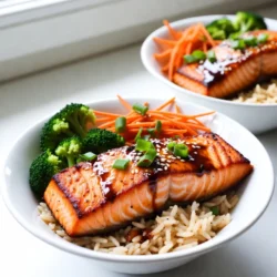 - 2 salmon fillets - 1 cup jasmine rice - 1/4 cup soy sauce - 2 tablespoons honey or maple syrup - 1 tablespoon rice vinegar - 1 teaspoon grated fresh ginger - 2 cloves garlic, minced - 1 tablespoon sesame oil - 1 cup broccoli florets - 1 carrot, julienned - 2 green onions, thinly sliced - Sesame seeds, for garnish - Salt and pepper, to taste For Teriyaki Salmon Rice Bowls, you need a few main ingredients. First, the salmon fillets are the stars of this dish. They bring rich flavor and healthy omega-3 fats. Next is jasmine rice, known for its soft texture and lovely aroma. This rice serves as the base of your bowl. The teriyaki sauce is the heart of this recipe. It combines soy sauce, honey or maple syrup, rice vinegar, grated ginger, and minced garlic. This mix gives your salmon a sweet and savory glaze. The sesame oil adds a nice nutty flavor to the fish and veggies. Don't forget the veggies! Broccoli florets and julienned carrots add color and crunch. They also bring vitamins and minerals to your meal. Lastly, garnish your bowls with sliced green onions and sesame seeds. They add a pop of flavor and make your dish look great. This ingredient list is simple but full of flavor. It makes the Teriyaki Salmon Rice Bowls easy to prepare. You can enjoy a delicious meal in about 30 minutes! {{ingredient_image_2}} To start, rinse the jasmine rice under cold water. This helps remove extra starch, so the rice won't be sticky. Keep rinsing until the water runs clear. In a medium saucepan, combine 1 cup of rinsed rice with 2 cups of water or vegetable broth. Bring this to a boil. Once boiling, reduce the heat to low, cover, and let it simmer for 15 minutes. The rice should be tender when done. Remove it from heat and fluff with a fork for a light, airy texture. Tips for Fluffy Rice: - Use a fork to fluff the rice gently. - Let it sit covered for a few minutes after cooking. For the teriyaki sauce, gather these ingredients: 1/4 cup soy sauce, 2 tablespoons honey or maple syrup, 1 tablespoon rice vinegar, 1 teaspoon grated fresh ginger, and 2 cloves of minced garlic. In a small bowl, whisk these together until well mixed. A good balance of sweet and salty makes the sauce shine. Importance of Sauce Balance: - Adjust sweetness with honey or syrup. - Taste before using to make sure you like it. Heat 1 tablespoon of sesame oil in a large skillet over medium heat. Season both sides of the salmon fillets with salt and pepper. Place them skin-side down in the hot skillet. Cook for 4-5 minutes. The skin should turn crispy and golden brown. Tips for Achieving Crispy Skin: - Don&rsquo;t move the salmon while it cooks. - Make sure the pan is hot before adding the fish. Now, gently flip the salmon fillets over. Pour the teriyaki sauce over them. Keep cooking for another 3-4 minutes. Baste the salmon with the sauce while it cooks. This step adds flavor and moisture. Cook until the salmon is fully done, reaching an internal temperature of 145&deg;F. In the same skillet, add 1 cup of broccoli florets and 1 julienned carrot. Stir-fry these for about 3-4 minutes. You want them tender but still bright and crunchy. Maintaining Vegetable Crunch: - Stir-fry quickly over high heat. - Avoid overcooking to keep that nice texture. To create the rice bowls, start with a generous scoop of fluffy jasmine rice at the bottom of each bowl. Place the teriyaki salmon fillet on top, then add the saut&eacute;ed broccoli and carrots beside it. Layering Tips for Presentation: - Use a bowl with high sides for a neat stack. - Arrange colors for visual appeal. Finally, garnish with thinly sliced green onions and a sprinkle of sesame seeds for added flavor and crunch. Enjoy your beautiful and tasty teriyaki salmon rice bowl! - Ideal cooking temperature: Cook the salmon until it reaches 145&deg;F. This ensures it is safe and tender. Use a meat thermometer for accuracy. - Seasoning suggestions: I love using salt and pepper. You can also add garlic powder or onion powder for extra flavor. A sprinkle of sesame seeds gives a nice crunch. - Substituting different rice types: You can use brown rice or sushi rice instead of jasmine rice. Each type brings a unique taste and texture. - Flavoring the rice with herbs: Try mixing in fresh herbs like cilantro or parsley. This adds a fresh kick to your rice. - Adjusting sweetness and saltiness: If you like it sweeter, add more honey or maple syrup. For more saltiness, increase the soy sauce a little. - Adding heat with chili: If you want a spicy kick, add red pepper flakes or a dash of sriracha. This balances the sweetness of the teriyaki sauce. Pro Tips Choose Fresh Salmon: Look for vibrant, shiny skin and a pleasant ocean smell when selecting salmon. Freshness greatly enhances the flavor of your dish. Perfectly Cooked Rice: For extra fluffy jasmine rice, let it rest covered for 10 minutes after cooking. This helps to steam the rice and achieve the perfect texture. Customize Your Vegetables: Feel free to add other vegetables like bell peppers or snap peas. Just ensure they are cut into similar sizes for even cooking. Garnish for Visual Appeal: Adding sliced green onions and sesame seeds not only enhances flavor but also adds a beautiful finishing touch to your rice bowls. {{image_4}} You can make a tasty vegetarian teriyaki bowl using tofu or tempeh. Both options soak up flavors well. - Using tofu or tempeh: Press tofu to remove water. Cut it into cubes. Cook in the skillet with sesame oil until golden. Tempeh adds a nutty taste. Slice it thin and cook it the same way. - Alternative sauces to use: Instead of the teriyaki sauce, try soy sauce with maple syrup. You can add a splash of rice vinegar for tang. If you crave seafood, shrimp or white fish can work great. They cook quickly and pair well with teriyaki flavors. - Using shrimp or other fish: For shrimp, peel and devein. Cook them in the skillet until pink. White fish like cod or halibut is also good. Season and cook just like the salmon. - Cooking methods for seafood alternatives: Saut&eacute; shrimp or fish in sesame oil. Cook until golden brown. Make sure to check for doneness to avoid overcooking. Adding seasonal vegetables makes the dish fresh and colorful. You can use what&rsquo;s in season or what you have on hand. - Suggestions for seasonal options: In spring, try asparagus or snap peas. In summer, zucchini and bell peppers are great. In fall, add butternut squash or Brussels sprouts. - How to adapt to available produce: Chop veggies into bite-sized pieces for even cooking. Adjust cooking times based on the vegetable type. Always aim for a mix of colors for a vibrant bowl. To keep your Teriyaki Salmon Rice Bowls fresh, follow these steps: - Cool Down: Let the dish cool to room temperature first. - Use Airtight Containers: Store the rice bowls in airtight containers. This helps prevent moisture loss. - Separate Components: If possible, store the salmon, rice, and veggies in separate containers. This keeps everything fresh. When it&rsquo;s time to enjoy your leftovers, use these methods: - Salmon: Reheat salmon in a skillet over low heat. Cover it to keep it moist. - Rice: Add a splash of water and microwave the rice. Stir halfway through to heat evenly. - Vegetables: Saut&eacute; vegetables in a pan for a few minutes. This brings back their crunch and flavor. By following these tips, your Teriyaki Salmon Rice Bowls will taste great even on day two! You can store Teriyaki Salmon Rice Bowls in the fridge for up to three days. Make sure to place them in an airtight container. If you want to keep them longer, consider freezing them for up to three months. Just thaw in the fridge before reheating. Yes, you can use other fish like trout or tilapia. Both options work well with teriyaki sauce. If you prefer shellfish, shrimp is also a tasty choice. Just adjust the cooking time based on the fish type you select. You can pair these bowls with simple sides like edamame or a fresh cucumber salad. Steamed green beans or a seaweed salad also complement the flavors nicely. Feel free to get creative and add your favorite sides! Absolutely! You can prepare the teriyaki sauce ahead of time and store it in the fridge for up to a week. Just make sure to give it a good stir before using it. You can even freeze it for longer storage. Jasmine rice is a great choice for these bowls. Its fluffy texture and slight sweetness pair well with the teriyaki sauce. You can also use brown rice for a heartier option or sushi rice for a stickier texture. Just adjust cooking times as needed. In this blog post, we explored how to make Teriyaki Salmon Rice Bowls. We covered the main ingredients and detailed steps, from cooking rice to glazing the salmon. I shared tips for perfecting each element and suggested tasty variations. You now have the tools to create a delicious meal. Enjoy experimenting with flavors and ingredients. Your kitchen creations can impress anyone. Happy cooking!