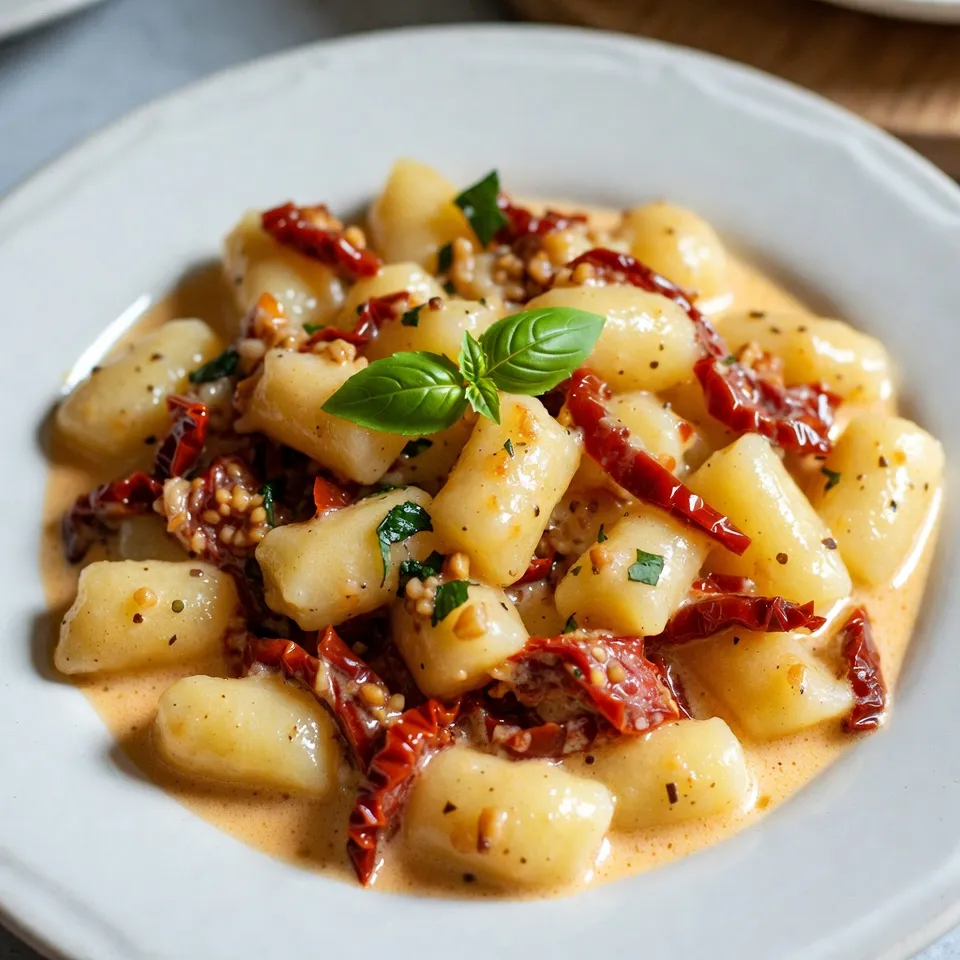 To make creamy sun-dried tomato gnocchi, you need a few key ingredients: - 1 pound gnocchi (store-bought or homemade) - 1 cup sun-dried tomatoes packed in oil, drained and chopped - 2 cups heavy cream - 1 cup freshly grated Parmesan cheese - 3 cloves garlic, minced - 1 teaspoon dried basil - 1 teaspoon dried oregano - Salt and black pepper to taste - Fresh basil leaves for garnish - 2 tablespoons extra virgin olive oil These ingredients come together to create a dish bursting with flavor. The sun-dried tomatoes give a sweet, tangy taste that pairs well with the rich cream and cheese. You can add several ingredients to enhance your creamy sun-dried tomato gnocchi: - Sautéed spinach for a pop of color and nutrition. - Crushed red pepper flakes for heat. - Cooked chicken or shrimp for added protein. These add-ins offer extra layers of flavor and texture, making your dish even more delightful. If you have dietary restrictions, here are some substitutions: - Use gluten-free gnocchi for a gluten-free option. - Swap heavy cream with coconut cream for a dairy-free dish. - Nutritional yeast can replace Parmesan cheese for a vegan version. These options keep the dish tasty while accommodating various diets. You can still enjoy creamy sun-dried tomato gnocchi with these simple tweaks! {{ingredient_image_2}} To cook gnocchi, fill a large pot with water. Add a generous pinch of salt. Bring the water to a rolling boil. Then, add the gnocchi. Cook them based on package instructions, usually around 2-3 minutes. You will know they are done when they float to the surface. Once cooked, drain the gnocchi well and set them aside. This step is key to ensure a great texture. In a large skillet, heat the olive oil over medium heat. Once the oil is warm, add minced garlic. Sauté it for about 1 minute. Watch it closely, so it does not burn. Next, add the chopped sun-dried tomatoes. Sprinkle in the dried basil and oregano. Stir the mix and cook for another 2 minutes. This will bring out the rich flavors of the tomatoes and herbs. Now, pour the heavy cream into the skillet. Increase the heat slightly to bring the mixture to a gentle simmer. After it starts simmering, lower the heat. Gradually add the grated Parmesan cheese. Stir continuously until the cheese melts and the sauce becomes smooth. If the sauce is too thick, add a splash of reserved pasta water. This will help you reach the perfect creamy consistency. Finally, add the cooked gnocchi to the skillet. Gently toss them in the creamy sun-dried tomato sauce until they are well coated. Taste the dish and season with salt and freshly ground black pepper as needed. To make sure your sauce is creamy, start by heating the heavy cream slowly. This helps it blend well with the other ingredients. When you add Parmesan cheese, stir it in gradually. If the sauce feels too thick, add a splash of pasta water. This water helps thin it out while adding flavor. Fresh herbs can really boost the taste of your dish. After cooking, sprinkle some fresh basil leaves on top. They add a bright flavor that complements the sun-dried tomatoes. You can also use parsley or chives if you like. Experiment with different herbs to find your favorite mix. To keep your gnocchi from getting mushy, watch the cooking time closely. They usually take about 2-3 minutes to cook. Once they float, they are done. Drain them right away and toss them gently in the sauce. This helps keep their shape and texture, making each bite delightful. Pro Tips Use Fresh Ingredients: Whenever possible, opt for fresh basil and high-quality sun-dried tomatoes to enhance the flavor profile of your dish. Perfect Gnocchi Cooking: Be sure to cook the gnocchi until they float to the surface, indicating they are done. Overcooking can lead to a mushy texture. Adjust Sauce Consistency: If your sauce is too thick, gradually add reserved pasta water until you reach your desired creaminess. Garnish Creatively: For a refined look, consider adding a drizzle of balsamic reduction or a sprinkle of chili flakes along with the fresh basil. {{image_4}} You can make this dish vegetarian with ease. Simply swap the heavy cream for a plant-based cream. Look for options made from nuts or soy. Instead of Parmesan cheese, use a vegan cheese that melts well. This keeps the creaminess while making it plant-based. For a vegan option, use nutritional yeast. It adds a cheesy flavor without dairy. This way, you enjoy a rich taste while keeping it friendly for all diets. Add protein to your creamy sun-dried tomato gnocchi for a heartier meal. Chicken works great in this dish. Cook diced chicken in the skillet before adding garlic. Sauté until it’s golden and cooked through, then follow the usual recipe. Shrimp is another tasty choice. Add peeled and deveined shrimp after sautéing the garlic. Cook until they turn pink and opaque. This adds a lovely seafood twist to the dish. Either option gives you a filling meal that delights. Spinach and peas can elevate this dish's flavor and nutrition. Stir in fresh spinach just before adding the gnocchi. It wilts down quickly and adds a nice color. You can also use frozen peas. Add them to the cream sauce while it simmers. They brighten the dish with sweetness and add texture. Both swaps keep the dish vibrant and tasty while packing in more nutrients. To store leftover gnocchi, place it in an airtight container. Make sure to let it cool first. This helps keep the gnocchi fresh. You can store it in the fridge for up to three days. If you plan to eat it later, avoid adding the sauce. This way, the gnocchi stays firm and does not get soggy. When you're ready to enjoy your leftover gnocchi, reheating is key. First, add a splash of water or cream to a skillet. This keeps the gnocchi moist. Heat the skillet on medium-low. Add the gnocchi and gently stir it. This method warms it evenly without drying it out. You can also reheat it in the microwave. Use a microwave-safe dish and cover it with a damp paper towel. Heat in short bursts, stirring in between, until warm. If you want to save gnocchi for later, freezing is a great option. First, let it cool completely. Then, place it in a freezer-safe container or bag. Make sure to squeeze out all the air to prevent freezer burn. You can freeze it for up to three months. When you're ready to eat, thaw it in the fridge overnight. Reheat as mentioned before for the best taste. This way, you can enjoy a rich and flavorful dish anytime! Yes, you can make gnocchi from scratch. To do this, you will need potatoes, flour, and egg. First, boil the potatoes until they are soft. Then, let them cool and peel them. Mash the potatoes until smooth. Combine the mashed potatoes with flour and egg to form a dough. Roll the dough into ropes and cut it into small pieces. Finally, shape the pieces with a fork for that classic gnocchi look. This process adds a personal touch to your dish. If you want a lighter option, you can use half-and-half or whole milk. For a dairy-free alternative, try coconut milk or cashew cream. Each substitute will change the flavor and thickness. You may need to adjust the cooking time as well. Keep in mind that these alternatives might not give you the same rich taste as heavy cream, but they can still be delicious. Creamy gnocchi can last in the fridge for about 3 to 5 days. Store it in an airtight container to keep it fresh. When you are ready to eat, reheat it gently on the stove. You can add a splash of water or broth to help loosen the sauce. This way, it stays creamy and tasty. In this article, we explored the key ingredients for creamy sun-dried tomato gnocchi. You learned step-by-step cooking methods and tips for perfect flavor. We also looked at variations and storage tips to help you enjoy this dish later. Remember, cooking should be fun and flexible. Don’t hesitate to tweak recipes to suit your taste. With the right ingredients and techniques, you’ll create a warm, comforting meal every time. Enjoy your cooking journey!