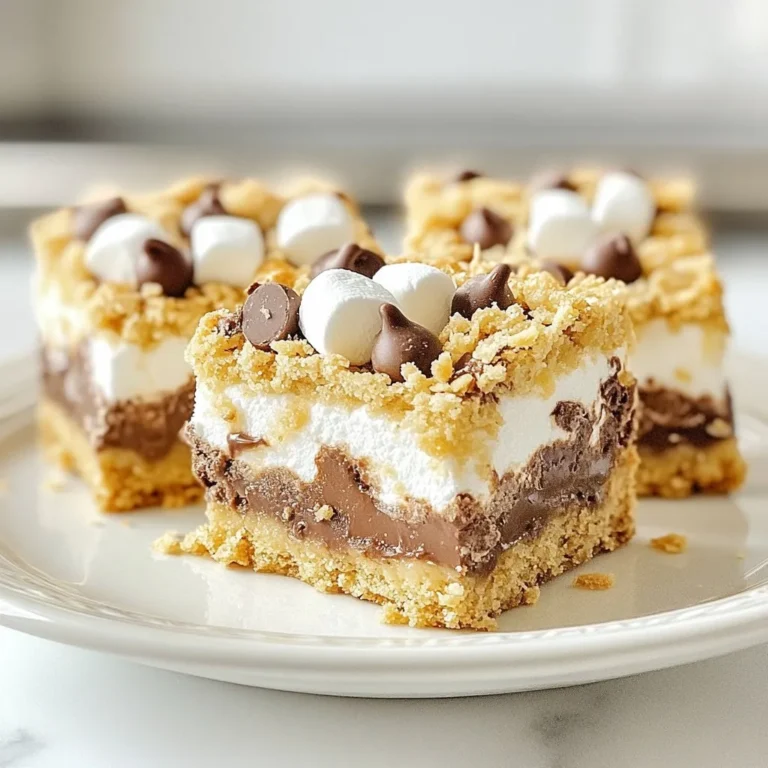 - 1 cup graham cracker crumbs - 1/2 cup unsalted butter, melted - 1/4 cup packed brown sugar - 1/2 teaspoon vanilla extract - 1 cup all-purpose flour - 1/2 teaspoon baking powder - 1/4 teaspoon salt - 1 cup semi-sweet chocolate chips - 1 cup mini marshmallows - 1/2 cup sweetened shredded coconut (optional) You can make these bars even better by swapping some ingredients. Here are a few ideas: - Alternative sweeteners: If you want less sugar, use maple syrup or honey. Just adjust the amount to keep the texture right. - Gluten-free options: Use gluten-free graham cracker crumbs and flour. This way, everyone can enjoy them. - Dairy-free alternatives: Replace butter with coconut oil or a dairy-free spread. Use dairy-free chocolate chips too. These swaps help you cater to different diets while keeping the bars delicious. Feel free to mix and match based on your needs! {{ingredient_image_2}} - Preheat your oven to 350°F. - Grease an 8x8 inch baking pan and line it with parchment paper. - In a mixing bowl, combine 1 cup of graham cracker crumbs, 1/2 cup melted unsalted butter, and 1/4 cup brown sugar. - Stir until you reach a wet crumbly texture. - Press this mixture firmly into the bottom of the prepared pan. - Bake the crust for 10 minutes until it is lightly golden. - While the crust bakes, mix 1 cup of all-purpose flour, 1/2 teaspoon baking powder, and 1/4 teaspoon salt in a separate bowl. - After baking, scatter 1 cup of semi-sweet chocolate chips evenly over the warm crust. - Next, sprinkle 1 cup of mini marshmallows on top. If you like, add 1/2 cup of sweetened shredded coconut for a fun twist. - Gently pour the flour mixture over the chocolate and marshmallow layers. - Return the pan to the oven and bake for another 15-20 minutes. - Check for golden brown color on top and puffed marshmallows. - Once baked, let the bars cool in the pan for at least 10 minutes. - Lift the bars out using the parchment paper and cut them into squares. For the crust, aim for a wet, crumbly mix. Combine graham cracker crumbs, melted butter, and brown sugar well. Press this mixture into the pan firmly. This helps create a solid base. Bake it until it's lightly golden. Layer distribution is key. When you add chocolate chips, scatter them evenly. This ensures every bite has that sweet, rich flavor. After that, sprinkle the mini marshmallows evenly. If you use coconut, add it now for a unique twist. Lastly, pour the flour mixture gently over everything. Spread it out without mixing, so each layer stays distinct. Using the right tools makes baking easier. A sturdy 8x8 inch baking pan is perfect for these bars. Use parchment paper for easy removal later. A medium mixing bowl helps in mixing the crust. A whisk is great for blending the flour mixture. For mixing, a simple spatula is handy. You can also use a hand mixer for the crust if you prefer. Don't forget measuring cups and spoons for accuracy. These tools will help you achieve the best results. To prevent burning, keep an eye on your bars. Ovens can vary in heat. If the edges brown too fast, cover them with foil. This shields them while the center cooks. If your crust crumbles, it may be too dry. Try adding a bit more melted butter next time. Press it down more firmly into the pan. This creates a better bond. A well-compressed crust holds together nicely when baked. Pro Tips Use Fresh Ingredients: Ensure your chocolate chips and marshmallows are fresh for the best flavor and texture. Stale ingredients can lead to a less satisfying result. Don't Overbake: Keep a close eye on the bars while they’re baking. Overbaking can result in a dry texture, so look for a golden brown top and puffed marshmallows. Cool Before Cutting: Allow the bars to cool for at least 10 minutes in the pan before cutting. This helps them set and makes it easier to achieve clean, even squares. Add a Twist: For a unique flavor, try adding a pinch of cinnamon or a splash of almond extract to the graham cracker mixture for an extra depth of flavor. {{image_4}} You can easily change up the flavors in your s’mores bars. Adding nuts like walnuts or pecans gives a nice crunch. You can also add fruits, like banana slices or dried cherries, for a sweet twist. Using different types of chocolate can make your bars unique. Dark chocolate brings a rich taste. White chocolate adds a creamy touch. You can mix and match these chocolates for a layered flavor experience. Seasonal twists can make your s’mores bars fun all year. In autumn, add pumpkin spice to the mix. For winter, a bit of peppermint extract can make them festive. You can even top with crushed candy canes for a holiday treat. Try adding seasonal ingredients too. Fresh berries in summer or caramel sauce during fall can change the game. Think about the season when making your bars. You can still enjoy s’mores bars if you have dietary needs. For a vegan version, use coconut oil instead of butter. Choose dairy-free chocolate and skip the marshmallows or use vegan ones. If you need a gluten-free option, substitute the all-purpose flour with almond or gluten-free flour. Just make sure to check the labels on your chocolate and graham cracker crumbs. This way, everyone can enjoy this delicious treat! To keep your s'mores bars fresh, use an airtight container. A glass or plastic container works best. Place parchment paper between layers to prevent sticking. Store them in the fridge for up to a week. This keeps them from drying out and helps maintain their flavor. You can freeze s'mores bars for later enjoyment. First, let them cool completely. Then, cut them into squares. Wrap each piece in plastic wrap. Place the wrapped bars in a freezer-safe bag. They can stay in the freezer for about three months. When you want to enjoy them, thaw them in the fridge overnight for best quality. For optimal freshness, eat your s'mores bars within a week if stored in the fridge. If you freeze them, they last up to three months. Look for signs of spoilage, like an off smell or dry texture. If they seem hard or stale, it is best to toss them. Enjoy your treats while they are fresh! Chocolate chip s'mores bars are a delicious dessert that combines classic s'mores flavors. They have a graham cracker crust, rich chocolate, and fluffy marshmallows. This treat is like a campfire s'more but baked in a pan. You can enjoy them warm or at room temperature. This recipe blends sweet and salty, making it a fun twist on the original s'mores treat. Yes, you can use many types of chocolate. Semi-sweet chocolate chips work best, but you can mix it up. Try dark chocolate for a richer taste. For a sweeter option, use milk chocolate. You can even use white chocolate for a unique spin. Feel free to experiment with chocolate varieties to find your favorite mix! To make vegan chocolate chip s'mores bars, swap a few ingredients. Use vegan butter instead of unsalted butter. Replace the chocolate chips with dairy-free chocolate chips. For the marshmallows, choose vegan marshmallows, which are now widely available. These simple swaps keep the flavor while making it plant-based. You still get that gooey, sweet goodness! These bars pair well with many treats. Serve them with a scoop of vanilla ice cream for extra creaminess. A drizzle of chocolate syrup adds a nice touch. You can also enjoy them with fresh fruit like strawberries or bananas. A glass of cold milk is perfect, too! These pairings enhance the flavors and make your dessert special. Yes, you can prepare these bars ahead of time. You can make the crust and layer the ingredients, then store them in the fridge. Just bake them when you're ready to serve. Or, bake them completely and let them cool. Store in an airtight container. They stay fresh for a few days. This makes them a great choice for parties or gatherings! These Chocolate Chip S'mores Bars combine simple ingredients into a tasty treat. We covered how to create a perfect crust, layer flavors, and avoid common pitfalls. You can even customize them with nuts, fruits, or seasonal flavors. Remember to store leftovers properly for freshness. Whether you enjoy them now or later, these bars are sure to please. Happy baking!