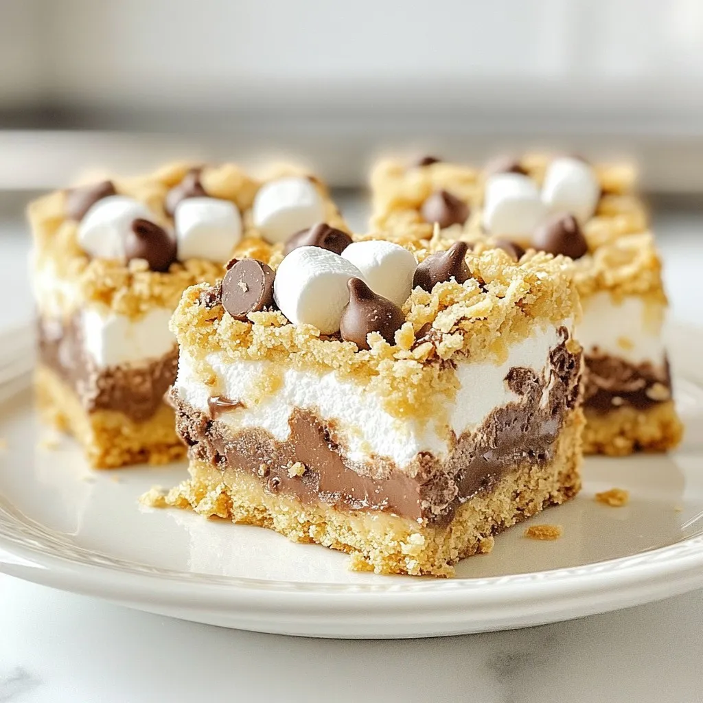 - 1 cup graham cracker crumbs - 1/2 cup unsalted butter, melted - 1/4 cup packed brown sugar - 1/2 teaspoon vanilla extract - 1 cup all-purpose flour - 1/2 teaspoon baking powder - 1/4 teaspoon salt - 1 cup semi-sweet chocolate chips - 1 cup mini marshmallows - 1/2 cup sweetened shredded coconut (optional) You can make these bars even better by swapping some ingredients. Here are a few ideas: - Alternative sweeteners: If you want less sugar, use maple syrup or honey. Just adjust the amount to keep the texture right. - Gluten-free options: Use gluten-free graham cracker crumbs and flour. This way, everyone can enjoy them. - Dairy-free alternatives: Replace butter with coconut oil or a dairy-free spread. Use dairy-free chocolate chips too. These swaps help you cater to different diets while keeping the bars delicious. Feel free to mix and match based on your needs! {{ingredient_image_2}} - Preheat your oven to 350°F. - Grease an 8x8 inch baking pan and line it with parchment paper. - In a mixing bowl, combine 1 cup of graham cracker crumbs, 1/2 cup melted unsalted butter, and 1/4 cup brown sugar. - Stir until you reach a wet crumbly texture. - Press this mixture firmly into the bottom of the prepared pan. - Bake the crust for 10 minutes until it is lightly golden. - While the crust bakes, mix 1 cup of all-purpose flour, 1/2 teaspoon baking powder, and 1/4 teaspoon salt in a separate bowl. - After baking, scatter 1 cup of semi-sweet chocolate chips evenly over the warm crust. - Next, sprinkle 1 cup of mini marshmallows on top. If you like, add 1/2 cup of sweetened shredded coconut for a fun twist. - Gently pour the flour mixture over the chocolate and marshmallow layers. - Return the pan to the oven and bake for another 15-20 minutes. - Check for golden brown color on top and puffed marshmallows. - Once baked, let the bars cool in the pan for at least 10 minutes. - Lift the bars out using the parchment paper and cut them into squares. For the crust, aim for a wet, crumbly mix. Combine graham cracker crumbs, melted butter, and brown sugar well. Press this mixture into the pan firmly. This helps create a solid base. Bake it until it's lightly golden. Layer distribution is key. When you add chocolate chips, scatter them evenly. This ensures every bite has that sweet, rich flavor. After that, sprinkle the mini marshmallows evenly. If you use coconut, add it now for a unique twist. Lastly, pour the flour mixture gently over everything. Spread it out without mixing, so each layer stays distinct. Using the right tools makes baking easier. A sturdy 8x8 inch baking pan is perfect for these bars. Use parchment paper for easy removal later. A medium mixing bowl helps in mixing the crust. A whisk is great for blending the flour mixture. For mixing, a simple spatula is handy. You can also use a hand mixer for the crust if you prefer. Don't forget measuring cups and spoons for accuracy. These tools will help you achieve the best results. To prevent burning, keep an eye on your bars. Ovens can vary in heat. If the edges brown too fast, cover them with foil. This shields them while the center cooks. If your crust crumbles, it may be too dry. Try adding a bit more melted butter next time. Press it down more firmly into the pan. This creates a better bond. A well-compressed crust holds together nicely when baked. Pro Tips Use Fresh Ingredients: Ensure your chocolate chips and marshmallows are fresh for the best flavor and texture. Stale ingredients can lead to a less satisfying result. Don't Overbake: Keep a close eye on the bars while they’re baking. Overbaking can result in a dry texture, so look for a golden brown top and puffed marshmallows. Cool Before Cutting: Allow the bars to cool for at least 10 minutes in the pan before cutting. This helps them set and makes it easier to achieve clean, even squares. Add a Twist: For a unique flavor, try adding a pinch of cinnamon or a splash of almond extract to the graham cracker mixture for an extra depth of flavor. {{image_4}} You can easily change up the flavors in your s’mores bars. Adding nuts like walnuts or pecans gives a nice crunch. You can also add fruits, like banana slices or dried cherries, for a sweet twist. Using different types of chocolate can make your bars unique. Dark chocolate brings a rich taste. White chocolate adds a creamy touch. You can mix and match these chocolates for a layered flavor experience. Seasonal twists can make your s’mores bars fun all year. In autumn, add pumpkin spice to the mix. For winter, a bit of peppermint extract can make them festive. You can even top with crushed candy canes for a holiday treat. Try adding seasonal ingredients too. Fresh berries in summer or caramel sauce during fall can change the game. Think about the season when making your bars. You can still enjoy s’mores bars if you have dietary needs. For a vegan version, use coconut oil instead of butter. Choose dairy-free chocolate and skip the marshmallows or use vegan ones. If you need a gluten-free option, substitute the all-purpose flour with almond or gluten-free flour. Just make sure to check the labels on your chocolate and graham cracker crumbs. This way, everyone can enjoy this delicious treat! To keep your s'mores bars fresh, use an airtight container. A glass or plastic container works best. Place parchment paper between layers to prevent sticking. Store them in the fridge for up to a week. This keeps them from drying out and helps maintain their flavor. You can freeze s'mores bars for later enjoyment. First, let them cool completely. Then, cut them into squares. Wrap each piece in plastic wrap. Place the wrapped bars in a freezer-safe bag. They can stay in the freezer for about three months. When you want to enjoy them, thaw them in the fridge overnight for best quality. For optimal freshness, eat your s'mores bars within a week if stored in the fridge. If you freeze them, they last up to three months. Look for signs of spoilage, like an off smell or dry texture. If they seem hard or stale, it is best to toss them. Enjoy your treats while they are fresh! Chocolate chip s'mores bars are a delicious dessert that combines classic s'mores flavors. They have a graham cracker crust, rich chocolate, and fluffy marshmallows. This treat is like a campfire s'more but baked in a pan. You can enjoy them warm or at room temperature. This recipe blends sweet and salty, making it a fun twist on the original s'mores treat. Yes, you can use many types of chocolate. Semi-sweet chocolate chips work best, but you can mix it up. Try dark chocolate for a richer taste. For a sweeter option, use milk chocolate. You can even use white chocolate for a unique spin. Feel free to experiment with chocolate varieties to find your favorite mix! To make vegan chocolate chip s'mores bars, swap a few ingredients. Use vegan butter instead of unsalted butter. Replace the chocolate chips with dairy-free chocolate chips. For the marshmallows, choose vegan marshmallows, which are now widely available. These simple swaps keep the flavor while making it plant-based. You still get that gooey, sweet goodness! These bars pair well with many treats. Serve them with a scoop of vanilla ice cream for extra creaminess. A drizzle of chocolate syrup adds a nice touch. You can also enjoy them with fresh fruit like strawberries or bananas. A glass of cold milk is perfect, too! These pairings enhance the flavors and make your dessert special. Yes, you can prepare these bars ahead of time. You can make the crust and layer the ingredients, then store them in the fridge. Just bake them when you're ready to serve. Or, bake them completely and let them cool. Store in an airtight container. They stay fresh for a few days. This makes them a great choice for parties or gatherings! These Chocolate Chip S'mores Bars combine simple ingredients into a tasty treat. We covered how to create a perfect crust, layer flavors, and avoid common pitfalls. You can even customize them with nuts, fruits, or seasonal flavors. Remember to store leftovers properly for freshness. Whether you enjoy them now or later, these bars are sure to please. Happy baking!