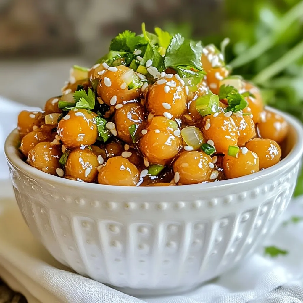 - 1 can (15 oz) chickpeas, thoroughly drained and rinsed - 3 tablespoons sesame oil - 2 tablespoons soy sauce (or tamari for gluten-free) - 1 tablespoon honey or maple syrup - 1 tablespoon rice vinegar - 2 teaspoons minced garlic - 2 teaspoons freshly grated ginger - 1 tablespoon sesame seeds - 2 green onions, finely chopped - Sea salt and freshly ground black pepper - Fresh cilantro, chopped (optional) To make the best sticky sesame chickpeas, you need fresh and high-quality ingredients. The main star is the chickpeas. Use a can of chickpeas. Rinse and drain them well. This helps remove excess salt and ensures they get crispy. Next, you need sesame oil. This oil has a nutty flavor that pairs well with the other ingredients. For the savory element, grab soy sauce. If you prefer gluten-free, use tamari. Sweetness comes from honey or maple syrup. Both work well, depending on your taste. Rice vinegar adds a nice tang. Garlic and ginger are key for flavor. Minced garlic adds aroma, while fresh ginger brings warmth. Sesame seeds give a nice crunch. Don't forget the green onions. They add color and fresh taste. Lastly, season with sea salt and black pepper. You can add fresh cilantro if you like. It enhances the dish even more. These ingredients come together to create a dish that is both easy and flavorful. {{ingredient_image_2}} First, grab a large skillet. Pour in 3 tablespoons of sesame oil. Heat it over medium heat. Wait until the oil shimmers but does not smoke. This means it's ready. Then, add 2 teaspoons of minced garlic and 2 teaspoons of freshly grated ginger. Saut&eacute; them for about 1 minute. You want them fragrant and slightly golden. Next, gently stir in your drained and rinsed chickpeas. Use one 15 oz can for this recipe. Ensure all the chickpeas are well coated with the oil. Cook them for about 5 to 7 minutes. Stir occasionally until they become crispy and golden brown. You want a nice crunch for the best texture. Now, let's make the sauce. In a small bowl, whisk together 2 tablespoons of soy sauce, 1 tablespoon of honey (or maple syrup for a vegan option), and 1 tablespoon of rice vinegar. Mix until combined. Pour this sauce over the chickpeas in the skillet. Stir gently to coat them evenly. Let the mixture simmer for another 3 to 4 minutes. This helps the sauce thicken and caramelize. Finally, sprinkle 1 tablespoon of sesame seeds over the chickpeas. Stir frequently and cook for one more minute. This will toast the seeds and enhance their flavor. Remove the skillet from the heat. Season the dish with sea salt and freshly ground black pepper. Transfer the sticky chickpeas to a serving dish. Top with finely chopped green onions and optional fresh cilantro for a pop of color. To get crispy chickpeas, first, dry them well after rinsing. A paper towel works great for this. Heat the oil until it's hot, but not smoking. Cook the chickpeas until they turn golden brown. This usually takes about 5 to 7 minutes. Stir them gently to avoid breaking. If you want more sweetness, add a bit more honey or maple syrup. For saltiness, taste and adjust with soy sauce or salt. If you need a vegan option for sweetener, use maple syrup instead of honey. It adds a nice flavor. For a gluten-free dish, swap soy sauce with tamari. This keeps the taste rich without the gluten. Sticky sesame chickpeas pair well with rice or salad. You can serve them warm as an appetizer or over a bed of greens for a main dish. If you have leftovers, try adding them to wraps or grain bowls for lunch. They also taste great in a stir-fry! Pro Tips Use Fresh Ingredients: Fresh garlic and ginger will enhance the flavor of your dish significantly. Try to use them instead of powdered alternatives for the best results. Adjust Sweetness: Depending on your taste, you can adjust the amount of honey or maple syrup. Start with a small amount and add more as needed to achieve your desired level of sweetness. Experiment with Toppings: Feel free to add other toppings such as crushed peanuts, red pepper flakes, or even a squeeze of lime for an extra layer of flavor and texture. Serve with Sides: These sticky chickpeas pair wonderfully with steamed rice, quinoa, or a fresh salad, making them a versatile addition to your meal. {{image_4}} You can change the flavor of your sticky sesame chickpeas quite easily. If you like heat, add chili flakes or a splash of sriracha. This will give your dish a spicy kick. For a different taste, try adding vegetables like bell peppers or broccoli. They add color and crunch. You can saut&eacute; them with garlic and ginger for more flavor. If you need to serve more people, scale up the recipe. Just double or triple the ingredients. This way, you can delight your guests with tasty chickpeas. You can also make bite-sized appetizers by scooping the chickpeas onto small crackers or cucumber slices. They make great finger foods for parties. For those with nut allergies, this recipe is safe. It does not use nuts at all. Also, this dish is kid-friendly. The sweet and savory sauce appeals to young taste buds. You can adjust the sweetness by using less honey or maple syrup if needed. This way, everyone can enjoy these sticky sesame chickpeas. To keep your sticky sesame chickpeas fresh, store them in an airtight container. Let the chickpeas cool down before putting them away. They can last in the fridge for up to three days. If you notice any moisture, use a paper towel inside the container to absorb it. This helps keep them from getting soggy. When reheating sticky sesame chickpeas, use a skillet for the best results. Heat the skillet over medium heat. Add a splash of water or oil to help keep the chickpeas moist. Stir them frequently to avoid burning. You can also use a microwave, but the texture may not be as good. Heat them in short bursts, stirring in between. Yes, you can freeze sticky sesame chickpeas! Place cooled chickpeas in a freezer-safe bag or container. Be sure to remove as much air as possible to prevent freezer burn. They will stay good for up to three months. When you&rsquo;re ready to eat, thaw them in the fridge overnight before reheating. This keeps their flavor and texture intact. You can pair sticky sesame chickpeas with many dishes. Here are a few ideas: - Rice: Serve over white or brown rice for a filling meal. - Quinoa: This adds protein and nutty flavors to your plate. - Salad: A fresh salad balances the sticky sweetness of the chickpeas. - Noodles: Toss them with soba or rice noodles for a fun twist. - Vegetables: Roasted or steamed veggies make a great side. Yes, you can make sticky sesame chickpeas ahead of time. Here are some tips: - Storage: Keep them in an airtight container in the fridge for up to 3 days. - Reheat: Warm them on the stove or in the microwave before serving. - Flavor: The flavors deepen when stored, making them even tastier! - Meal Prep: Make a big batch for quick meals throughout the week. You can add heat to sticky sesame chickpeas easily. Here are some ways: - Chili Flakes: Sprinkle red pepper flakes while cooking for warmth. - Sriracha: Drizzle sriracha into the sauce for a spicy kick. - Ginger: Add extra minced ginger for a sharp, zesty flavor. - Hot Sauce: Mix in your favorite hot sauce right before serving. This recipe for sticky sesame chickpeas is simple and tasty. You learned about key ingredients like chickpeas, sesame oil, and honey. We went through step-by-step instructions for cooking and making a delicious sauce. I also shared helpful tips on perfecting texture and flavor. Finally, variations, storage, and reheating were covered. Try this dish and enjoy its great taste! You can serve it with many sides. Don&rsquo;t hesitate to get creative with flavors. Enjoy cooking!