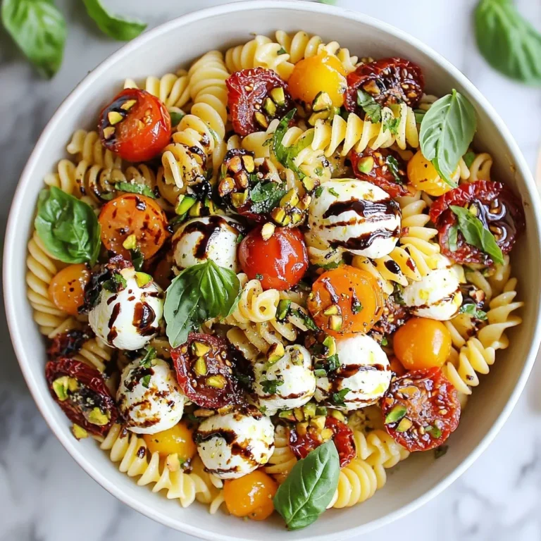 - 8 oz fusilli pasta (or your choice of pasta shape) - 1 cup cherry tomatoes, halved - 1 cup fresh mozzarella balls, halved - 1 cup fresh basil leaves, torn into pieces - 1/4 cup sun-dried tomatoes, finely chopped - 1/4 cup pistachios, roughly chopped - 2 tablespoons balsamic glaze - 3 tablespoons extra virgin olive oil - Salt and freshly ground black pepper to taste When choosing pasta, I suggest using fusilli. Its shape holds the dressing well. You can use any pasta you like, such as penne or rotini. Pick a shape that excites you! Fresh ingredients are key to this salad. Look for ripe, juicy cherry tomatoes and high-quality mozzarella. The basil should be bright green and fragrant. Fresh herbs make a big difference in flavor. For quality ingredients, always check for freshness. If you can, buy from local farmers' markets. They often have the best produce. Choose extra virgin olive oil for its rich taste. The balsamic glaze should be thick and sweet. Avoid cheap brands that lack flavor. {{ingredient_image_2}} - Boiling and Salting Water: First, fill a large pot with water. Make sure to add enough salt so the water tastes like the sea. This adds flavor to the pasta. - Achieving Al Dente Texture: Bring the water to a rolling boil. Add the fusilli pasta and cook for 8-10 minutes. You want it to be firm but not hard. - Draining and Cooling the Pasta: Once cooked, drain the pasta in a colander. Rinse it under cold water to stop the cooking. Let it cool completely before mixing. - Halving Cherry Tomatoes and Mozzarella: While the pasta cooks, take your cherry tomatoes and mozzarella balls. Cut them in half to make them easy to eat. - Chopping Sun-Dried Tomatoes and Pistachios: Next, finely chop the sun-dried tomatoes. Then, roughly chop the pistachios. This adds a nice crunch to your salad. - Preparing Fresh Basil Leaves: Take fresh basil leaves and tear them into smaller pieces. This helps release their flavor when added to the salad. - Mixing Ingredients in a Bowl: In a large bowl, add the cooled pasta. Then, mix in the halved cherry tomatoes, mozzarella, torn basil, sun-dried tomatoes, and pistachios. - Adding Dressings and Seasonings: Drizzle the balsamic glaze and olive oil over the salad. Add a pinch of salt and freshly ground black pepper for taste. - Tossing the Salad Properly: Gently toss everything together. Use a folding motion, so all the ingredients get covered in the dressing. - Recommended Chilling Time: To let the flavors blend, cover the salad. Place it in the fridge for at least 15-30 minutes. - Serving Temperature Tips: You can serve the salad cold or at room temperature. It tastes great either way. - Presentation Suggestions: For a beautiful look, serve your salad in a decorative bowl. Garnish with extra basil and a drizzle of balsamic glaze. This makes it look as good as it tastes! Adjusting Flavor Profiles You can tweak flavors in this dish. Add more balsamic glaze for sweetness. If you like a salty bite, toss in more feta cheese. You can also mix in lemon juice for a fresh kick. Each change can make your salad unique and personal. Making Ahead of Time This salad is great for meal prep. You can make it a day in advance. Just store it in the fridge. The flavors develop better overnight. Just remember to add nuts right before serving for the best crunch! Ensuring Proper Texture For the best texture, cook the pasta to al dente. This means it should be firm but not hard. Rinse it under cold water to stop cooking. This keeps the pasta from getting mushy. Fresh mozzarella should be soft but not falling apart. It adds the perfect creaminess. Overcooking Pasta Be careful not to overcook your pasta. It should have a bite, not be mushy. Follow the package instructions closely. Check the pasta a minute or two early. Neglecting to Season Don't forget to season your salad. A pinch of salt can enhance all the flavors. Freshly ground black pepper adds a nice touch. Seasoning is key to a bold taste. Skipping the Chilling Process Let your salad chill in the fridge for at least 15 minutes. This helps the flavors mix well. Skipping this step can lead to a dull taste. Chilling makes every bite more delicious! Pro Tips Cook Pasta Al Dente: To achieve the perfect texture, ensure your pasta is cooked al dente, which means it should be firm to the bite. This prevents it from becoming mushy once combined with the dressing. Fresh Ingredients Matter: Use the freshest cherry tomatoes and mozzarella you can find for the best flavor. Fresh basil also adds a vibrant aroma that enhances the overall dish. Customize Your Nuts: Pistachios add a unique crunch, but feel free to substitute with other nuts like pine nuts or walnuts based on your preference or availability. Let It Chill: Allow the salad to rest in the refrigerator for at least 30 minutes before serving. This helps the flavors meld and creates a more delicious experience. {{image_4}} Alternative Cheese Choices While fresh mozzarella shines in Caprese pasta salad, you can switch it up. Try feta cheese for a tangy kick. Goat cheese adds creaminess, too. If you like a stronger flavor, use aged cheddar. Each choice changes the taste, giving you new options to explore. Seasonal Vegetable Additions Add seasonal vegetables to boost flavor and nutrition. In summer, toss in zucchini or bell peppers. In fall, roasted butternut squash adds warmth. Fresh peas or asparagus work great in spring. Each season brings fresh veggies to keep your salad exciting. Protein Enhancements Want to make it heartier? Grilled chicken is a perfect choice. It adds protein and flavor without overpowering the salad. For a vegetarian option, try chickpeas or white beans. These options keep your salad filling and satisfying. Gluten-Free Pasta Options If you need gluten-free pasta, choose rice or quinoa pasta. Many brands offer great texture and taste. They work well with the salad's flavors, so you won’t miss the gluten at all. Vegan Ingredient Swaps For a vegan twist, replace mozzarella with vegan cheese or avocado. This keeps the creaminess while making it plant-based. Use maple syrup or a splash of lemon juice in place of balsamic glaze for a sweet touch without animal products. Low-Calorie Ingredient Adjustments To lighten the salad, reduce the olive oil or use a spray oil. You can also cut back on cheese or skip it altogether. Add more veggies to bulk it up. This way, you enjoy the salad without as many calories. To keep your Caprese pasta salad fresh, use airtight containers. These containers help lock in flavor and moisture. Glass containers work great and do not retain odors. You can also use plastic containers if you prefer. Always make sure to let the salad cool completely before sealing it. This prevents condensation, which can make the salad soggy. Refrigeration Duration Tips Store your salad in the fridge. It will stay fresh for about 3 days. After that, the ingredients may lose their texture and flavor. If you see any signs of spoilage, discard it to avoid food waste. Best Practices for Reheating Pasta Salads Pasta salads are best enjoyed cold. If you prefer to heat it, do so gently. Place the salad in a microwave-safe dish. Heat it for short intervals, about 10 to 15 seconds at a time. Stir in between to ensure even heating. Flavor Retention Tips When Reheating To keep flavors bright, add a splash of olive oil or balsamic glaze before heating. This addition can revive the taste and texture of the salad. Avoid overcooking, as this can make the pasta mushy. You can store Caprese Pasta Salad in the fridge for up to three days. After this, the ingredients may lose their freshness. To keep it tasty, use an airtight container. Yes, you can make this salad ahead of time. Prepare it a few hours before serving. The flavors blend better when it sits in the fridge. If you don't have balsamic glaze, use balsamic vinegar. Mix it with a little honey for sweetness. This gives you a similar taste. Caprese Pasta Salad is best served cold. Chilling it enhances the flavors. You can enjoy it right from the fridge or at room temperature. This blog post covered how to create a delicious Caprese Pasta Salad. We discussed ingredient choices, cooking methods, and assembling the salad. I provided tips to enhance flavor and avoid common mistakes. Variations for different diets and proper storage techniques ensure you can enjoy this dish anytime. In summary, perfecting your Caprese Pasta Salad is easy and fun. Follow these steps, and you’ll impress everyone with a tasty meal!