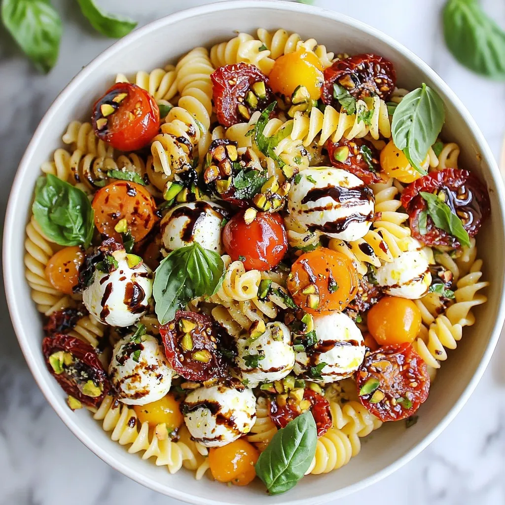 - 8 oz fusilli pasta (or your choice of pasta shape) - 1 cup cherry tomatoes, halved - 1 cup fresh mozzarella balls, halved - 1 cup fresh basil leaves, torn into pieces - 1/4 cup sun-dried tomatoes, finely chopped - 1/4 cup pistachios, roughly chopped - 2 tablespoons balsamic glaze - 3 tablespoons extra virgin olive oil - Salt and freshly ground black pepper to taste When choosing pasta, I suggest using fusilli. Its shape holds the dressing well. You can use any pasta you like, such as penne or rotini. Pick a shape that excites you! Fresh ingredients are key to this salad. Look for ripe, juicy cherry tomatoes and high-quality mozzarella. The basil should be bright green and fragrant. Fresh herbs make a big difference in flavor. For quality ingredients, always check for freshness. If you can, buy from local farmers' markets. They often have the best produce. Choose extra virgin olive oil for its rich taste. The balsamic glaze should be thick and sweet. Avoid cheap brands that lack flavor. {{ingredient_image_2}} - Boiling and Salting Water: First, fill a large pot with water. Make sure to add enough salt so the water tastes like the sea. This adds flavor to the pasta. - Achieving Al Dente Texture: Bring the water to a rolling boil. Add the fusilli pasta and cook for 8-10 minutes. You want it to be firm but not hard. - Draining and Cooling the Pasta: Once cooked, drain the pasta in a colander. Rinse it under cold water to stop the cooking. Let it cool completely before mixing. - Halving Cherry Tomatoes and Mozzarella: While the pasta cooks, take your cherry tomatoes and mozzarella balls. Cut them in half to make them easy to eat. - Chopping Sun-Dried Tomatoes and Pistachios: Next, finely chop the sun-dried tomatoes. Then, roughly chop the pistachios. This adds a nice crunch to your salad. - Preparing Fresh Basil Leaves: Take fresh basil leaves and tear them into smaller pieces. This helps release their flavor when added to the salad. - Mixing Ingredients in a Bowl: In a large bowl, add the cooled pasta. Then, mix in the halved cherry tomatoes, mozzarella, torn basil, sun-dried tomatoes, and pistachios. - Adding Dressings and Seasonings: Drizzle the balsamic glaze and olive oil over the salad. Add a pinch of salt and freshly ground black pepper for taste. - Tossing the Salad Properly: Gently toss everything together. Use a folding motion, so all the ingredients get covered in the dressing. - Recommended Chilling Time: To let the flavors blend, cover the salad. Place it in the fridge for at least 15-30 minutes. - Serving Temperature Tips: You can serve the salad cold or at room temperature. It tastes great either way. - Presentation Suggestions: For a beautiful look, serve your salad in a decorative bowl. Garnish with extra basil and a drizzle of balsamic glaze. This makes it look as good as it tastes! Adjusting Flavor Profiles You can tweak flavors in this dish. Add more balsamic glaze for sweetness. If you like a salty bite, toss in more feta cheese. You can also mix in lemon juice for a fresh kick. Each change can make your salad unique and personal. Making Ahead of Time This salad is great for meal prep. You can make it a day in advance. Just store it in the fridge. The flavors develop better overnight. Just remember to add nuts right before serving for the best crunch! Ensuring Proper Texture For the best texture, cook the pasta to al dente. This means it should be firm but not hard. Rinse it under cold water to stop cooking. This keeps the pasta from getting mushy. Fresh mozzarella should be soft but not falling apart. It adds the perfect creaminess. Overcooking Pasta Be careful not to overcook your pasta. It should have a bite, not be mushy. Follow the package instructions closely. Check the pasta a minute or two early. Neglecting to Season Don't forget to season your salad. A pinch of salt can enhance all the flavors. Freshly ground black pepper adds a nice touch. Seasoning is key to a bold taste. Skipping the Chilling Process Let your salad chill in the fridge for at least 15 minutes. This helps the flavors mix well. Skipping this step can lead to a dull taste. Chilling makes every bite more delicious! Pro Tips Cook Pasta Al Dente: To achieve the perfect texture, ensure your pasta is cooked al dente, which means it should be firm to the bite. This prevents it from becoming mushy once combined with the dressing. Fresh Ingredients Matter: Use the freshest cherry tomatoes and mozzarella you can find for the best flavor. Fresh basil also adds a vibrant aroma that enhances the overall dish. Customize Your Nuts: Pistachios add a unique crunch, but feel free to substitute with other nuts like pine nuts or walnuts based on your preference or availability. Let It Chill: Allow the salad to rest in the refrigerator for at least 30 minutes before serving. This helps the flavors meld and creates a more delicious experience. {{image_4}} Alternative Cheese Choices While fresh mozzarella shines in Caprese pasta salad, you can switch it up. Try feta cheese for a tangy kick. Goat cheese adds creaminess, too. If you like a stronger flavor, use aged cheddar. Each choice changes the taste, giving you new options to explore. Seasonal Vegetable Additions Add seasonal vegetables to boost flavor and nutrition. In summer, toss in zucchini or bell peppers. In fall, roasted butternut squash adds warmth. Fresh peas or asparagus work great in spring. Each season brings fresh veggies to keep your salad exciting. Protein Enhancements Want to make it heartier? Grilled chicken is a perfect choice. It adds protein and flavor without overpowering the salad. For a vegetarian option, try chickpeas or white beans. These options keep your salad filling and satisfying. Gluten-Free Pasta Options If you need gluten-free pasta, choose rice or quinoa pasta. Many brands offer great texture and taste. They work well with the salad's flavors, so you won&rsquo;t miss the gluten at all. Vegan Ingredient Swaps For a vegan twist, replace mozzarella with vegan cheese or avocado. This keeps the creaminess while making it plant-based. Use maple syrup or a splash of lemon juice in place of balsamic glaze for a sweet touch without animal products. Low-Calorie Ingredient Adjustments To lighten the salad, reduce the olive oil or use a spray oil. You can also cut back on cheese or skip it altogether. Add more veggies to bulk it up. This way, you enjoy the salad without as many calories. To keep your Caprese pasta salad fresh, use airtight containers. These containers help lock in flavor and moisture. Glass containers work great and do not retain odors. You can also use plastic containers if you prefer. Always make sure to let the salad cool completely before sealing it. This prevents condensation, which can make the salad soggy. Refrigeration Duration Tips Store your salad in the fridge. It will stay fresh for about 3 days. After that, the ingredients may lose their texture and flavor. If you see any signs of spoilage, discard it to avoid food waste. Best Practices for Reheating Pasta Salads Pasta salads are best enjoyed cold. If you prefer to heat it, do so gently. Place the salad in a microwave-safe dish. Heat it for short intervals, about 10 to 15 seconds at a time. Stir in between to ensure even heating. Flavor Retention Tips When Reheating To keep flavors bright, add a splash of olive oil or balsamic glaze before heating. This addition can revive the taste and texture of the salad. Avoid overcooking, as this can make the pasta mushy. You can store Caprese Pasta Salad in the fridge for up to three days. After this, the ingredients may lose their freshness. To keep it tasty, use an airtight container. Yes, you can make this salad ahead of time. Prepare it a few hours before serving. The flavors blend better when it sits in the fridge. If you don't have balsamic glaze, use balsamic vinegar. Mix it with a little honey for sweetness. This gives you a similar taste. Caprese Pasta Salad is best served cold. Chilling it enhances the flavors. You can enjoy it right from the fridge or at room temperature. This blog post covered how to create a delicious Caprese Pasta Salad. We discussed ingredient choices, cooking methods, and assembling the salad. I provided tips to enhance flavor and avoid common mistakes. Variations for different diets and proper storage techniques ensure you can enjoy this dish anytime. In summary, perfecting your Caprese Pasta Salad is easy and fun. Follow these steps, and you&rsquo;ll impress everyone with a tasty meal!