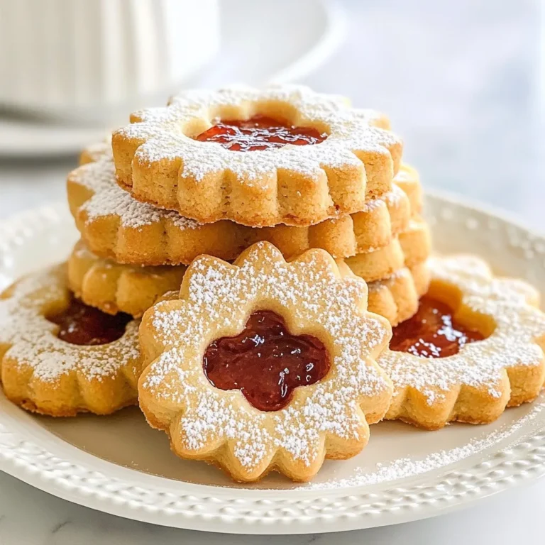 To make Raspberry Almond Linzer Cookies, you need a few key ingredients. Each one plays a big role in making these cookies tasty and special. Here is the list: - 2 cups all-purpose flour - 1 cup unsalted butter, softened at room temperature - 2/3 cup powdered sugar, plus extra for dusting - 1/2 cup almond meal - 1 large egg yolk - 1 teaspoon pure vanilla extract - 1 teaspoon pure almond extract - 1/4 teaspoon fine salt - 1 cup raspberry jam (for filling) Each ingredient adds flavor and texture to the cookies. The all-purpose flour gives a good base. The unsalted butter makes them rich and smooth. Powdered sugar sweetens the mix and keeps it light. Almond meal adds a nutty taste. Vanilla and almond extracts enhance the flavor profile beautifully. Finally, the raspberry jam brings a fruity burst that completes these delightful treats. {{ingredient_image_2}} 1. Preheat your oven to 350°F (175°C). This makes sure the cookies bake evenly. 2. Line two baking sheets with parchment paper. This helps the cookies not stick. 3. In a large bowl, cream together the softened butter and powdered sugar. Use an electric mixer on medium speed. Beat for about 3-4 minutes until fluffy. 4. Add the egg yolk, vanilla extract, and almond extract into the butter mix. Mix on low speed until smooth and well combined. 1. Gradually sift in the all-purpose flour, almond meal, and fine salt. Mix on low speed until the dough forms. Be careful not to overmix. 2. Divide the dough in half. Shape each piece into a flat disk. Wrap each disk in plastic wrap. 3. Chill the dough in the refrigerator for at least 30 minutes. This helps the dough firm up for easier rolling. 1. After chilling, take one disk of dough from the fridge. On a lightly floured surface, roll it out to about 1/8 inch thick. 2. Use a cookie cutter to cut out shapes. For half of these shapes, use a smaller cutter to make a window in the center. 3. Carefully transfer the cookies to the lined baking sheets. Leave space between each cookie. 4. Bake in the preheated oven for 10-12 minutes. Watch for lightly golden edges. 5. Let the cookies cool completely on a wire rack before you assemble them. 1. Take the solid cookies and spread about 1 teaspoon of raspberry jam on top. 2. Place the cookies with cut-out centers on top of the jam-covered cookies. This makes a lovely sandwich. 3. Dust the tops with powdered sugar just before serving. This adds a nice touch to your cookies. To make the perfect Raspberry Almond Linzer Cookies, focus on the dough texture. You want it to be soft but not sticky. When mixing your ingredients, stop as soon as it forms a ball. Overmixing can lead to tough cookies. Chilling the dough is key for easy handling. After you shape each piece into a disk, wrap it in plastic. Refrigerate for at least 30 minutes. This helps the dough firm up, making rolling much easier. Serve these lovely cookies on a decorative platter. This makes them look even more appealing. For a special touch, add a few fresh raspberries or mint leaves around the cookies. The bright colors will draw everyone in. Dust the top of each cookie with powdered sugar. This adds elegance and makes them picture-perfect. Remember, a beautiful treat tastes even better! Pro Tips Chill the Dough: Chilling the dough not only makes it easier to roll out but also helps prevent the cookies from spreading too much in the oven. Use Quality Jam: For the best flavor, opt for high-quality raspberry jam. Homemade jam can elevate your cookies to the next level. Experiment with Shapes: Get creative with your cookie cutters! Use seasonal shapes for holidays to make these cookies festive and fun. Dust Just Before Serving: To keep the powdered sugar from absorbing moisture and looking dull, dust the cookies with sugar just before serving. {{image_4}} You can change the jam if you like. Try other flavors like strawberry or apricot. You can also use nut types that you enjoy. Hazelnuts and walnuts both work great. Each nut adds its own unique taste. This way, you can create a twist on the classic recipe. Adding spices can make these cookies even better. A pinch of cinnamon or nutmeg can add warmth. You can also change the extracts. Instead of almond, try lemon or orange. This will give your cookies a fresh, new flavor. Each variation allows for creative fun in the kitchen! To keep your Raspberry Almond Linzer Cookies fresh, choose a good container. A tin or a glass jar works great. These options help keep cookies soft and tasty. You can store cookies at room temperature for up to five days. Just make sure they are in a sealed container. If you want them to last longer, you can refrigerate them. This can keep them fresh for up to two weeks. However, the cold may change their texture a bit. These cookies taste best when fresh. Enjoy them within one week for the best flavor. After that, they can still taste good but may lose some charm. To keep their texture, place parchment paper between layers in your container. This helps them stay soft. If you see any moisture, it’s a sign to eat them soon. For the best flavor, avoid exposing them to air or heat. Can I use different types of flour? Yes, you can use other flours. Try using whole wheat flour for a nutty flavor. Gluten-free flour works too, but it may change the texture. How do I know when the cookies are done baking? Look for lightly golden edges. The centers may look soft, but they will firm up as they cool. Keep an eye on them after 10 minutes. What can I use instead of almond meal? You can swap almond meal with finely ground walnuts or hazelnuts. Sunflower seed flour is a great nut-free option. Can I freeze these cookies? If so, how? Yes, you can freeze these cookies. Place them in an airtight container with layers of parchment paper. They last up to three months in the freezer. My cookies spread too much; what went wrong? Too much butter or not enough flour can cause spreading. Ensure your butter is softened but not melted. Chilling the dough helps too. How can I avoid cookies sticking to the surface? Roll the dough on a floured surface. Use parchment paper for baking. You can also chill the dough to make it easier to handle. In this post, we explored the delightful world of Raspberry Almond Linzer Cookies. From choosing the right ingredients to tips for perfect baking, you now have the tools to create these tasty treats. Remember to chill your dough and be creative with flavors or fillings. Store your cookies properly to keep them fresh longer. With practice, you'll master this recipe. Enjoy baking and sharing these cookies with loved ones!