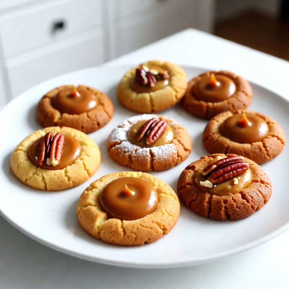 To make these dulce de leche thumbprint cookies, you will need: - 1/2 cup unsalted butter, softened to room temperature - 1/2 cup granulated sugar - 1/4 cup packed dark brown sugar - 1 large egg yolk - 1 teaspoon pure vanilla extract - 1 1/2 cups all-purpose flour - 1/2 teaspoon baking powder - 1/4 teaspoon fine sea salt - 1/2 cup dulce de leche, for filling - 1/4 cup chopped toasted pecans (optional, for garnish) If you have allergies, here are some easy swaps: - Butter: Use coconut oil or a dairy-free butter. - Egg: Substitute with 1/4 cup applesauce or a flax egg (1 tablespoon ground flaxseed + 2.5 tablespoons water). - Flour: Use a gluten-free all-purpose flour blend. - Nuts: Omit pecans if you have a nut allergy or use sunflower seeds. Garnishes can make these cookies even better. Here are some ideas: - Chopped toasted pecans: For a nice crunch. - Drizzle of chocolate: Melted chocolate adds a sweet touch. - Powdered sugar: A light dusting gives a nice finish. - Sea salt flakes: A sprinkle can enhance the sweet flavor. These ingredients and substitutions help create the perfect dulce de leche thumbprint cookies. Enjoy the process and feel free to personalize! {{ingredient_image_2}} Start by gathering all your ingredients. Here’s what you need: - 1/2 cup unsalted butter, softened to room temperature - 1/2 cup granulated sugar - 1/4 cup packed dark brown sugar - 1 large egg yolk - 1 teaspoon pure vanilla extract - 1 1/2 cups all-purpose flour - 1/2 teaspoon baking powder - 1/4 teaspoon fine sea salt - 1/2 cup dulce de leche, for filling - 1/4 cup chopped toasted pecans (optional, for garnish) Make sure your butter is soft. This helps it mix well with the sugars. Preheat your oven to 350°F (175°C) and line a baking sheet with parchment paper. This will keep your cookies from sticking. In a large bowl, cream the softened butter, granulated sugar, and brown sugar together. Use an electric mixer for about 2-3 minutes until the mix is light and fluffy. Next, add the egg yolk and vanilla extract. Mix again until everything is smooth. In another bowl, sift together the flour, baking powder, and salt. This step helps your cookies rise and keep a nice texture. Slowly add this dry mix to the wet ingredients. Mix on low speed until the dough forms. Be careful not to overmix; this can make your cookies tough. Now, use a tablespoon to scoop out the dough. Roll each scoop into a ball about 1 inch in diameter. Place the balls on the prepared baking sheet, leaving about 2 inches between each one. With your thumb or the back of a teaspoon, press down in the center of each ball. This creates the thumbprint that will hold the dulce de leche. Fill each thumbprint with about a teaspoon of dulce de leche. Let it mound a little for a nice look. If you want, sprinkle chopped toasted pecans around the edges for added crunch. Bake your cookies in the preheated oven for 12–15 minutes. Keep an eye on them until the edges turn light golden brown. Once done, let them cool on the baking sheet for about 5 minutes. After that, transfer them to a wire rack to cool completely. Enjoy the sweet, creamy taste of these thumbprint cookies! To avoid overmixing the dough, mix slowly. Combine wet and dry ingredients on low speed. Stop mixing as soon as you see no flour. Overmixing can make cookies tough. You want a soft dough that holds together. To ensure even baking, place cookies on a lined sheet pan. Leave space between each cookie. This helps heat circulate. Rotate the baking sheet halfway through baking. This step helps all cookies bake evenly. Keep an eye on them for the perfect golden edges. For a beautiful presentation, arrange cookies on a nice plate. Dust them lightly with powdered sugar. This adds a touch of elegance. For extra flair, serve with whipped cream. Guests can dip their cookies for a fun twist! Pro Tips Chill the Dough: Refrigerate the dough for 30 minutes before baking to help the cookies hold their shape and prevent spreading too much. Fresh Dulce de Leche: If possible, use homemade dulce de leche for a richer flavor; it’s easier than you think and elevates the cookies significantly. Variety of Fillings: Experiment with different fillings like raspberry jam or chocolate ganache for a fun twist on the classic thumbprint cookie. Even Baking: Bake in batches and ensure that your baking sheets are cool before adding a new batch of dough to prevent uneven baking. {{image_4}} You can switch up the filling for these cookies. Instead of dulce de leche, try using chocolate ganache or fruit jam. Chocolate ganache is rich and smooth. To make it, just melt chocolate with cream. This gives a tasty twist. Jam adds fruitiness. Choose your favorite jam, like raspberry or apricot. The options are endless, and each filling brings a unique flavor. Want to add some crunch? Use different nuts for garnish. Chopped walnuts or almonds work great. You can even skip the nuts if you prefer a nut-free version. Just remember, the nuts add a nice texture and flavor. They pair well with the sweetness of the filling. Experiment with what you have on hand! You can make these cookies special for holidays. For Christmas, add some peppermint extract to the dough. Top with crushed candy canes. For fall, try pumpkin spice in the dough and add a cream cheese filling. These seasonal twists can make your cookies festive and fun. It’s a great way to enjoy them all year round! To keep your dulce de leche thumbprint cookies fresh, store them in an airtight container. This will help keep them soft and moist. Place parchment paper between layers if stacking them. This simple step prevents sticking. Store them at room temperature for up to five days. You can freeze these cookies for future treats. Start by placing the cooled cookies on a baking sheet in a single layer. Freeze them for about an hour until firm. Then, transfer them to a freezer bag or container. They will stay fresh for about three months. When you're ready to eat, let them thaw at room temperature. To maintain the best taste, keep cookies away from heat or sunlight. A cool, dry place is ideal. You can also add a slice of bread in the container. This helps keep the cookies soft by absorbing excess moisture. Enjoy your cookies whenever you want! Yes, you can use homemade dulce de leche. In fact, it often tastes richer than store-bought. To make it, simmer sweetened condensed milk for about 1-2 hours. Stir it often to avoid burning. Let it cool before using it in your cookies. This personal touch makes the cookies even special. To freeze dulce de leche thumbprint cookies, first let them cool completely. Then, place them in a single layer on a baking sheet. Freeze for about an hour, until firm. After that, transfer them to an airtight container or a freezer bag. They can last up to three months. When you're ready to enjoy them, just thaw at room temperature. Yes, you can make these cookies gluten-free. Simply substitute all-purpose flour with a gluten-free blend. Many blends work well, so choose one that you like. Just make sure it has xanthan gum to help with texture. Enjoy your delicious cookies without the gluten! You now have all the tools to make delicious thumbprint cookies. We covered ingredients, including substitutes for allergens and garnishes to enhance flavor. The step-by-step guide ensures you can prep, mix, and bake like a pro. I shared tips to avoid overmixing and the best ways to present your cookies. You also learned about variations and how to store them. I hope you feel confident to try this recipe. Enjoy baking and sharing your tasty treats!