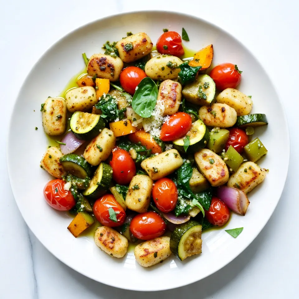 - 1 pound shelf-stable gnocchi - 1 cup cherry tomatoes, cut in half - 1 medium zucchini, sliced into half-moons - 1 bell pepper (your choice of color), diced into bite-sized pieces - 1 medium red onion, chopped - 2 cups fresh spinach, roughly chopped - 1/4 cup basil pesto - 3 tablespoons olive oil - Salt and pepper, to taste - Fresh basil leaves for garnish - Grated Parmesan cheese for serving (optional) This dish starts with gnocchi. Choose shelf-stable gnocchi for easy cooking. Gnocchi adds a soft, pillowy texture to the meal. Next, grab fresh veggies for color and taste. Cherry tomatoes bring sweetness. Zucchini adds a nice crunch. Bell pepper gives a pop of color. Red onion offers a sharp bite. You can also add fresh spinach. It wilts down nicely and adds a healthy touch. The basil pesto ties everything together. It adds a rich, herby flavor that makes this dish shine. Olive oil helps in roasting the veggies and gnocchi evenly. Don’t forget to season with salt and pepper. This step is key to enhancing the dish. For garnish, fresh basil leaves add a lovely aroma. If you want extra flavor, sprinkle grated Parmesan cheese before serving. It’s optional but highly recommended. {{ingredient_image_2}} Set your oven temperature to 425°F (220°C). This helps the dish cook evenly. Spread 1 pound of gnocchi, 1 cup of halved cherry tomatoes, 1 medium sliced zucchini, 1 diced bell pepper, and 1 chopped red onion on a large sheet pan. Make sure they are evenly spaced for even cooking. Drizzle 3 tablespoons of olive oil over the veggies and gnocchi. Add 1/4 cup of basil pesto on top. Season with salt and pepper to taste. Using your hands or a spatula, gently toss everything together. Arrange the mixture in a single layer on the sheet pan. Place it in the preheated oven and roast for 20-25 minutes. Stir halfway through for even browning. During the last 5 minutes, stir in 2 cups of roughly chopped spinach. This will wilt the spinach without overcooking it. Enjoy your vibrant, tasty meal! Even layering on the sheet pan is key for great roasting. When you spread the gnocchi and veggies evenly, they cook better. Each piece gets heat from the oven. If they’re piled too high, some won’t cook right. This can lead to soggy spots. Aim for a single layer. It helps everything brown nicely. You can boost the flavor in many ways. Try adding garlic powder or Italian herbs. A squeeze of lemon juice can add brightness too. For extra crunch, toss in nuts or seeds. If you love spice, add red pepper flakes. Don’t shy away from trying new toppings, like olives or artichokes. Fresh basil leaves on top bring freshness. Grated Parmesan cheese adds creaminess and richness. Experiment until you find your favorite mix! This dish is hearty but pairs well with sides. A simple green salad can balance the meal. Consider serving garlic bread for some crunch. You could also add a protein, like grilled chicken or shrimp, if you want. This way, you make it filling and satisfying. The options are endless, so choose what you love! Pro Tips Choose Your Veggies Wisely: Feel free to swap in your favorite seasonal vegetables for variety. Roasted carrots, asparagus, or broccoli would all work beautifully in this dish. Perfectly Crispy Gnocchi: Make sure to space the gnocchi and vegetables evenly on the sheet pan for optimal browning. Overcrowding can lead to steaming instead of roasting. Pesto Alternatives: If you don’t have basil pesto, try sun-dried tomato pesto or even a homemade herb blend for a unique twist on flavor. Serving Suggestions: This dish pairs wonderfully with a light salad or crusty bread. Consider adding a splash of lemon juice over the top before serving for a refreshing finish. {{image_4}} You can switch the veggies for this dish. Try using broccoli, asparagus, or carrots. These choices add different flavors and colors. You can even mix in some mushrooms or eggplant for a unique taste. Remember to cut them into similar sizes. This helps them cook evenly with the gnocchi. Want to boost the protein? You can easily add chicken, shrimp, or tofu. For chicken, cut it into bite-sized pieces. Toss them on the sheet pan with the veggies. For shrimp, use raw, peeled shrimp and add them in the last 10 minutes of cooking. If you prefer tofu, use firm tofu and cube it. Toss it in with the other ingredients to soak up the flavors. To make this dish vegan, skip the Parmesan cheese. Instead, use a vegan cheese or no cheese at all. Check for a vegan pesto if you want to keep the same flavor. Many brands offer plant-based pesto options. You can also add more veggies or beans for protein. This keeps the meal satisfying and delicious while staying plant-based. To store leftovers, let the dish cool first. Place it in an airtight container. You can keep it in the fridge for up to three days. If you want to save it longer, freeze it. Use a freezer-safe container and it can last up to three months. Make sure to label it with the date. This way, you can enjoy it later without worry. When you reheat, aim to keep the gnocchi soft. Use the oven if you can. Preheat it to 350°F (175°C). Spread the gnocchi and veggies on a baking sheet. Cover with foil to keep moisture in. Heat for about 15-20 minutes. You can also use a microwave. Place a portion in a bowl, add a splash of water, and cover. Heat for 1-2 minutes, stirring halfway through. For busy days, make this dish ahead of time. You can prep the veggies a day early. Cut and store them in the fridge in a sealed bag. You can also cook the gnocchi in advance. Just remember not to mix until you're ready to bake. Combine everything on the sheet pan just before roasting. This saves time and keeps flavors fresh. You can store leftovers in the fridge for up to three days. Use an airtight container to keep them fresh. If you want to store them longer, freeze them for up to two months. Just remember to let them cool completely before freezing. When you're ready to eat, thaw them overnight in the fridge. Reheat in the oven or on the stove for the best taste. Yes, you can use frozen gnocchi! Just toss them straight onto the sheet pan without thawing. This will help them cook evenly with the veggies. Keep in mind that cooking time might be a bit longer, so check them to avoid overcooking. Frozen gnocchi can give you a nice texture, too. If you don't have basil pesto, don’t worry! You can try other sauces like sun-dried tomato pesto or spinach pesto. For a homemade option, blend fresh herbs, nuts, and olive oil with garlic. You can make a simple sauce with just olive oil, garlic, and cheese if you prefer a lighter flavor. This recipe combines simple ingredients for a tasty dish. You start with gnocchi and fresh veggies, then roast them to perfection. Add spinach at the end for color and flavor. Feel free to toss in your favorite protein or change the veggies to suit your taste. With easy steps and tips, this dish is great for any meal. Enjoy experimenting with the variations and make it your own. Happy cooking!