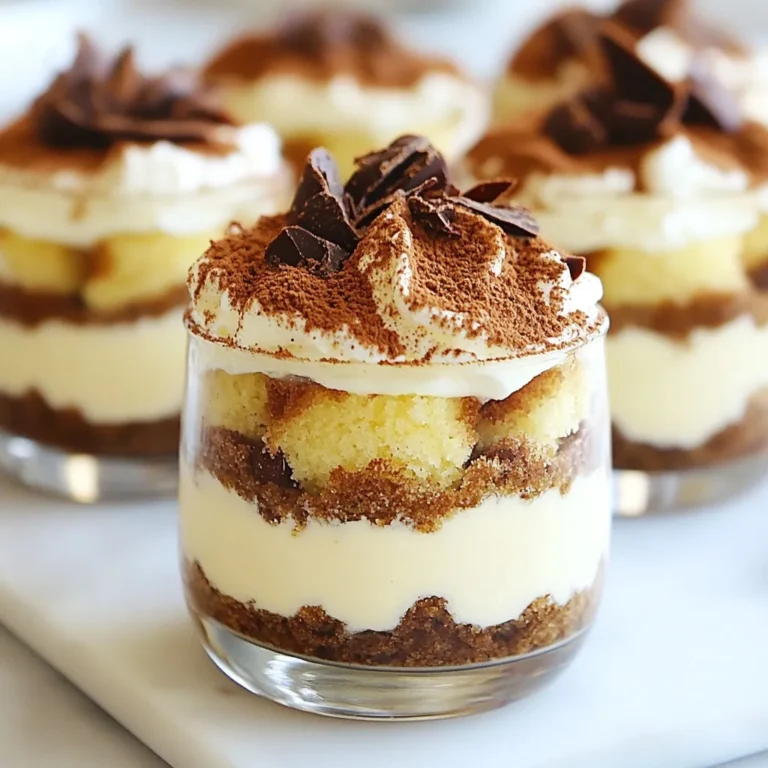 To make classic tiramisu cups, you will need the following ingredients: - 1 cup strong brewed coffee, cooled to room temperature - 1 cup heavy whipping cream - 8 oz mascarpone cheese, softened - 1/2 cup granulated sugar - 1 teaspoon pure vanilla extract - 12 ladyfinger cookies - Unsweetened cocoa powder for dusting - Dark chocolate shavings for garnish (optional) These ingredients create the rich and creamy layers that define tiramisu. Using quality ingredients makes a big difference in flavor. Here are my tips: - Coffee: Use fresh, strong coffee. Brew it just before use for the best taste. - Heavy Cream: Choose heavy whipping cream with a high fat content. This ensures a rich texture. - Mascarpone Cheese: Look for authentic mascarpone. It has a unique taste that elevates your dessert. - Sugar: Granulated sugar works best for sweetness. Avoid substitutes that might alter the flavor. Measurements are key for a perfect tiramisu. Here are some options: - Coffee: If you don’t have coffee, try using strong brewed tea. It will change the taste but still be delicious. - Mascarpone Cheese: If mascarpone is hard to find, cream cheese can be a substitute. Mix it with some heavy cream to mimic the texture. - Ladyfingers: Savoiardi are best, but sponge cake cut into strips will work in a pinch. Using the right ingredients and measurements ensures your tiramisu cups are delightful and easy to make! {{ingredient_image_2}} To start, grab a large mixing bowl. Add 1 cup of heavy whipping cream. Use an electric mixer to beat the cream. Mix at medium speed until soft peaks form. This usually takes about 2 to 3 minutes. The cream should look fluffy and hold its shape. In another bowl, combine 8 oz of softened mascarpone cheese, 1/2 cup of granulated sugar, and 1 teaspoon of pure vanilla extract. Use a spatula or a hand mixer to mix everything together. Keep mixing until the mixture is smooth and creamy. Make sure there are no lumps left. This step is key for a rich flavor. Now, it’s time to layer. First, dip 12 ladyfinger cookies in the cooled coffee for about 2 seconds. Don’t soak them too long, or they will get soggy. Place a layer of dipped ladyfingers at the bottom of your serving cups. Next, add about 2-3 tablespoons of the mascarpone mixture on top. Smooth it out with a spoon. Repeat this process, layering until you finish with the mascarpone mixture on top. Once you finish layering, cover the cups tightly with plastic wrap. Refrigerate them for at least 4 hours. For the best taste, let them sit overnight. Before you serve, dust the top with unsweetened cocoa powder. If you like, add some dark chocolate shavings for a nice touch. Enjoy your delightful dessert! To make great tiramisu, you must dip the ladyfingers just right. Dip each ladyfinger in the cooled coffee for only 2 seconds. If you dip too long, they will become too soggy. You want them soft but still firm enough to hold their shape. A quick dip ensures each bite has that perfect coffee flavor without losing the texture. Whipping the heavy cream is key to a light tiramisu. Use an electric mixer on medium speed. Beat the cream until soft peaks form, which takes about 2 to 3 minutes. Once whipped, gently fold it into the mascarpone mixture. This keeps the cream fluffy. If you mix too hard, the cream will lose its lightness. You can boost flavor by using quality ingredients. Choose a strong brewed coffee for that rich taste. Pure vanilla extract adds depth to the cream. For extra texture, sprinkle dark chocolate shavings on top before serving. The combination of cocoa powder and chocolate creates a delightful finish that looks and tastes amazing. Pro Tips Choose Quality Ingredients: Using high-quality coffee and fresh mascarpone cheese will elevate the flavor of your tiramisu, making it even more decadent. Perfecting the Soak: When dipping ladyfingers, ensure they are submerged for just 2 seconds to achieve the right balance of moisture without becoming soggy. Chill Time Matters: Allowing the tiramisu to chill overnight in the refrigerator enhances the flavors and improves the texture, making each bite more enjoyable. Garnish with Flair: For an elegant presentation, top each cup with a dusting of cocoa powder and a sprinkle of dark chocolate shavings just before serving. {{image_4}} If you love chocolate, try chocolate tiramisu cups! You can easily make this variation. Use chocolate coffee or add cocoa to the mascarpone mix. You can also layer chocolate shavings between the layers. This adds a rich, sweet taste with every spoonful. For a fruity twist, make frutti di bosco tiramisu cups. Use mixed berries like strawberries, blueberries, and raspberries. Instead of coffee, dip ladyfingers in berry juice or a berry puree. Layer the berries with the mascarpone mix. This fruity version is fresh and fun! Not a coffee fan? No problem! You can use tea or milk instead. Brew a strong chai or herbal tea and let it cool. Dip your ladyfingers in this tea mix. It gives a unique flavor that pairs well with the creamy mascarpone. You can also use almond milk for a nutty taste. These variations let you enjoy tiramisu in different ways. Each one brings its own twist to this classic dessert! To keep your tiramisu cups fresh, store them in the fridge. Cover each cup with plastic wrap. This protects them from odors and keeps them moist. Make sure to keep them on a flat surface. Avoid stacking them to prevent spills. Tiramisu cups stay tasty in the fridge for about 3 to 4 days. The flavors get better as they sit. However, I recommend eating them within this time for the best taste. If you wait too long, the ladyfingers may become too soft. You can freeze tiramisu cups if you want to save some for later. First, make sure they are well-covered. Use plastic wrap or a freezer-safe container. They can last up to 2 months in the freezer. When you want to enjoy them, thaw them in the fridge overnight. Do not refreeze once thawed, as that can change the texture. Yes, you can make Tiramisu Cups ahead of time. In fact, I recommend it! Making them a day in advance lets the flavors blend well. Just cover each cup tightly with plastic wrap and store them in the fridge. This will help the ladyfingers soak up the coffee flavor. The dessert will taste even better after a night in the fridge. If you don't have mascarpone cheese, don't worry! You can use cream cheese as a substitute. Just mix it with some heavy cream to soften it. Another option is to blend ricotta cheese with a bit of heavy cream and sugar. This will give a similar creamy texture, but with a different taste. Both options work well in this recipe. To keep your Tiramisu Cups from being soggy, dip the ladyfingers briefly in coffee. Only soak them for about 2 seconds. If you dip them too long, they will soak up too much liquid. You can also layer the cups right after dipping. This way, the ladyfingers stay firm and delicious. Finally, chilling the cups helps the layers hold their shape. Making classic tiramisu cups is fun and rewarding. We discussed key ingredients and their quality. You learned how to whip heavy cream and prepare a creamy mascarpone mix. The layering steps bring it all together. With tips on ladyfinger dipping and adjusting flavors, your dessert will shine. You can even explore chocolate or berry variations to switch things up. Now you know how to store and enjoy your tiramisu cups. Trust these skills to impress your family and friends with this treat!