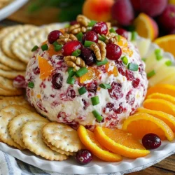 - 8 oz cream cheese, softened - 1 cup sharp cheddar cheese, shredded - 1/2 cup dried cranberries, finely chopped - 1/4 cup fresh orange zest, grated - 1/4 cup green onions, minced - 1/4 cup walnuts or pecans, chopped (optional) - 1 tablespoon honey - 1/2 teaspoon garlic powder - 1/2 teaspoon salt - Assorted crackers and fresh fruit (like apple slices or grapes) for serving Each ingredient adds its own flavor. Cream cheese gives a smooth base. Sharp cheddar adds a rich taste. Dried cranberries bring sweetness and chewiness. Fresh orange zest gives a bright, citrus note. Green onions add a mild bite. Nuts, like walnuts or pecans, add crunch if you choose to use them. Honey adds a hint of sweetness, while garlic powder and salt balance the flavors. You can swap cream cheese for a vegan option, like cashew cheese. If sharp cheddar is too strong, use mild cheddar. For a nut-free version, skip the walnuts or pecans. You can replace dried cranberries with raisins or chopped figs for a different twist. If fresh orange zest is not available, lemon zest works too. {{ingredient_image_2}} To start, gather your ingredients. You need cream cheese, sharp cheddar, cranberries, orange zest, green onions, nuts, honey, garlic powder, and salt. First, take 8 oz of cream cheese and let it soften at room temperature. This helps it mix well. In a big mixing bowl, add the cream cheese and 1 cup of shredded sharp cheddar cheese. Use a hand mixer or spatula to blend these until the mix is creamy and smooth. Next, fold in 1/2 cup of finely chopped dried cranberries. Then add 1/4 cup of fresh orange zest, 1/4 cup of minced green onions, and 1/4 cup of chopped walnuts or pecans, if you want. Don&rsquo;t forget to mix in 1 tablespoon of honey, 1/2 teaspoon of garlic powder, and 1/2 teaspoon of salt. Stir until everything is well combined. Once mixed, it&rsquo;s time to shape the cheese ball. Wet your hands with a little water if the mix feels sticky. Form it into a large ball. Wrap the shaped cheese ball tightly in plastic wrap. Put it in the fridge for at least 2 hours. Chilling helps the flavors blend and makes the cheese ball firm. When you&rsquo;re ready to serve, take the cheese ball out of the fridge. Unwrap it carefully. For a fun touch, roll the cheese ball in extra chopped cranberries, nuts, or some orange zest. This adds color and flavor. Present the cheese ball on a festive platter. Surround it with assorted crackers and fresh fruit like apple slices or grapes. It will look beautiful and inviting! To boost the taste of your cranberry orange cheese ball, try these ideas: - Add a pinch of cayenne for heat. - Include fresh herbs like thyme or rosemary for depth. - Use a mix of cheeses, such as goat cheese or blue cheese, for richness. - Swap honey for maple syrup for a unique sweetness. These small changes can make a big difference. Watch out for these common errors: - Don&rsquo;t skip chilling the cheese ball; it helps flavors blend. - Avoid over-mixing; this can make the cheese ball too soft. - Ensure your cream cheese is soft enough to mix easily. - Don&rsquo;t overlook the presentation; a well-presented cheese ball is more inviting. By avoiding these mistakes, your cheese ball will shine. When serving your cheese ball, consider these fun ideas: - Arrange assorted crackers around the cheese ball for a colorful display. - Pair with fresh fruit, like apple slices or grapes, for balance. - Serve with a drizzle of honey on top for extra flavor. - Use toothpicks for easy serving at parties. These tips make your cheese ball a festive centerpiece. Pro Tips Chill for Flavor: Allow the cheese ball to chill for at least 2 hours, or even overnight, to let the flavors meld together for a richer taste. Creative Coatings: Roll the cheese ball in various toppings like chopped herbs, nuts, or seeds to enhance flavor and presentation. Make Ahead: Prepare the cheese ball a day in advance for convenience, making your hosting stress-free and allowing for more time with guests. Serving Suggestions: Pair with a variety of crackers, fresh fruit, and even vegetables for an appealing and versatile appetizer spread. {{image_4}} You can change the flavor of your cheese ball easily. Add herbs like rosemary or thyme for a savory touch. For sweetness, mix in finely chopped dried apricots or figs. If you like spice, try adding a pinch of cayenne or chili powder. Each change gives a new taste that excites the palate. The cheese ball can shine with different cheese mixes. Swap sharp cheddar for creamy goat cheese or tangy blue cheese. Use a mix of cream cheese and feta for a Mediterranean twist. You can even try adding a splash of your favorite cheese spread. Each combo offers a unique flavor and texture. Seasonal flavors can make your cheese ball special. In spring, add fresh herbs like chives or basil. In fall, mix in pumpkin puree and spices like cinnamon or nutmeg. For winter, consider adding cranberry sauce or even a hint of peppermint extract. These twists can make your cheese ball perfect for any holiday party. To keep your cranberry orange cheese ball fresh, wrap it tightly in plastic wrap. This helps prevent it from drying out. Place it in an airtight container in the fridge. This way, it stays moist and tasty. Always ensure your fridge is at 40&deg;F or below to keep food safe. You can freeze the cheese ball, but it may change texture. Wrap it tightly in plastic wrap, then place it in a freezer bag. Write the date on the bag. It can stay in the freezer for up to two months. When ready to eat, thaw it in the fridge overnight. In the fridge, your cheese ball lasts about five days. If you see mold or an off smell, toss it. For the best taste, eat it fresh. If frozen, plan to use it within two months for optimal flavor. Yes, you can make a cheese ball ahead of time. I often prepare it a day in advance. Just wrap it well in plastic wrap. This allows the flavors to blend. You can store it in the fridge until you are ready to serve. The best crackers for this cheese ball are light and crispy. I recommend using: - Water crackers - Toasted baguette slices - Whole grain crackers - Pita chips These options are great for balancing the creamy cheese and tart cranberries. You can use fresh cranberries, but they are very different. Fresh cranberries are tart and juicy. Dried cranberries add sweetness and chewiness. If you choose fresh, chop them finely and adjust the honey. You may also want to add a bit more sugar to balance the tartness. In this article, we explored how to make a great cheese ball. We covered the key ingredients, step-by-step instructions, and tips to avoid common mistakes. You learned how to store your cheese ball and variations to try. Remember, the right cheese and flavors can make your cheese ball shine. Use the tips shared here to impress friends and family. Enjoy making this tasty treat!