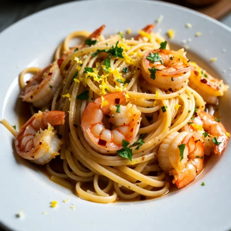 Here’s what you need for Shrimp Scampi Linguine: - Linguine pasta: 12 oz - Large shrimp: 1 lb, peeled and deveined - Garlic: 4 cloves, finely minced - Unsalted butter: 1/4 cup - Extra virgin olive oil: 1/4 cup - Red pepper flakes: 1/2 teaspoon - Lemon: 1, zested and juiced - Fresh parsley: 1/4 cup, finely chopped - Salt and pepper: to taste - Grated Parmesan cheese: optional These ingredients make the dish rich and tasty. Use good-quality shrimp for the best flavor. Fresh garlic adds a nice aroma. The lemon zest brightens the dish, while red pepper flakes give it a spicy kick. You can adjust the heat by adding more or less red pepper. Having fresh parsley on hand gives a pop of color and freshness to the dish. If you like cheese, sprinkle some grated Parmesan on top when serving. Each ingredient plays a key role in making this dish special. {{ingredient_image_2}} Boiling the water is the first step. Fill a large pot with water and add a lot of salt. This step adds flavor to the pasta. Bring the water to a rolling boil before adding the linguine. You should cook the pasta for about 8-10 minutes. This time will give you al dente pasta, which means it will still have a nice bite. Before you drain the pasta, reserve 1 cup of that starchy pasta water. This water helps to create a great sauce later. Next, it's time to sauté the shrimp. Use a large skillet and set the heat to medium. Add the unsalted butter and olive oil. Wait until the butter melts, then add the minced garlic and red pepper flakes. Cook for about 1-2 minutes. You want the garlic to smell good but not burn. After the garlic is fragrant, add the shrimp to the skillet. Season with salt and pepper. Cook the shrimp for about 3-4 minutes. They should turn pink and opaque when they are done. Now, it’s time to combine the pasta and shrimp. Gently add the drained linguine to the skillet with the shrimp. Toss everything together to make sure the pasta gets coated well. Start adding the reserved pasta water, beginning with half a cup. This step helps to adjust the sauce's thickness. Stir in the lemon zest and juice. This will add a fresh flavor. Mix for another 1-2 minutes to heat everything through. How do you know when shrimp are perfectly cooked? Look for their color. They should turn pink and opaque. This usually takes about 3-4 minutes on medium heat. If you see them turning gray, they need more time. You can also check their shape. Perfect shrimp curl into a C shape. If they form an O, they are overcooked. To avoid rubbery shrimp, stick to the cooking time. Overcooking makes shrimp tough. Always cook them just until they are pink. If you follow this, you'll have tender shrimp every time. How can you balance spice levels? Adjust the red pepper flakes to fit your taste. Start with 1/2 teaspoon. You can always add more later if you want more heat. This method helps you control the spice without overpowering the dish. Why is it important to use fresh parsley? Fresh herbs add bright flavor. Dried parsley lacks the same punch. Fresh parsley gives the dish a vibrant look and taste. Always chop it finely before adding it to the dish for the best result. What are some good plating techniques? Twirl the pasta using a fork for a nice nest. Place it in the center of the plate. This method creates a lovely presentation. You can also sprinkle fresh parsley on top for color. What sides go well with Shrimp Scampi Linguine? A simple salad pairs nicely. You can also serve garlic bread for a classic touch. Both options complement the flavors in the dish and add to the meal. Pro Tips Perfect Pasta Texture: Ensure you cook the linguine until it's al dente for the best texture. This prevents the pasta from becoming mushy when combined with the sauce. Fresh Shrimp Flavor: Use the freshest shrimp you can find. Fresh shrimp will have a subtle sweetness that frozen shrimp may lack. Adjusting Spice Levels: If you prefer a milder dish, consider reducing the red pepper flakes or omitting them altogether. You can always add a dash of hot sauce later if needed! Garnish for Presentation: A sprinkle of fresh parsley not only adds a pop of color but also enhances the dish's flavor. A wedge of lemon on the side can brighten the flavors even more! {{image_4}} You can make Shrimp Scampi Linguine fit your needs. First, try whole grain or gluten-free pasta. These options give you a healthier twist without losing flavor. They provide good texture and nutrients. If you want to swap the shrimp, consider using scallops or chicken. Both options cook quickly and pair well with the sauce. Scallops add a sweet touch, while chicken offers a mild flavor. For added flavor, try incorporating cherry tomatoes. They burst with sweetness and add a pop of color. Toss them in during the last few minutes of cooking to keep them fresh. Another great option is to use white wine. It brings depth and richness to the sauce. Just add a splash after sautéing the garlic and shrimp. Let it simmer for a minute to cook off the alcohol. If you love heat, adjust the red pepper flakes to your liking. Start with a little and add more as you taste. This way, you control the spice level. For an even spicier kick, add jalapeños. Slice them thin and toss them in with the shrimp. This will take your dish to a whole new level of heat and flavor! To store Shrimp Scampi Linguine, first let it cool. Use airtight containers for best results. This helps keep the flavors fresh. Store leftovers in the fridge. They will last for up to three days. Make sure to label the container with the date. When it’s time to enjoy leftovers, you want to reheat them well. For the microwave, place the pasta in a bowl. Add a splash of water. Cover it to keep moisture in. Heat in short bursts, stirring often. This helps avoid dry pasta. For stovetop reheating, use a pan over low heat. Add a bit of olive oil or butter. Stir the pasta gently until warmed. This method keeps the shrimp tender and tasty. Can you freeze Shrimp Scampi Linguine? Yes, but it’s best to freeze it without the shrimp. Cook the pasta and sauce, then cool them. Place them in freezer-safe bags. Squeeze out extra air before sealing. You can freeze it for up to two months. To reheat, thaw overnight in the fridge. Then, gently warm it in a pan. Add fresh shrimp if you like. This keeps your meal fresh and flavorful. Making Shrimp Scampi Linguine is quick and easy. The prep time takes about 10 minutes. Cooking the dish takes around 15 minutes. In total, you need about 25 minutes from start to finish. If you have a shellfish allergy, you can use chicken or tofu. Both options work well. For seafood lovers, scallops are a great choice. You can also try using firm white fish, like cod or halibut. Yes, you can make this dish ahead of time. Cook the pasta and shrimp, then store them separately. Keep the pasta in an airtight container in the fridge for up to three days. When ready to eat, reheat in a skillet. Add a splash of water to keep it moist. This blog post covered all you need to make great Shrimp Scampi Linguine. We talked about ingredients, step-by-step cooking, and tips for perfect results. Remember to use fresh herbs for the best taste and be careful not to overcook the shrimp. You can get creative with variations and store leftovers easily. Enjoy making this dish and share it with loved ones! Perfect food brings joy and good times around the table. Happy cooking!