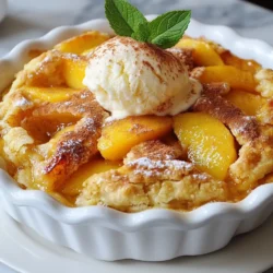 - 4 large ripe peaches, peeled and sliced into thin wedges - 1 cup granulated sugar (divided into two 1/2 cup portions) - 1 tablespoon freshly squeezed lemon juice - 1 teaspoon ground cinnamon - 1 teaspoon pure vanilla extract - 1 cup all-purpose flour - 1 teaspoon baking powder - 1/2 teaspoon salt - 1 cup whole milk - 1/2 cup unsalted butter, melted and slightly cooled - 1/2 teaspoon ground nutmeg (optional for extra warmth) For this peach cobbler, I choose the freshest peaches. They should be large and ripe. The sweetness of ripe peaches shines through. I peel and slice them into thin wedges. This makes it easier to enjoy each bite. I mix the peaches with sugar, lemon juice, cinnamon, and vanilla. The sugar draws out the peach juices. This mixture sits for about 10 minutes. It helps the flavors blend and makes the filling juicy. Next, I prepare the batter. I combine flour, baking powder, salt, and sugar in a bowl. This ensures the batter rises well. I also add optional nutmeg for warmth. It brings a nice spice to the dish. Then, I pour in whole milk and melted butter. I mix gently until just combined. I keep a few lumps in the batter. Overmixing can make it tough, and we want it soft. This mix of fresh ingredients and simple batter creates a delightful cobbler. Each bite brings a taste of summer and warmth. {{ingredient_image_2}} Set your oven to 375&deg;F (190&deg;C). This heat will help the cobbler cook evenly. Next, take a 9x13 inch baking dish. Lightly grease it with butter or cooking spray. This step keeps the cobbler from sticking. In a large bowl, mix 4 sliced peaches with 1/2 cup of sugar. Add 1 tablespoon of lemon juice, 1 teaspoon of cinnamon, and 1 teaspoon of vanilla extract. Gently toss everything together. Let it sit for about 10 minutes. This wait brings out the peach juice and enhances the flavor. In another bowl, whisk together 1/2 cup of sugar, 1 cup of flour, 1 teaspoon of baking powder, and 1/2 teaspoon of salt. If you like, add 1/2 teaspoon of ground nutmeg. Whisking helps blend the baking powder evenly with the flour. This step is key for a fluffy cobbler. Now, pour in 1 cup of milk into the dry mix. Stir gently with a spatula or spoon. Mix until just combined; small lumps are okay. Overmixing makes the batter tough, so be careful here. Pour 1/2 cup of melted butter into your greased dish. Make sure it covers the bottom evenly. Next, pour the batter on top without stirring. This creates a lovely layering effect. Now, spoon the peach mixture over the batter evenly. Some peaches may sink, but that&rsquo;s fine. They&rsquo;ll add flavor as it bakes. Place your dish in the oven. Bake for 35-40 minutes. Look for a golden brown top. Stick a toothpick in the center; it should come out clean. This tells you the cobbler is done. After baking, let the cobbler cool on a wire rack. This helps the flavors blend. For serving, dish it out warm. A scoop of vanilla ice cream on top makes it even better. A sprinkle of cinnamon and a mint sprig add a nice touch. Enjoy your delicious peach cobbler! When you pick peaches, look for large, ripe ones. They should feel slightly soft but not mushy. Ripe peaches offer the best flavor and sweetness. The juice will flow when you bite into them. Choosing the right peaches makes all the difference in your cobbler. You want them to be fragrant and colorful. Peaches that are too firm won't give your dish the juicy taste you seek. To boost the flavor of the peaches, consider adding nutmeg or ginger. These spices add warmth and depth to your dish. A pinch of ground nutmeg brings a cozy feel. Ginger adds a zing that pairs well with peaches. You might also try serving your cobbler with whipped cream or ice cream. A scoop of vanilla ice cream on warm cobbler is a real treat. You can even drizzle caramel sauce for an extra sweet touch. Watch out for common baking mistakes! Don't overmix your batter; a few lumps are okay. If you mix too much, the cobbler can turn out tough. Make sure your oven is at the right temperature, too. Cooling the cobbler on a wire rack is very important. This step helps the flavors come together and makes it easier to slice. If you skip this, the cobbler might fall apart when you cut it. A little patience pays off! Pro Tips Choose Ripe Peaches: Select peaches that are slightly soft to the touch with a fragrant aroma. This ensures maximum sweetness and juiciness for your cobbler. Experiment with Spices: Feel free to add a pinch of ground ginger or allspice along with the cinnamon for a unique flavor twist that complements the peaches beautifully. Don&rsquo;t Skimp on Butter: Using melted butter in the batter not only adds richness but also helps create a lovely golden crust. Make sure it&rsquo;s evenly poured to ensure even baking. Serve Warm: For the best experience, serve your cobbler warm right out of the oven. Pair it with ice cream or whipped cream to elevate the dessert experience! {{image_4}} You can make this peach cobbler gluten-free. Just swap all-purpose flour with a gluten-free blend. Look for a mix that includes xanthan gum for better texture. Your cobbler will have a different feel. It may be a bit more crumbly, but it still tastes great! Feel free to add other fruits to your cobbler. Blueberries, raspberries, or blackberries work well with peaches. They add a burst of flavor and color. You can mix and match fruits to find your favorite combos. Think about how the flavors blend. Sweet peaches pair nicely with tart berries. Toppings can change your cobbler experience. Try vanilla, chocolate, or even caramel ice cream. Each adds a different taste. You can also sprinkle nuts, like almonds or pecans, on top for crunch. Crumb toppings, made from oats and butter, can add texture too. Explore these options to make your cobbler unique! To keep your fresh peach cobbler tasty, refrigerate it. Cover it with plastic wrap or use an airtight container. This keeps it fresh for up to three days. When ready to eat, you can reheat it. Use your oven at 350&deg;F (175&deg;C) for about 15 minutes. This warms it up without making it soggy. You can also use the microwave, but do it in short bursts. Check every 20 seconds until warm. If you want to save your cobbler for later, freezing is a great option. First, let it cool completely. Then, cut it into pieces. Wrap each piece tightly in plastic wrap. Place them in a freezer-safe bag or container. This keeps your cobbler good for up to three months. When you want to enjoy it again, take it out and thaw it in the fridge overnight. To reheat, follow the same oven method or use the microwave. Just make sure it&rsquo;s heated all the way through. This way, you&rsquo;ll have a delicious treat ready to go! Yes, you can use frozen peaches. Just make sure to thaw and drain them first. This helps avoid extra liquid in your cobbler. Frozen peaches work well, but fresh peaches taste best. I recommend using them when they are in season. You can tell the cobbler is done when it is golden brown on top. Insert a toothpick into the center. If it comes out clean, your cobbler is ready. The edges will also be bubbly and slightly firm. Yes, you can make cobbler in advance. Prepare it and store it in the fridge before baking. You can bake it the next day. Just remember to let it sit at room temperature for a bit before baking. To reheat peach cobbler, place it in an oven at 350&deg;F (175&deg;C). Bake for about 15-20 minutes until warm. You can also use a microwave, but the oven keeps the crust crisp. Cover it loosely with foil to prevent over-browning. Absolutely! You can double the recipe to serve more people. Use a larger baking dish to hold all the batter and peaches. Just watch the baking time, as it may change. Check for doneness as you would with the regular recipe. If you need a substitute for milk, use almond milk or oat milk. Both will work well in the batter. You can also use water in a pinch, but it may change the taste slightly. Adjust the sweetness as needed. In this article, we explored making a peach cobbler with fresh ingredients. You learned about selecting ripe peaches and mixing the perfect batter. We walked through each step, from prepping the filling to baking and serving. Remember, choosing fresh, ripe peaches enhances the flavor. Enjoy experimenting with variations and storage tips. With patience and care, you can create a delicious dessert that everyone will love. Happy baking!