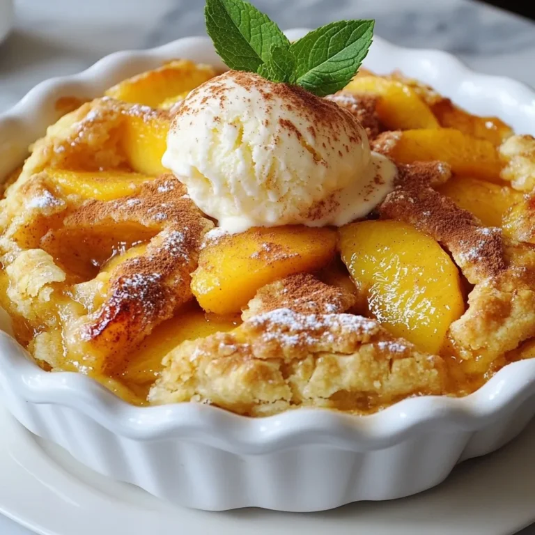- 4 large ripe peaches, peeled and sliced into thin wedges - 1 cup granulated sugar (divided into two 1/2 cup portions) - 1 tablespoon freshly squeezed lemon juice - 1 teaspoon ground cinnamon - 1 teaspoon pure vanilla extract - 1 cup all-purpose flour - 1 teaspoon baking powder - 1/2 teaspoon salt - 1 cup whole milk - 1/2 cup unsalted butter, melted and slightly cooled - 1/2 teaspoon ground nutmeg (optional for extra warmth) For this peach cobbler, I choose the freshest peaches. They should be large and ripe. The sweetness of ripe peaches shines through. I peel and slice them into thin wedges. This makes it easier to enjoy each bite. I mix the peaches with sugar, lemon juice, cinnamon, and vanilla. The sugar draws out the peach juices. This mixture sits for about 10 minutes. It helps the flavors blend and makes the filling juicy. Next, I prepare the batter. I combine flour, baking powder, salt, and sugar in a bowl. This ensures the batter rises well. I also add optional nutmeg for warmth. It brings a nice spice to the dish. Then, I pour in whole milk and melted butter. I mix gently until just combined. I keep a few lumps in the batter. Overmixing can make it tough, and we want it soft. This mix of fresh ingredients and simple batter creates a delightful cobbler. Each bite brings a taste of summer and warmth. {{ingredient_image_2}} Set your oven to 375°F (190°C). This heat will help the cobbler cook evenly. Next, take a 9x13 inch baking dish. Lightly grease it with butter or cooking spray. This step keeps the cobbler from sticking. In a large bowl, mix 4 sliced peaches with 1/2 cup of sugar. Add 1 tablespoon of lemon juice, 1 teaspoon of cinnamon, and 1 teaspoon of vanilla extract. Gently toss everything together. Let it sit for about 10 minutes. This wait brings out the peach juice and enhances the flavor. In another bowl, whisk together 1/2 cup of sugar, 1 cup of flour, 1 teaspoon of baking powder, and 1/2 teaspoon of salt. If you like, add 1/2 teaspoon of ground nutmeg. Whisking helps blend the baking powder evenly with the flour. This step is key for a fluffy cobbler. Now, pour in 1 cup of milk into the dry mix. Stir gently with a spatula or spoon. Mix until just combined; small lumps are okay. Overmixing makes the batter tough, so be careful here. Pour 1/2 cup of melted butter into your greased dish. Make sure it covers the bottom evenly. Next, pour the batter on top without stirring. This creates a lovely layering effect. Now, spoon the peach mixture over the batter evenly. Some peaches may sink, but that’s fine. They’ll add flavor as it bakes. Place your dish in the oven. Bake for 35-40 minutes. Look for a golden brown top. Stick a toothpick in the center; it should come out clean. This tells you the cobbler is done. After baking, let the cobbler cool on a wire rack. This helps the flavors blend. For serving, dish it out warm. A scoop of vanilla ice cream on top makes it even better. A sprinkle of cinnamon and a mint sprig add a nice touch. Enjoy your delicious peach cobbler! When you pick peaches, look for large, ripe ones. They should feel slightly soft but not mushy. Ripe peaches offer the best flavor and sweetness. The juice will flow when you bite into them. Choosing the right peaches makes all the difference in your cobbler. You want them to be fragrant and colorful. Peaches that are too firm won't give your dish the juicy taste you seek. To boost the flavor of the peaches, consider adding nutmeg or ginger. These spices add warmth and depth to your dish. A pinch of ground nutmeg brings a cozy feel. Ginger adds a zing that pairs well with peaches. You might also try serving your cobbler with whipped cream or ice cream. A scoop of vanilla ice cream on warm cobbler is a real treat. You can even drizzle caramel sauce for an extra sweet touch. Watch out for common baking mistakes! Don't overmix your batter; a few lumps are okay. If you mix too much, the cobbler can turn out tough. Make sure your oven is at the right temperature, too. Cooling the cobbler on a wire rack is very important. This step helps the flavors come together and makes it easier to slice. If you skip this, the cobbler might fall apart when you cut it. A little patience pays off! Pro Tips Choose Ripe Peaches: Select peaches that are slightly soft to the touch with a fragrant aroma. This ensures maximum sweetness and juiciness for your cobbler. Experiment with Spices: Feel free to add a pinch of ground ginger or allspice along with the cinnamon for a unique flavor twist that complements the peaches beautifully. Don’t Skimp on Butter: Using melted butter in the batter not only adds richness but also helps create a lovely golden crust. Make sure it’s evenly poured to ensure even baking. Serve Warm: For the best experience, serve your cobbler warm right out of the oven. Pair it with ice cream or whipped cream to elevate the dessert experience! {{image_4}} You can make this peach cobbler gluten-free. Just swap all-purpose flour with a gluten-free blend. Look for a mix that includes xanthan gum for better texture. Your cobbler will have a different feel. It may be a bit more crumbly, but it still tastes great! Feel free to add other fruits to your cobbler. Blueberries, raspberries, or blackberries work well with peaches. They add a burst of flavor and color. You can mix and match fruits to find your favorite combos. Think about how the flavors blend. Sweet peaches pair nicely with tart berries. Toppings can change your cobbler experience. Try vanilla, chocolate, or even caramel ice cream. Each adds a different taste. You can also sprinkle nuts, like almonds or pecans, on top for crunch. Crumb toppings, made from oats and butter, can add texture too. Explore these options to make your cobbler unique! To keep your fresh peach cobbler tasty, refrigerate it. Cover it with plastic wrap or use an airtight container. This keeps it fresh for up to three days. When ready to eat, you can reheat it. Use your oven at 350°F (175°C) for about 15 minutes. This warms it up without making it soggy. You can also use the microwave, but do it in short bursts. Check every 20 seconds until warm. If you want to save your cobbler for later, freezing is a great option. First, let it cool completely. Then, cut it into pieces. Wrap each piece tightly in plastic wrap. Place them in a freezer-safe bag or container. This keeps your cobbler good for up to three months. When you want to enjoy it again, take it out and thaw it in the fridge overnight. To reheat, follow the same oven method or use the microwave. Just make sure it’s heated all the way through. This way, you’ll have a delicious treat ready to go! Yes, you can use frozen peaches. Just make sure to thaw and drain them first. This helps avoid extra liquid in your cobbler. Frozen peaches work well, but fresh peaches taste best. I recommend using them when they are in season. You can tell the cobbler is done when it is golden brown on top. Insert a toothpick into the center. If it comes out clean, your cobbler is ready. The edges will also be bubbly and slightly firm. Yes, you can make cobbler in advance. Prepare it and store it in the fridge before baking. You can bake it the next day. Just remember to let it sit at room temperature for a bit before baking. To reheat peach cobbler, place it in an oven at 350°F (175°C). Bake for about 15-20 minutes until warm. You can also use a microwave, but the oven keeps the crust crisp. Cover it loosely with foil to prevent over-browning. Absolutely! You can double the recipe to serve more people. Use a larger baking dish to hold all the batter and peaches. Just watch the baking time, as it may change. Check for doneness as you would with the regular recipe. If you need a substitute for milk, use almond milk or oat milk. Both will work well in the batter. You can also use water in a pinch, but it may change the taste slightly. Adjust the sweetness as needed. In this article, we explored making a peach cobbler with fresh ingredients. You learned about selecting ripe peaches and mixing the perfect batter. We walked through each step, from prepping the filling to baking and serving. Remember, choosing fresh, ripe peaches enhances the flavor. Enjoy experimenting with variations and storage tips. With patience and care, you can create a delicious dessert that everyone will love. Happy baking!