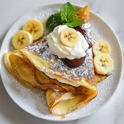 - 1 cup all-purpose flour - 2 large eggs - 1 1/2 cups milk - 2 tablespoons unsalted butter, melted - 1 tablespoon granulated sugar - 1/4 teaspoon salt - 2 ripe bananas, sliced - 1/2 cup Nutella - Whipped cream for topping - Fresh mint leaves for garnish To make Banana Nutella crepes, gather these ingredients first. The flour gives the crepes structure. Eggs add richness, while milk keeps them soft. Melted butter helps with flavor and texture. Sugar sweetens the batter. Salt balances the taste. Bananas and Nutella create the delicious filling. Finally, whipped cream and mint add a nice touch. - Powdered sugar for dusting - Drizzle of additional Nutella You can enhance your crepes with powdered sugar. It makes them look fancy. A drizzle of Nutella adds extra chocolate goodness. These options make your breakfast even more special. {{ingredient_image_2}} To start making Banana Nutella crepes, you need to mix the dry and wet ingredients. In a large bowl, combine 1 cup of all-purpose flour, 2 large eggs, 1 1/2 cups of milk, 2 tablespoons of melted unsalted butter, 1 tablespoon of granulated sugar, and 1/4 teaspoon of salt. Whisk these together until the mix is smooth and there are no lumps. This step is fun! After mixing, allow the batter to rest for about 15-20 minutes. Resting helps the crepes to be light and fluffy. During this time, you can think about how tasty they will be! Now, let's cook the crepes. Begin by preheating a non-stick skillet over medium heat. Lightly grease the skillet with a bit of butter or oil to keep the crepes from sticking. Next, pour about 1/4 cup of the batter into the center of the hot skillet. Quickly swirl the pan to spread the batter evenly. Cook for 1-2 minutes until the edges start to lift. The bottom should turn a light golden brown. Carefully flip the crepe using a spatula and cook for another 1-2 minutes on the other side. Once done, remove it from the skillet and place it on a plate. Repeat this with the rest of the batter, stacking each crepe as you go. It's time to assemble the crepes! Take a warm crepe and spread a generous tablespoon of Nutella on one half. Then, add a few slices of ripe banana on top of the Nutella. This mix of flavors is simply amazing! Next, fold the crepe in half over the filling. Then fold it in half again to create a triangle shape. Make sure the filling stays inside. Serve the warm crepes with a fluffy dollop of whipped cream on top. For a colorful touch, add some fresh mint leaves. Enjoy the delightful sight before you dive in! Letting the batter rest is key. It helps the flour absorb moisture and makes the crepes fluffier. I recommend resting it for about 15-20 minutes. This little wait is worth it! For the best skillet temperature, preheat your non-stick skillet over medium heat. If it's too hot, the crepes will burn. If it's too cool, they will stick. You want a nice, even cook. Arranging the crepes on a plate can be fun. Stack them neatly, and don&rsquo;t forget to dust with powdered sugar. A drizzle of Nutella on top looks great too! Fresh mint leaves add a pop of color and freshness. Be careful not to overcook or undercook the crepes. Overcooked crepes can be tough. Undercooked ones will be raw. Look for light golden edges as your cue! Using cold batter is a no-no. Cold batter will not spread well in the pan. Always let it sit at room temperature before cooking. This ensures your crepes are smooth and easy to flip. Pro Tips Rest the Batter: Allowing the batter to rest for 15-20 minutes helps the gluten relax, resulting in tender and fluffy crepes. Heat Control: Keep the skillet at medium heat to prevent the crepes from cooking too quickly or burning. Adjust the heat as needed to maintain a consistent temperature. Use a Non-Stick Skillet: A non-stick skillet is ideal for making crepes as it ensures easy flipping and reduces the amount of fat needed for greasing. Customize Your Fillings: Feel free to experiment with different fillings like strawberries, blueberries, or even a sprinkle of cinnamon for added flavor. {{image_4}} You can make your crepes even better. Adding cocoa powder to the batter gives it a rich taste. Just mix in 2 tablespoons of cocoa powder with the flour. This makes your crepes chocolate-flavored, perfect for a sweet tooth. You can also add fruits like strawberries or raspberries. Just slice them and place them inside the crepe with the Nutella. This adds freshness and a burst of flavor. If you follow a gluten-free diet, you can easily swap the all-purpose flour. Use almond flour or rice flour instead. These flours work well and taste great. For those who prefer vegan options, you can make the batter without eggs. Use a banana or flaxseed mixed with water. This keeps the crepes soft and delicious while being plant-based. You can serve these crepes for breakfast or as a dessert. For breakfast, pair them with a side of fresh fruit or yogurt. If you want to serve them as a dessert, top with whipped cream and extra Nutella. You can even sprinkle chopped nuts on top for a nice crunch. Enjoying them warm makes the experience even better. Store leftover crepes in the fridge for best results. Place them in a single layer between sheets of parchment paper. This helps keep them from sticking together. You can also wrap them in plastic wrap or foil. They will stay fresh for up to three days. To reheat, you can use a skillet or microwave. If using a skillet, heat it on low. Add a little butter to keep the crepes soft. Warm each side for about 30 seconds. If you use the microwave, place a damp paper towel over the crepe. Heat it for 10 to 15 seconds. This method helps keep the crepes fluffy and soft. To freeze crepes, stack them with parchment paper in between each one. Wrap the stack tightly in plastic wrap, then place it in a freezer bag. They will last for up to two months in the freezer. When ready to serve, thaw in the fridge overnight. You can also thaw them at room temperature for about 30 minutes before reheating. You can tell your crepes are done by watching the edges. Look for these signs: - The edges lift slightly from the pan. - The bottom turns a light golden brown. - The top looks set and not shiny. These signs show that it's time to flip the crepe. It should cook for another minute on the other side. Yes, you can make the batter ahead of time! Here are some tips: - Mix the ingredients and cover the bowl. - Store it in the fridge for up to 24 hours. - Stir the batter again before cooking. This helps the flavors blend and keeps the batter fresh. If you want to change things up, you have options! Try these alternatives: - Peanut butter for a nutty flavor. - Almond butter for a twist on taste. - Any chocolate spread for a similar vibe. You can also use fruit spreads or even yogurt for a lighter option. Serving crepes for a crowd can be fun! Here&rsquo;s how to do it: - Stack the cooked crepes on a large plate. - Set up a Nutella and toppings bar. - Let guests assemble their own crepes. This way, everyone can choose their favorite toppings. It's a great way to share the joy! In this post, we explored how to make Banana Nutella Crepes. You learned the ingredients needed, from flour to Nutella, and followed step-by-step instructions to create the perfect crepes. We discussed tips for avoiding common mistakes and variations you can try. Remember, taking time for the batter to rest is key. Whether for breakfast or dessert, these crepes are sure to impress. Enjoy experimenting with flavors and toppings to make them your own!