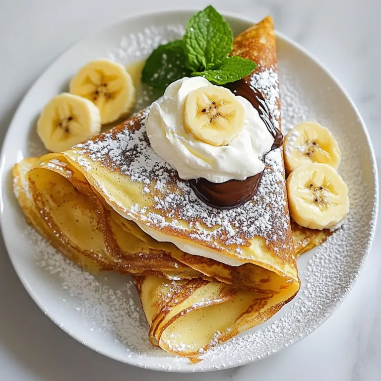 - 1 cup all-purpose flour - 2 large eggs - 1 1/2 cups milk - 2 tablespoons unsalted butter, melted - 1 tablespoon granulated sugar - 1/4 teaspoon salt - 2 ripe bananas, sliced - 1/2 cup Nutella - Whipped cream for topping - Fresh mint leaves for garnish To make Banana Nutella crepes, gather these ingredients first. The flour gives the crepes structure. Eggs add richness, while milk keeps them soft. Melted butter helps with flavor and texture. Sugar sweetens the batter. Salt balances the taste. Bananas and Nutella create the delicious filling. Finally, whipped cream and mint add a nice touch. - Powdered sugar for dusting - Drizzle of additional Nutella You can enhance your crepes with powdered sugar. It makes them look fancy. A drizzle of Nutella adds extra chocolate goodness. These options make your breakfast even more special. {{ingredient_image_2}} To start making Banana Nutella crepes, you need to mix the dry and wet ingredients. In a large bowl, combine 1 cup of all-purpose flour, 2 large eggs, 1 1/2 cups of milk, 2 tablespoons of melted unsalted butter, 1 tablespoon of granulated sugar, and 1/4 teaspoon of salt. Whisk these together until the mix is smooth and there are no lumps. This step is fun! After mixing, allow the batter to rest for about 15-20 minutes. Resting helps the crepes to be light and fluffy. During this time, you can think about how tasty they will be! Now, let's cook the crepes. Begin by preheating a non-stick skillet over medium heat. Lightly grease the skillet with a bit of butter or oil to keep the crepes from sticking. Next, pour about 1/4 cup of the batter into the center of the hot skillet. Quickly swirl the pan to spread the batter evenly. Cook for 1-2 minutes until the edges start to lift. The bottom should turn a light golden brown. Carefully flip the crepe using a spatula and cook for another 1-2 minutes on the other side. Once done, remove it from the skillet and place it on a plate. Repeat this with the rest of the batter, stacking each crepe as you go. It's time to assemble the crepes! Take a warm crepe and spread a generous tablespoon of Nutella on one half. Then, add a few slices of ripe banana on top of the Nutella. This mix of flavors is simply amazing! Next, fold the crepe in half over the filling. Then fold it in half again to create a triangle shape. Make sure the filling stays inside. Serve the warm crepes with a fluffy dollop of whipped cream on top. For a colorful touch, add some fresh mint leaves. Enjoy the delightful sight before you dive in! Letting the batter rest is key. It helps the flour absorb moisture and makes the crepes fluffier. I recommend resting it for about 15-20 minutes. This little wait is worth it! For the best skillet temperature, preheat your non-stick skillet over medium heat. If it's too hot, the crepes will burn. If it's too cool, they will stick. You want a nice, even cook. Arranging the crepes on a plate can be fun. Stack them neatly, and don’t forget to dust with powdered sugar. A drizzle of Nutella on top looks great too! Fresh mint leaves add a pop of color and freshness. Be careful not to overcook or undercook the crepes. Overcooked crepes can be tough. Undercooked ones will be raw. Look for light golden edges as your cue! Using cold batter is a no-no. Cold batter will not spread well in the pan. Always let it sit at room temperature before cooking. This ensures your crepes are smooth and easy to flip. Pro Tips Rest the Batter: Allowing the batter to rest for 15-20 minutes helps the gluten relax, resulting in tender and fluffy crepes. Heat Control: Keep the skillet at medium heat to prevent the crepes from cooking too quickly or burning. Adjust the heat as needed to maintain a consistent temperature. Use a Non-Stick Skillet: A non-stick skillet is ideal for making crepes as it ensures easy flipping and reduces the amount of fat needed for greasing. Customize Your Fillings: Feel free to experiment with different fillings like strawberries, blueberries, or even a sprinkle of cinnamon for added flavor. {{image_4}} You can make your crepes even better. Adding cocoa powder to the batter gives it a rich taste. Just mix in 2 tablespoons of cocoa powder with the flour. This makes your crepes chocolate-flavored, perfect for a sweet tooth. You can also add fruits like strawberries or raspberries. Just slice them and place them inside the crepe with the Nutella. This adds freshness and a burst of flavor. If you follow a gluten-free diet, you can easily swap the all-purpose flour. Use almond flour or rice flour instead. These flours work well and taste great. For those who prefer vegan options, you can make the batter without eggs. Use a banana or flaxseed mixed with water. This keeps the crepes soft and delicious while being plant-based. You can serve these crepes for breakfast or as a dessert. For breakfast, pair them with a side of fresh fruit or yogurt. If you want to serve them as a dessert, top with whipped cream and extra Nutella. You can even sprinkle chopped nuts on top for a nice crunch. Enjoying them warm makes the experience even better. Store leftover crepes in the fridge for best results. Place them in a single layer between sheets of parchment paper. This helps keep them from sticking together. You can also wrap them in plastic wrap or foil. They will stay fresh for up to three days. To reheat, you can use a skillet or microwave. If using a skillet, heat it on low. Add a little butter to keep the crepes soft. Warm each side for about 30 seconds. If you use the microwave, place a damp paper towel over the crepe. Heat it for 10 to 15 seconds. This method helps keep the crepes fluffy and soft. To freeze crepes, stack them with parchment paper in between each one. Wrap the stack tightly in plastic wrap, then place it in a freezer bag. They will last for up to two months in the freezer. When ready to serve, thaw in the fridge overnight. You can also thaw them at room temperature for about 30 minutes before reheating. You can tell your crepes are done by watching the edges. Look for these signs: - The edges lift slightly from the pan. - The bottom turns a light golden brown. - The top looks set and not shiny. These signs show that it's time to flip the crepe. It should cook for another minute on the other side. Yes, you can make the batter ahead of time! Here are some tips: - Mix the ingredients and cover the bowl. - Store it in the fridge for up to 24 hours. - Stir the batter again before cooking. This helps the flavors blend and keeps the batter fresh. If you want to change things up, you have options! Try these alternatives: - Peanut butter for a nutty flavor. - Almond butter for a twist on taste. - Any chocolate spread for a similar vibe. You can also use fruit spreads or even yogurt for a lighter option. Serving crepes for a crowd can be fun! Here’s how to do it: - Stack the cooked crepes on a large plate. - Set up a Nutella and toppings bar. - Let guests assemble their own crepes. This way, everyone can choose their favorite toppings. It's a great way to share the joy! In this post, we explored how to make Banana Nutella Crepes. You learned the ingredients needed, from flour to Nutella, and followed step-by-step instructions to create the perfect crepes. We discussed tips for avoiding common mistakes and variations you can try. Remember, taking time for the batter to rest is key. Whether for breakfast or dessert, these crepes are sure to impress. Enjoy experimenting with flavors and toppings to make them your own!