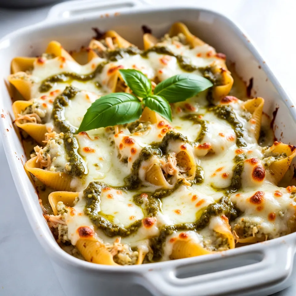 To create delicious Pesto Chicken Stuffed Shells, gather these simple ingredients: - 12 jumbo pasta shells - 1 cup cooked chicken, shredded - 1 cup basil pesto (store-bought or homemade) - 1 cup ricotta cheese - 1 cup mozzarella cheese, shredded (plus extra for topping) - 1/2 cup grated Parmesan cheese - 1 garlic clove, minced - 1 tablespoon olive oil - Salt and black pepper to taste - Fresh basil leaves for garnish Each ingredient plays a special role in making this dish stand out. The jumbo pasta shells hold all the tasty filling. The cooked chicken adds protein and flavor. Basil pesto brings a fresh, herby taste, while ricotta and mozzarella create a creamy texture. Grated Parmesan adds a savory kick. Garlic gives a nice aroma, and olive oil helps everything blend well. Salt and pepper round out the flavor. Finally, fresh basil leaves are great for garnish and add color. You can easily swap ingredients based on your taste. Try using turkey instead of chicken or a different cheese for variety. This dish is fun and flexible! {{ingredient_image_2}} - Preheat the oven: Start by preheating your oven to 375°F (190°C). This makes sure your stuffed shells bake evenly. - Cook the pasta shells: Boil a large pot of salted water. Add 12 jumbo pasta shells and cook for 10-12 minutes until al dente. Drain them and spread on a baking sheet to cool. This helps prevent sticking. - Prepare the filling: In a mixing bowl, combine 1 cup of shredded cooked chicken, 1 cup of basil pesto, 1 cup of ricotta cheese, 1 minced garlic clove, half of 1 cup of shredded mozzarella, and 1/2 cup of grated Parmesan cheese. Season with salt and black pepper. Stir well until creamy. - Stuff the shells: Take each cooled shell and fill it with the chicken mixture. Use a spoon or piping bag for easy filling. Pack the filling gently but firmly to keep it in. - Arrange in the baking dish: Spread a thin layer of pesto on the bottom of a greased baking dish. Place the stuffed shells in the dish with the opening facing up. This allows the sauce to seep inside. - Top with pesto and cheese: Drizzle the rest of the basil pesto over the shells. Then sprinkle the remaining mozzarella cheese on top for that gooey finish. - Bake the stuffed shells: Cover the dish tightly with aluminum foil to keep moisture in. Bake for 20 minutes. Remove the foil and bake for an extra 10 minutes until the cheese is bubbly and golden brown. - Garnish and serve: After baking, let the dish cool for a few minutes. Add fresh basil leaves on top for color and flavor before serving. Enjoy the delightful burst of flavors in every bite! - How to avoid sticky pasta shells: To prevent your jumbo shells from sticking, cook them in plenty of salted boiling water. Stir gently while cooking. Once done, drain and lay them flat on a baking sheet. This helps them cool without sticking. - Best practices for mixing the filling: Use a large bowl when mixing your filling. Combine shredded chicken, basil pesto, ricotta, minced garlic, and cheeses. Mix gently but well, ensuring every bite is packed with flavor. This makes for a creamy, tasty filling. - Techniques for perfect stuffing: Use a spoon or piping bag to fill your shells. Start at one end and push the filling in slowly. Don’t overfill; leave a little space at the top for baking. This helps the filling stay inside while it cooks. - Ideal pairings with the dish: Pair your stuffed shells with a fresh salad or garlic bread. A light white wine, like Pinot Grigio, goes well too. These options complement the flavors without overwhelming them. - Presentation tips for serving: Serve the stuffed shells on a large platter for a stunning display. Add fresh basil leaves around the dish for color. Drizzling balsamic reduction over the top adds visual flair and extra flavor. Pro Tips Use Fresh Ingredients: Opt for fresh basil and high-quality cheese for a more vibrant flavor in your stuffed shells. Make Ahead: Prepare the stuffed shells a day in advance and store them in the refrigerator. Bake just before serving for a quick meal. Experiment with Proteins: Substitute the chicken with cooked shrimp or sautéed vegetables for a different twist on this dish. Customize the Sauce: Feel free to mix in some marinara sauce with the pesto for a richer flavor and a touch of acidity. {{image_4}} You can make tasty changes to this recipe. If you want to switch the chicken, try cooked turkey or even shredded pork. For a vegetarian option, use sautéed mushrooms or spinach instead. When it comes to cheese, ricotta is classic, but you can use cottage cheese for a lighter option. For mozzarella, feel free to try a smoked version for a unique flavor. You can also use homemade pesto for freshness. Making it is easy with fresh basil, garlic, nuts, and olive oil. Store-bought pesto is quick and convenient if you're short on time. For those needing gluten-free options, use gluten-free pasta shells. They hold the filling just as well. Vegetarians can swap the chicken for beans or lentils, keeping the rich flavors intact. If you want a dairy-free meal, choose plant-based cheese. Nutritional yeast can add a cheesy taste, too. With these options, everyone can enjoy pesto chicken stuffed shells! To keep your Pesto Chicken Stuffed Shells fresh, follow these tips: - Refrigeration tips for leftovers: Place the leftovers in an airtight container. Store them in the fridge for up to 3 days. Make sure to let them cool down before sealing. - Freezing guidelines for stuffed shells: If you want to freeze, wrap each shell tightly in plastic wrap. Place them in a freezer-safe bag or container. They can last up to 3 months in the freezer. When it's time to enjoy the leftovers, reheating is key. Here’s how: - Best methods for reheating: The oven works best for reheating stuffed shells. Preheat your oven to 350°F (175°C). Place the shells in a baking dish and cover with foil. Heat for about 20 minutes, or until hot. - How to keep the dish moist when reheating: To keep the shells moist, add a splash of water or extra pesto before covering. This adds steam and helps prevent dryness. Yes, you can prepare these stuffed shells in advance. After filling the shells, you can cover them and place them in the fridge. Baking them later is easy. Just remember to bake them a bit longer if they are cold from the fridge. These stuffed shells pair well with a fresh salad or garlic bread. You can add a light tomato sauce for extra flavor. A side of roasted vegetables also makes a great match. Stuffed shells can last about three to five days in the fridge. Store them in an airtight container to keep them fresh. Make sure to check for any signs of spoilage before eating. Yes, you can use other pasta shapes like manicotti or even large conchiglie. Just make sure the pasta can hold the filling well. Adjust cooking times based on the pasta you choose. You learned how to make Pesto Chicken Stuffed Shells from start to finish. We covered the key ingredients and step-by-step instructions. I also shared helpful tips, variations, and storage advice. This dish is easy to customize and store. Remember, you can enjoy it fresh or reheat leftovers. I hope you try making these stuffed shells soon. They are a tasty, crowd-pleasing meal that will leave you satisfied.