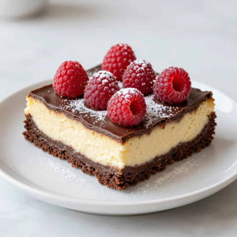 - 1/2 cup unsalted butter, melted - 1 cup granulated sugar - 2 large eggs - 1 teaspoon vanilla extract - 1/3 cup unsweetened cocoa powder - 1/2 cup all-purpose flour - 1/4 teaspoon salt - 1/4 teaspoon baking powder - 1 cup fresh raspberries - 8 oz cream cheese, softened - 1/4 cup granulated sugar - 1 large egg - 1 teaspoon vanilla extract - 1/2 cup fresh raspberries (for swirls) I love using fresh ingredients for my Raspberry Cheesecake Brownies. The butter gives the brownie base a rich taste. Granulated sugar adds sweetness, making each bite delightful. Eggs help bind everything together and make the brownies fluffy. I always add a touch of vanilla extract. It enhances the flavors and makes the dessert smell amazing. Unsweetened cocoa powder is key for that deep chocolate flavor. Flour gives structure, while salt balances the sweetness. Baking powder helps the brownies rise. For the cheesecake layer, softened cream cheese is a must. It makes the layer creamy and smooth. I mix in more granulated sugar to sweeten it, then add an egg for richness. Another splash of vanilla extract brings everything together. The fresh raspberries add a burst of flavor and color. Using fresh raspberries throughout makes these brownies shine. You can see the swirls and specks of red, making each square look pretty. They taste great, too! This mix of flavors and textures makes Raspberry Cheesecake Brownies a real treat. {{ingredient_image_2}} - Preheat the oven to 350°F (175°C). - Grease or line an 8x8-inch baking pan with parchment paper. - Combine melted butter and sugar until smooth. - Add eggs and vanilla, mixing thoroughly. - Sift cocoa powder, flour, salt, and baking powder into the mixture. - Gently fold the dry ingredients into the wet mixture. - Pour half of the brownie batter into the pan. - Prepare and layer the cheesecake mixture. - Add raspberries and remaining brownie batter, then swirl. - Bake for 30-35 minutes and check doneness with a toothpick. - Allow to cool in the pan and refrigerate for at least 2 hours before slicing. When you make Raspberry Cheesecake Brownies, each step is key. The brownie base needs to be rich and fudgy. Mixing the butter and sugar well is important for that smooth texture. When you add eggs and vanilla, make sure they blend in fully. This adds moisture and flavor. Sifting the dry ingredients helps avoid lumps. Folding them gently into the wet ingredients ensures you don’t lose that fudgy texture. Overmixing can lead to dry brownies, so be careful! Assembling the layers is where the fun begins. Pour half of the batter into the pan first. This creates a solid base. Next, the cheesecake layer adds creaminess. Spoon it over the brownie base, but don’t mix too much. You want nice, pretty swirls. Adding fresh raspberries brings a tart flavor that balances the sweetness. After pouring the rest of the brownie batter, swirl again. It’s a visual treat! Baking time is crucial. I check around 30 minutes. A toothpick should come out with a few moist crumbs, not wet batter. When they are done, let them cool in the pan before chilling in the fridge. This helps them set up nicely. Then, you can slice them into perfect squares. Enjoy your delicious treat! - Avoid overmixing to keep brownies fudgy. Overmixing can lead to dry brownies. - Make sure your butter and eggs are at room temperature. This helps create a smooth batter. - Dust with powdered sugar for a pretty touch. It adds sweetness and style. - Serve with a scoop of vanilla ice cream. The creaminess pairs well with the tartness. - Add a pinch of sea salt for a gourmet touch. It brings out the sweet flavor. - Incorporate lemon zest in the cheesecake for a citrusy twist. This adds freshness and brightness. Pro Tips Use Room Temperature Ingredients: Ensure your cream cheese and eggs are at room temperature before mixing. This helps create a smoother cheesecake layer without lumps. Don’t Overmix the Batter: When combining the dry ingredients with the wet, mix just until combined. Overmixing can lead to dense brownies instead of the desired fudgy texture. Choose Ripe Raspberries: For the best flavor, select fresh, ripe raspberries. They should be plump and slightly fragrant, adding sweetness to the brownies. Cool Before Cutting: Allow the brownies to chill in the refrigerator for at least 2 hours before cutting. This helps them set properly and makes slicing easier. {{image_4}} You can make a vegan version of these brownies. Use egg replacers like flax eggs or applesauce. Swap the cream cheese for dairy-free cream cheese. This way, you still enjoy the creamy cheesecake layer without dairy. If you need gluten-free options, almond flour works well in place of all-purpose flour. Just remember, almond flour may change the texture a bit. Feel free to play with the flavors! Instead of raspberries, you can try blueberries or strawberries. Both will add a fun twist. You can also experiment with different chocolate types in the brownie base. Dark chocolate gives a rich taste, while milk chocolate adds sweetness. When serving, cut brownies into larger squares for a big treat. For a fun party, mini squares are a hit too! Present the brownies on a dessert platter. Add toppings like whipped cream or extra berries for a lovely look. Dust some powdered sugar on top for an elegant finish. - Refrigerate brownies for optimal freshness. - Store in an airtight container. Keeping your Raspberry Cheesecake Brownies in the fridge helps them stay moist and tasty. An airtight container keeps air out, so they won’t dry out. You can enjoy them for days! - Wrap brownies tightly in plastic wrap. - Place them in a freezer bag for extra protection. To freeze, wrap each brownie well in plastic wrap. Then, put them in a freezer bag. This method keeps them fresh for later. When you want one, just thaw it in the fridge overnight. Raspberry Cheesecake Brownies last up to one week in the fridge. In the freezer, they can stay good for up to three months. Just remember to check for any freezer burn if they sit too long. Enjoy your sweet treats! Yes, you can use frozen raspberries. They may change the texture a bit. Frozen berries can make the brownies more wet. Fresh raspberries hold their shape better and add a nice tart flavor. If you use frozen, let them thaw and drain excess juice first. Check the brownies at 30 minutes. Use a toothpick in the center. It should come out with a few moist crumbs, not wet batter. The top will look set and slightly puffed. If it jiggles too much, bake for a few more minutes. Yes, you can prepare the brownie base ahead. Mix it and store it in the fridge for one day. Just make sure to cover it tightly. When you are ready, spread it in the pan and add the cheesecake layer. Avoid overmixing the batter. This can make brownies tough. Mix just until all ingredients blend. Also, make sure your oven is preheated. An oven that is not hot enough can lead to uneven baking. Keep an eye on the baking time for the best results. To add more chocolate flavor, try adding chocolate chips. You can also use dark cocoa powder instead of regular. This gives a deeper chocolate taste. Another option is to drizzle melted chocolate over the top before serving. Enjoy the rich flavor! These Raspberry Cheesecake Brownies combine rich flavors and a fun texture. We began by mixing the brownie base and cheesecake layer, adding bright raspberries for a tasty twist. With the right baking and cooling time, you’ll enjoy a treat everyone loves. Remember to store them well to keep them fresh. Have fun trying different flavors or dietary tweaks. By following this guide, you can make a delicious dessert that impresses any crowd. Enjoy baking!
