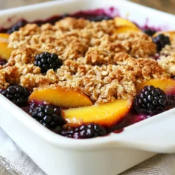 - 2 cups ripe blackberries - 2 cups fresh peaches, peeled and sliced - 1 tablespoon fresh lemon juice - 1/3 cup granulated sugar - 1 cup rolled oats - 1/2 cup all-purpose flour - 1/2 cup packed brown sugar - 1 teaspoon ground cinnamon - 1/2 cup unsalted butter, softened and cut into small cubes - Pinch of salt This recipe is simple. You need exact amounts for the best flavor. Ripe blackberries and fresh peaches make the crisp shine. Use a measuring cup for accuracy when scooping ingredients. - For the fruits, 2 cups each gives a good mix. - The lemon juice adds brightness. Just a tablespoon will do. - The sugars sweeten the fruit. You need 1/3 cup of granulated sugar and 1/2 cup brown sugar for the topping. - The oats and flour are key for the crunch. Both should be measured well for the right texture. Fresh fruit gives the best taste and texture. Ripe blackberries and peaches bring a lovely sweetness. Frozen fruit works in a pinch but changes the crisp's texture. If you use frozen, thaw and drain excess water first. This keeps your crisp from getting soggy. Both options can work, but fresh is my top choice for flavor! {{ingredient_image_2}} Start by preheating your oven to 350&deg;F (175&deg;C). This helps the crisp cook evenly. In a large bowl, mix 2 cups of ripe blackberries and 2 cups of sliced peaches. Add 1 tablespoon of fresh lemon juice and 1/3 cup of granulated sugar. Toss gently until the fruit is well-coated. The lemon juice brightens the flavors and balances the sweetness. Next, grease a 9x13 inch baking dish with butter or non-stick spray. Spread your fruit mixture evenly in the dish. In a separate bowl, mix 1 cup of rolled oats, 1/2 cup of all-purpose flour, 1/2 cup of packed brown sugar, 1 teaspoon of ground cinnamon, and a pinch of salt. Stir these dry ingredients well. Now, add 1/2 cup of softened butter, cut into small cubes. Use your fingers or a pastry cutter to mix until it looks like coarse crumbs. This gives the topping a nice texture. Sprinkle the oat mixture evenly on top of the fruit layer. Make sure you cover the fruit completely. Now, place the baking dish in the oven. Bake for 30 to 35 minutes. Look for a golden brown topping and bubbling fruit juice around the edges. Once done, take it out and let it cool for about 10 minutes. This allows the juices to thicken a bit before serving. Enjoy your warm blackberry peach crisp! To get the best crisp, use cold butter. Cold butter helps create a flaky topping. Make sure your oats are rolled oats. They give a wonderful chewy texture. Mix until the topping looks like wet sand. You want some larger chunks for extra crunch. Avoid overmixing, so it stays light and airy. Serve your blackberry peach crisp warm from the oven. Use individual bowls for a nice touch. A scoop of ice cream on top makes it special. You can also add a sprinkle of cinnamon for extra flavor. For a fun twist, add nuts to the topping. They add a great crunch and taste. Ice cream is a classic choice. Vanilla pairs perfectly with the sweet and tart crisp. Whipped cream is another lovely option. It adds a light and creamy texture. Try flavored ice creams like peach or berry for a fun twist. Always serve these toppings fresh for the best taste. Pro Tips Use Fresh Fruit: Always opt for ripe, seasonal blackberries and peaches for the best flavor and sweetness in your crisp. Customize Your Topping: Feel free to add chopped nuts or coconut flakes to the oat mixture for an extra crunch and flavor dimension. Let It Rest: Allow the crisp to cool for at least 10 minutes after baking; this helps the juices thicken, making it easier to serve. Serving Suggestions: Enhance your crisp by serving it warm with a scoop of vanilla ice cream or a dollop of whipped cream for a delightful treat. {{image_4}} You can change the fruits in this crisp. Try using blueberries, strawberries, or apples. Each fruit gives a unique flavor and texture. Mix and match to find your favorite combo. If you want a twist, add some raspberries for a tart kick. Just remember to keep the fruit ratio the same. To make a gluten-free crisp, swap the all-purpose flour. Use almond flour or a gluten-free blend instead. Check that your oats are certified gluten-free for safety. This keeps the crunch while making it safe for those with gluten issues. You will still enjoy a tasty dessert with a different texture. For a vegan version, replace the butter with coconut oil or a vegan butter. Also, use maple syrup or agave syrup instead of granulated sugar. This keeps the sweetness while being plant-based. You can also add nuts like pecans or walnuts for extra crunch. Enjoy a warm dessert that fits your diet! After you enjoy your blackberry peach crisp, let it cool completely. Store any leftovers in a clean container. Cover it tightly with a lid or plastic wrap. It keeps well in the fridge for up to three days. This way, you can enjoy your dessert later without losing flavor. When you're ready to eat the leftovers, preheat your oven to 350&deg;F (175&deg;C). Place your crisp in an oven-safe dish. Cover it with foil to prevent it from browning too much. Heat for about 15 to 20 minutes. Check if it&rsquo;s warm all the way through. You can also microwave individual portions for about 30 to 45 seconds. If you want to save some for later, freezing works great! First, let the crisp cool completely. Then, cut it into portions. Wrap each piece in plastic wrap and place them in a freezer bag. Remove as much air as you can. Your blackberry peach crisp can stay good for up to three months in the freezer. When you&rsquo;re ready to enjoy it, thaw it overnight in the fridge before reheating. To add more tang, use extra lemon juice. You can also mix in some sour cherries. Their tartness will balance the sweetness of the blackberries and peaches. Try adding a touch of lemon zest for a bright flavor boost. Adjust these based on your taste! Blackberry peach crisp pairs well with many things. A scoop of vanilla ice cream is a classic choice. Whipped cream also adds a nice touch. For something different, try serving it with yogurt or a drizzle of caramel sauce. Each option enhances the crisp's flavors. Yes, you can use canned peaches if fresh ones are not available. Drain them well to avoid excess liquid. Keep in mind that canned peaches can be sweeter, so reduce the sugar slightly if needed. This way, you still get a tasty blackberry peach crisp! In this post, I shared details on making a delicious blackberry peach crisp. We covered the ingredients, from fresh to frozen fruit, and talked about each step, from preparing the fruit to baking. I included tips for perfect texture and exciting serving ideas. You learned variations like gluten-free and vegan options. Lastly, I gave storage tips for leftovers. Enjoy exploring this sweet treat. It&rsquo;s simple, fun, and perfect for any gathering. Dive in and create your own crisp masterpiece!