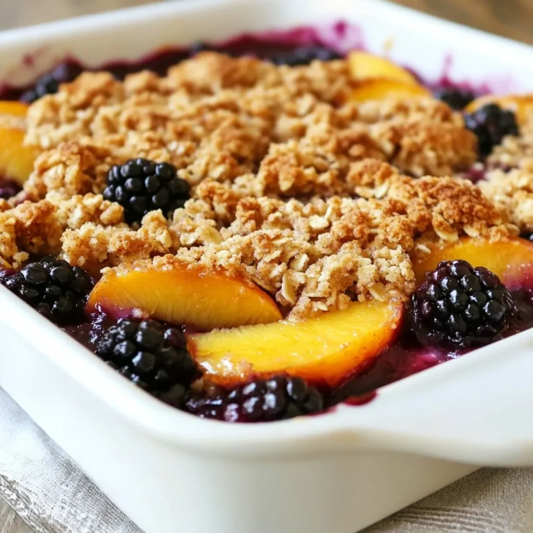 - 2 cups ripe blackberries - 2 cups fresh peaches, peeled and sliced - 1 tablespoon fresh lemon juice - 1/3 cup granulated sugar - 1 cup rolled oats - 1/2 cup all-purpose flour - 1/2 cup packed brown sugar - 1 teaspoon ground cinnamon - 1/2 cup unsalted butter, softened and cut into small cubes - Pinch of salt This recipe is simple. You need exact amounts for the best flavor. Ripe blackberries and fresh peaches make the crisp shine. Use a measuring cup for accuracy when scooping ingredients. - For the fruits, 2 cups each gives a good mix. - The lemon juice adds brightness. Just a tablespoon will do. - The sugars sweeten the fruit. You need 1/3 cup of granulated sugar and 1/2 cup brown sugar for the topping. - The oats and flour are key for the crunch. Both should be measured well for the right texture. Fresh fruit gives the best taste and texture. Ripe blackberries and peaches bring a lovely sweetness. Frozen fruit works in a pinch but changes the crisp's texture. If you use frozen, thaw and drain excess water first. This keeps your crisp from getting soggy. Both options can work, but fresh is my top choice for flavor! {{ingredient_image_2}} Start by preheating your oven to 350°F (175°C). This helps the crisp cook evenly. In a large bowl, mix 2 cups of ripe blackberries and 2 cups of sliced peaches. Add 1 tablespoon of fresh lemon juice and 1/3 cup of granulated sugar. Toss gently until the fruit is well-coated. The lemon juice brightens the flavors and balances the sweetness. Next, grease a 9x13 inch baking dish with butter or non-stick spray. Spread your fruit mixture evenly in the dish. In a separate bowl, mix 1 cup of rolled oats, 1/2 cup of all-purpose flour, 1/2 cup of packed brown sugar, 1 teaspoon of ground cinnamon, and a pinch of salt. Stir these dry ingredients well. Now, add 1/2 cup of softened butter, cut into small cubes. Use your fingers or a pastry cutter to mix until it looks like coarse crumbs. This gives the topping a nice texture. Sprinkle the oat mixture evenly on top of the fruit layer. Make sure you cover the fruit completely. Now, place the baking dish in the oven. Bake for 30 to 35 minutes. Look for a golden brown topping and bubbling fruit juice around the edges. Once done, take it out and let it cool for about 10 minutes. This allows the juices to thicken a bit before serving. Enjoy your warm blackberry peach crisp! To get the best crisp, use cold butter. Cold butter helps create a flaky topping. Make sure your oats are rolled oats. They give a wonderful chewy texture. Mix until the topping looks like wet sand. You want some larger chunks for extra crunch. Avoid overmixing, so it stays light and airy. Serve your blackberry peach crisp warm from the oven. Use individual bowls for a nice touch. A scoop of ice cream on top makes it special. You can also add a sprinkle of cinnamon for extra flavor. For a fun twist, add nuts to the topping. They add a great crunch and taste. Ice cream is a classic choice. Vanilla pairs perfectly with the sweet and tart crisp. Whipped cream is another lovely option. It adds a light and creamy texture. Try flavored ice creams like peach or berry for a fun twist. Always serve these toppings fresh for the best taste. Pro Tips Use Fresh Fruit: Always opt for ripe, seasonal blackberries and peaches for the best flavor and sweetness in your crisp. Customize Your Topping: Feel free to add chopped nuts or coconut flakes to the oat mixture for an extra crunch and flavor dimension. Let It Rest: Allow the crisp to cool for at least 10 minutes after baking; this helps the juices thicken, making it easier to serve. Serving Suggestions: Enhance your crisp by serving it warm with a scoop of vanilla ice cream or a dollop of whipped cream for a delightful treat. {{image_4}} You can change the fruits in this crisp. Try using blueberries, strawberries, or apples. Each fruit gives a unique flavor and texture. Mix and match to find your favorite combo. If you want a twist, add some raspberries for a tart kick. Just remember to keep the fruit ratio the same. To make a gluten-free crisp, swap the all-purpose flour. Use almond flour or a gluten-free blend instead. Check that your oats are certified gluten-free for safety. This keeps the crunch while making it safe for those with gluten issues. You will still enjoy a tasty dessert with a different texture. For a vegan version, replace the butter with coconut oil or a vegan butter. Also, use maple syrup or agave syrup instead of granulated sugar. This keeps the sweetness while being plant-based. You can also add nuts like pecans or walnuts for extra crunch. Enjoy a warm dessert that fits your diet! After you enjoy your blackberry peach crisp, let it cool completely. Store any leftovers in a clean container. Cover it tightly with a lid or plastic wrap. It keeps well in the fridge for up to three days. This way, you can enjoy your dessert later without losing flavor. When you're ready to eat the leftovers, preheat your oven to 350°F (175°C). Place your crisp in an oven-safe dish. Cover it with foil to prevent it from browning too much. Heat for about 15 to 20 minutes. Check if it’s warm all the way through. You can also microwave individual portions for about 30 to 45 seconds. If you want to save some for later, freezing works great! First, let the crisp cool completely. Then, cut it into portions. Wrap each piece in plastic wrap and place them in a freezer bag. Remove as much air as you can. Your blackberry peach crisp can stay good for up to three months in the freezer. When you’re ready to enjoy it, thaw it overnight in the fridge before reheating. To add more tang, use extra lemon juice. You can also mix in some sour cherries. Their tartness will balance the sweetness of the blackberries and peaches. Try adding a touch of lemon zest for a bright flavor boost. Adjust these based on your taste! Blackberry peach crisp pairs well with many things. A scoop of vanilla ice cream is a classic choice. Whipped cream also adds a nice touch. For something different, try serving it with yogurt or a drizzle of caramel sauce. Each option enhances the crisp's flavors. Yes, you can use canned peaches if fresh ones are not available. Drain them well to avoid excess liquid. Keep in mind that canned peaches can be sweeter, so reduce the sugar slightly if needed. This way, you still get a tasty blackberry peach crisp! In this post, I shared details on making a delicious blackberry peach crisp. We covered the ingredients, from fresh to frozen fruit, and talked about each step, from preparing the fruit to baking. I included tips for perfect texture and exciting serving ideas. You learned variations like gluten-free and vegan options. Lastly, I gave storage tips for leftovers. Enjoy exploring this sweet treat. It’s simple, fun, and perfect for any gathering. Dive in and create your own crisp masterpiece!