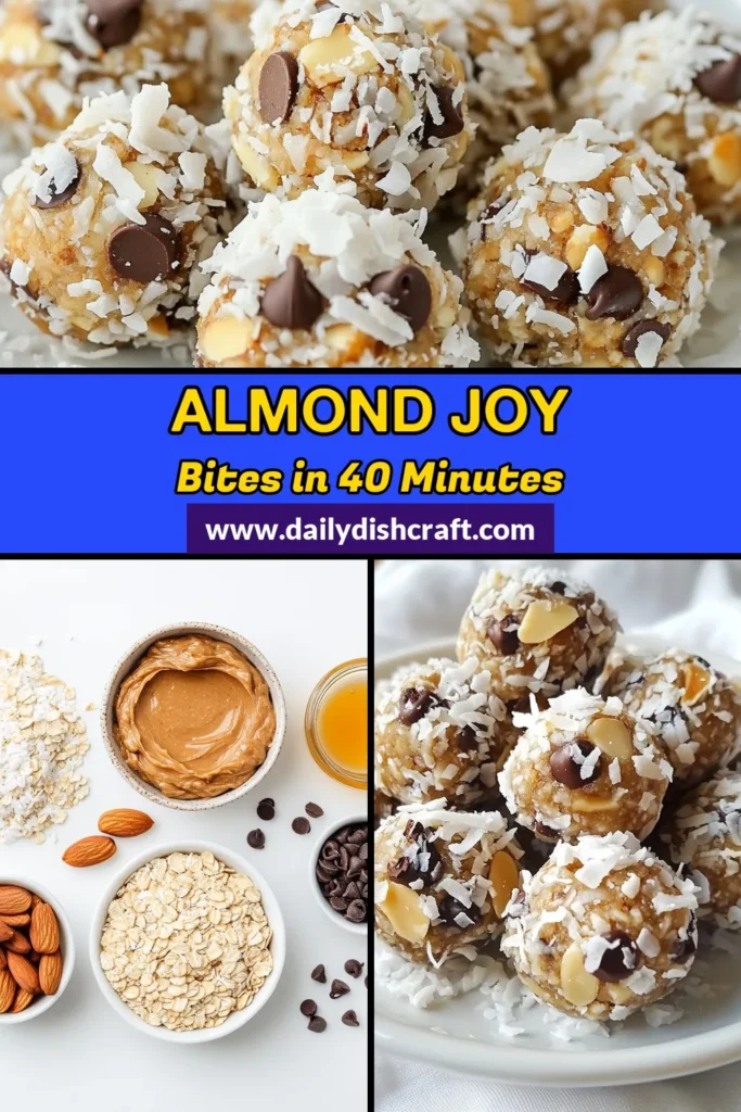 Indulge in these delicious Almond Joy Energy Bites, a perfect healthy energy bites recipe that satisfies your cravings! These no-bake almond snacks are vegan-friendly and feature chocolate coconut energy balls made with almond butter, oats, and coconut. Quick to prepare and great for snacking or post-workout fuel, they're a delicious guilt-free treat. Try this easy recipe today! Save and share the joy! #EnergyBites #VeganSnacks #HealthyRecipes #NoBakeTreats