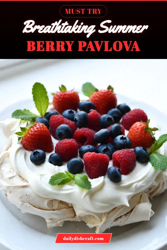 Indulge in a light summer dessert with this delightful Summer Berry Pavlova recipe! This meringue dessert features a crispy exterior and soft interior topped with fluffy whipped cream and fresh mixed berries. Perfect for gatherings or a special treat, this berry dessert recipe is easy to make and visually stunning. Save this recipe for a refreshing summer treat that everyone will love! #SummerBerryPavlova #PavlovaRecipe #MeringueDessert #BerryDessertRecipe