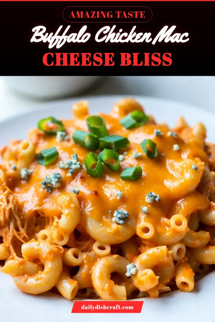 Indulge in the ultimate comfort food with this Buffalo Chicken Mac and Cheese recipe! This Cheesy Buffalo Chicken Pasta blends succulent shredded chicken with zesty buffalo sauce and creamy cheese for a delightful meal. Perfect for an easy buffalo chicken dinner, this baked mac and cheese recipe is sure to please everyone. Don't miss out&ndash;save this recipe for your next dinner! #BuffaloChickenMacAndCheese #ComfortFoodRecipes #CheesyBuffaloChickenPasta #EasyBuffaloChickenDinner