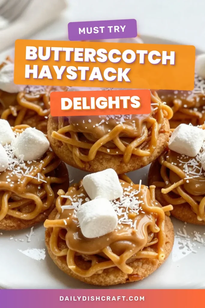 Indulge in delicious butterscotch haystack cookies, an easy treat perfect for any occasion! These no-bake cookie ideas combine chow mein noodles with rich butterscotch chips, creamy peanut butter, and mini marshmallows for a sweet twist. Ideal for Halloween treat recipes, these cookies are sure to impress. Try this simple recipe today and make memorable moments! Pin now and enjoy! #ButterscotchHaystackCookies #NoBakeCookies #EasyCookieRecipes #ChowMeinNoodleCookies