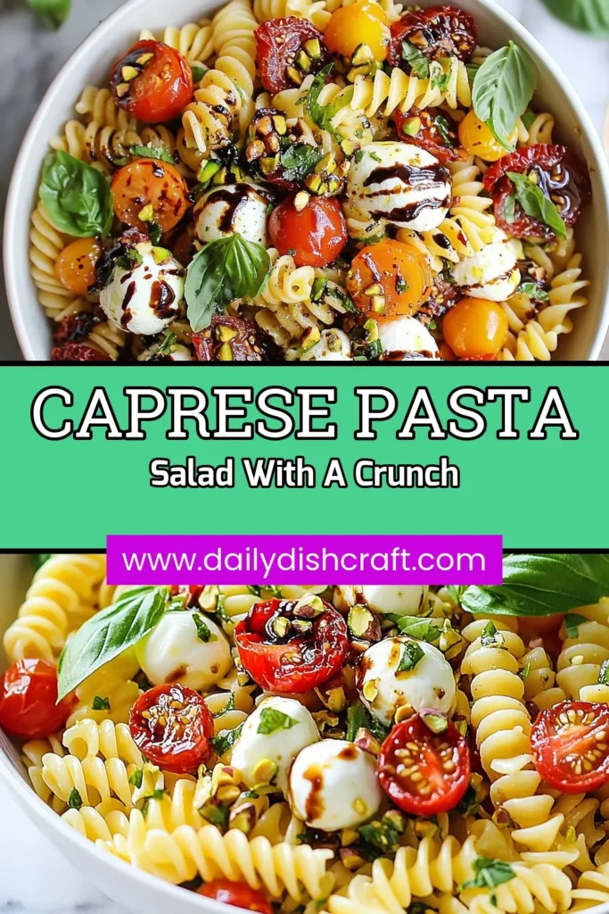 Looking for a refreshing dish for your summer gatherings? Try this delicious Caprese pasta salad featuring fusilli pasta, cherry tomatoes, and fresh mozzarella. This summer pasta salad is elevated with sun-dried tomatoes and crushed pistachios, making it a perfect side or light meal. Drizzle with balsamic glaze for extra flavor. Discover the delightful twist on a classic fresh mozzarella salad! Save this fusilli pasta salad recipe today! #CapresePastaSalad #FreshMozzarella #PastaSalad #BalsamicGlazeSalad