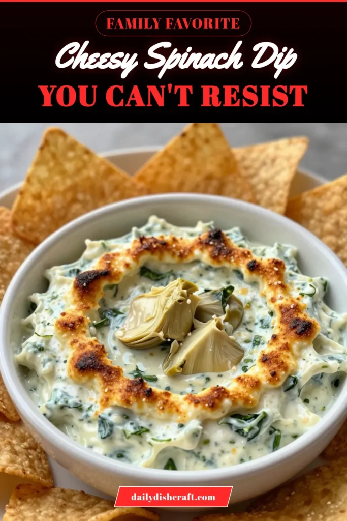 Indulge in our Cheesy Spinach Artichoke Dip, a must-try Spinach Artichoke Dip Recipe that delivers a rich, creamy flavor perfect for any gathering. This easy dip recipe combines fresh spinach, artichokes, cream cheese, and mozzarella for a mouthwatering experience. Perfect as a baked spinach artichoke dip, it pairs beautifully with tortilla chips or baguette slices. Save this recipe for your next party! #SpinachArtichokeDip #EasyDipRecipes #Appetizer #CheesyDip