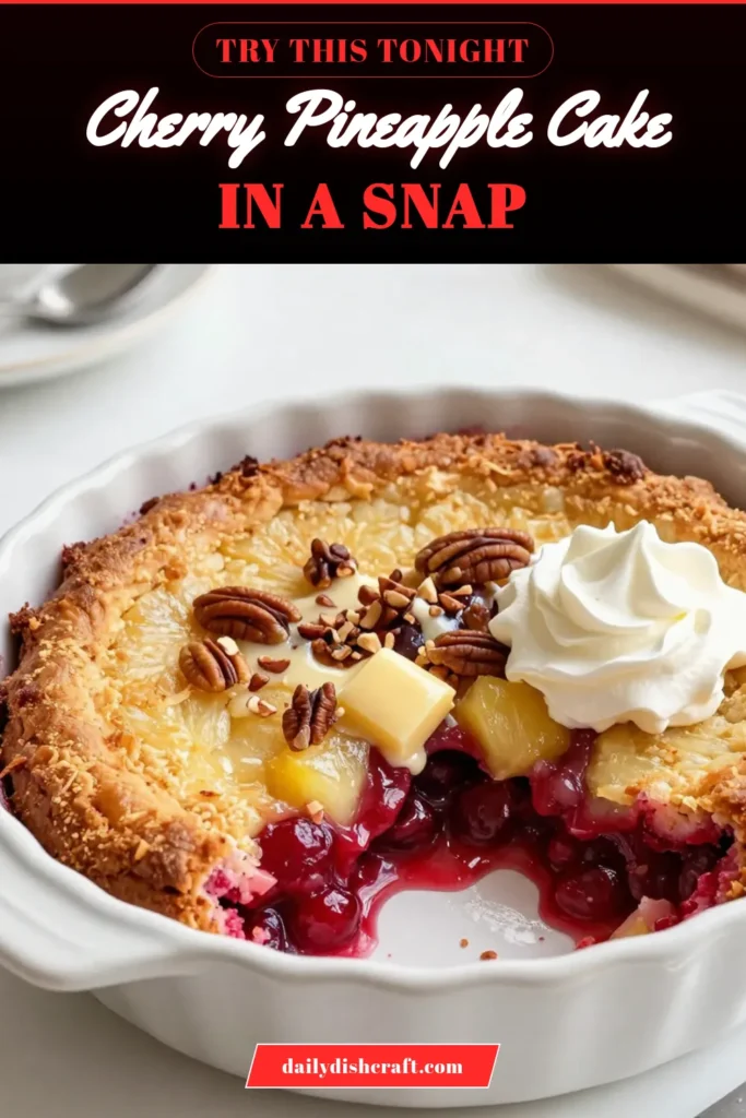 Indulge in the sweet and tangy goodness of Cherry Pineapple Dump Cake with this easy dump cake recipe! This pineapple cherry dessert is a quick cake mix dessert perfect for any occasion. Simply layer crushed pineapple, cherry pie filling, and cake mix, then bake for a delicious Cherry Pineapple Delight Recipe. Serve warm with whipped cream or ice cream for the perfect treat! Save this easy recipe today! #DumpCake #DessertRecipes #PineappleCake #QuickDessert