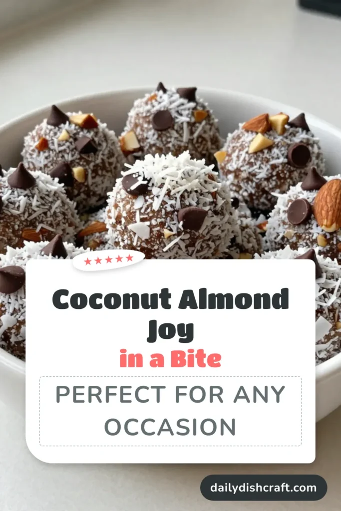 Indulge in these Coconut Almond Joy Energy Bites, the ultimate healthy snack bites that satisfy your sweet cravings! This easy Almond Joy bites recipe combines pitted dates, shredded coconut, creamy almond butter, and dark chocolate for a delicious, no-bake energy bite. Perfect for a quick energy boost, these coconut energy bites are both nutritious and simple to make. Try them today and add a tasty, guilt-free treat to your snack repertoire! #HealthySnacks #EnergyBites #SnackRecipes #NoBakeTreats
