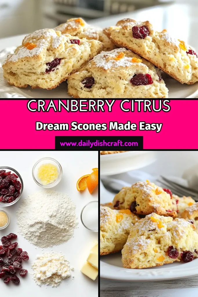 Indulge in these delightful cranberry citrus scones with our easy scone recipe! Bursting with flavor from dried cranberries and orange zest, this homemade scones with buttermilk are perfect for any occasion. Get ready to impress with this simple orange zest scone recipe that results in perfectly flaky, golden treats. Perfect for breakfast or tea time&mdash;save this recipe for a cozy day in! #CranberryCitrusScones #EasySconeRecipe #DriedCranberryScones #HomemadeScones