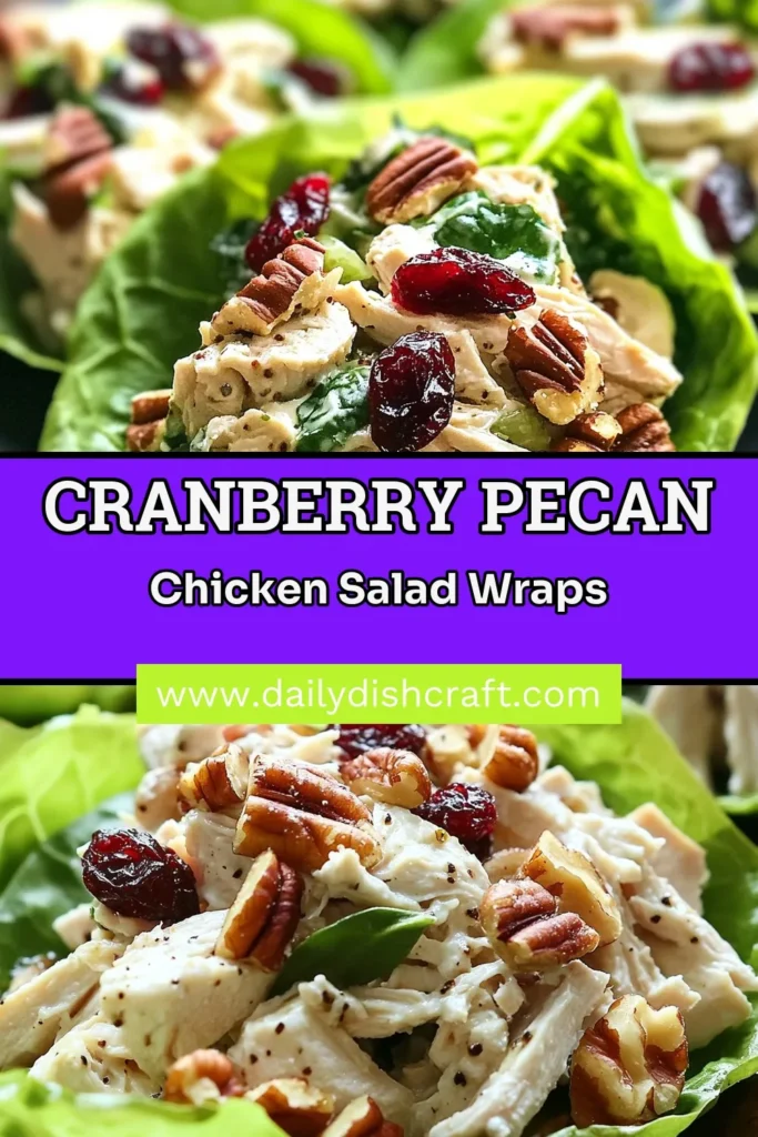 Savor the delightful taste of our Cranberry Pecan Chicken Salad Wraps! This recipe combines tender shredded chicken, sweet dried cranberries, crunchy pecans, and a creamy Greek Yogurt Dressing for an easy and healthy lunch wrap. Perfect as lettuce wraps or in whole wheat tortillas, these easy lunch wraps are a fresh take on meal prep. Try this recipe today for a tasty, nutritious option! Save this idea! #HealthyChickenWraps #EasyLunchWraps #LettuceWrapRecipes #GreekYogurtDressing