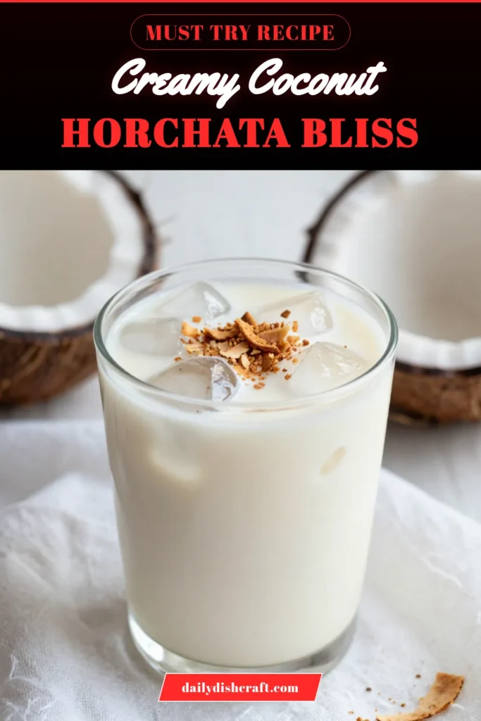Discover the refreshing taste of Creamy Coconut Horchata, the ultimate Coconut Rice Drink Recipe that's perfect for warm days! This Homemade Horchata combines creamy coconut milk, sweetened condensed milk, and a hint of cinnamon for a tropical twist. Enjoy this delicious beverage over ice, topped with toasted coconut flakes. Perfect for parties or a relaxing day at home! Save this recipe for your next tropical drink adventure. #CoconutHorchata #TropicalDrinkRecipes #RefreshingCoconutBeverages #HomemadeHorchata