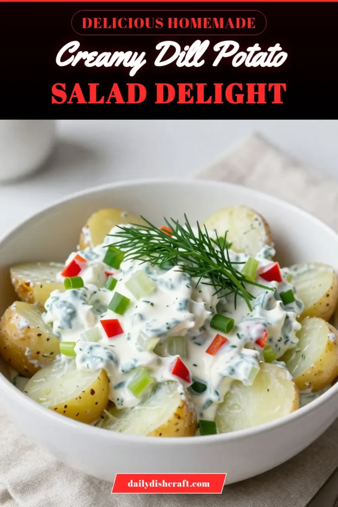 Looking for a refreshing summer side dish? Try this Tangy Dill Potato Salad recipe! Made with creamy Greek yogurt and packed with fresh dill, it's a healthy potato salad recipe that's easy to whip up. Perfect for picnics or barbecues, this dill potato salad with yogurt is sure to impress. Don&rsquo;t forget to save this recipe for your next meal! #PotatoSalad #HealthyRecipes #SummerSides #EasyRecipes