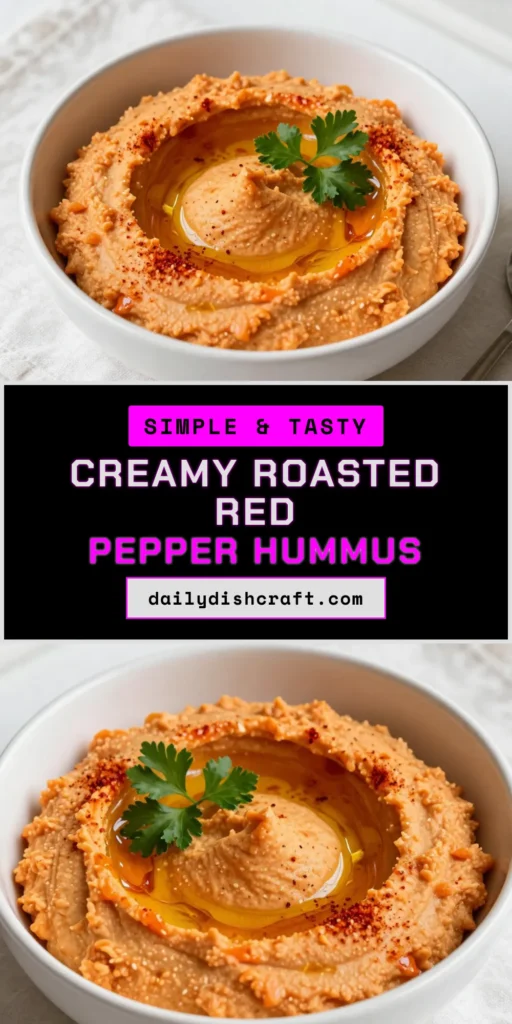 Discover the deliciousness of roasted red pepper hummus with this easy hummus recipe that&rsquo;s perfect for any occasion! This healthy appetizer is a creamy, flavorful vegan dip recipe made with simple ingredients. Whip up this homemade hummus dip in just 10 minutes, and impress your guests with its vibrant color and taste. Ready to elevate your snacking? Save this recipe now! #RoastedRedPepperHummus #HealthyAppetizer #VeganDip #EasyHummusRecipe