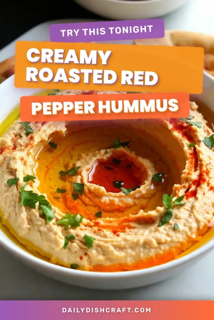 Looking for a delicious and healthy appetizer? Try this Roasted Red Pepper Hummus recipe! This easy hummus with chickpeas is perfect for parties or a snack. Made with tahini hummus with garlic, it&rsquo;s a homemade roasted red pepper dip that will impress your guests. Ready in just 10 minutes, it&rsquo;s packed with flavor and nutrients. Save this recipe for your next gathering! #HealthyEating #HummusRecipe #AppetizerIdeas #DipRecipes