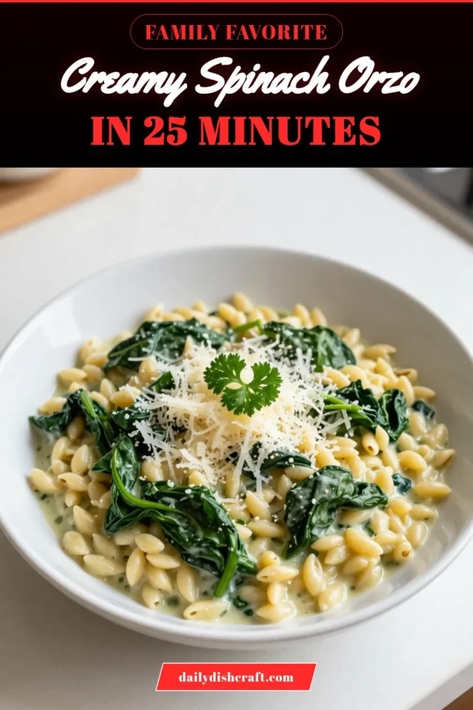 Discover the ultimate creamy spinach orzo recipe that combines fresh spinach with rich Parmesan for a mouthwatering vegetarian orzo meal. This easy creamy pasta dish is not only delicious but also a healthy spinach recipe that your family will love. Perfect for weeknight dinners, it's ready in just 25 minutes! Save this recipe for a delightful meal that packs flavor and nutrition. Try it tonight! #CreamySpinachOrzo #ParmesanOrzo #EasyCreamyPasta #HealthySpinachRecipes